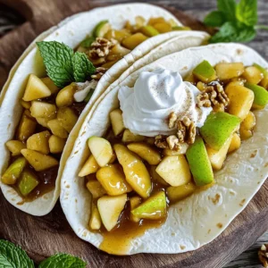 - 1 large apple (preferably Granny Smith or Honeycrisp), peeled, cored, and diced - 1 tablespoon unsalted butter - 1 teaspoon ground cinnamon - 2 tablespoons packed brown sugar - 1 cup cream cheese, softened at room temperature - 1/2 cup powdered sugar - 1 teaspoon pure vanilla extract - 8 small flour tortillas - 1/4 cup chopped walnuts (optional for extra crunch) - Whipped cream, for topping - Fresh mint leaves, for optional garnish I often use brands like Philadelphia for cream cheese. Their cream cheese gives a smooth and creamy texture. For tortillas, I like to choose Mission or TortillaLand. Both brands offer fresh and soft tortillas. For apples, Granny Smith and Honeycrisp are my go-to choices. They add the right tartness and sweetness to the dish. If you don’t have cream cheese, try using mascarpone. It works well and tastes great. For a dairy-free option, look for vegan cream cheese. In place of brown sugar, you can use coconut sugar for a different flavor. If you need a gluten-free version, swap the flour tortillas for corn tortillas. They will still hold the filling nicely. To make the apples soft and sweet, start by melting unsalted butter in a skillet over medium heat. Once the butter melts, add the diced apples. Sprinkle in ground cinnamon and brown sugar. Stir everything well to coat the apples. Cook them for about 5-7 minutes. You want the apples to become tender and a bit caramelized. When they are done, take them off the heat and let them cool slightly. For the creamy filling, take a medium bowl. Mix together softened cream cheese, powdered sugar, and vanilla extract. Use an electric mixer or a whisk to beat this mixture until it is smooth and creamy. Make sure there are no lumps. This will create a nice texture for your tacos. Now, let’s put it all together. First, warm your flour tortillas. You can do this in a skillet for 20-30 seconds on each side or in the microwave for 10-15 seconds while wrapped in a damp paper towel. This makes them soft and easy to fold. Lay each warm tortilla flat on a plate. Spread a generous layer of the cream cheese filling in the center. Be careful not to let it spill over the edges. Next, spoon the sautéed apple mixture over the cheesecake layer. Make sure to distribute it evenly. If you want some crunch, sprinkle chopped walnuts over the apples. Now, fold each tortilla in half to make a taco shape. Place them neatly on serving plates. Finally, top each taco with whipped cream. For extra flair, add fresh mint leaves as a garnish. Enjoy your delicious Apple Cheesecake Tacos! You can find the full recipe in the section above. To make the apples shine, choose the right kind. Granny Smith apples add tartness. Honeycrisp apples offer sweetness. Both types have a crisp bite. Sauté the apples until they caramelize. This step enhances their natural sweetness. Use ground cinnamon to boost flavor. You can also try nutmeg or allspice for variety. The key is to balance the sweet and tart notes. For a creamy filling, use room-temperature cream cheese. This helps it mix smoothly. Combine cream cheese, powdered sugar, and vanilla extract well. Beat until you have a lump-free texture. If you want a lighter filling, fold in some whipped cream. This adds air and makes it fluffy. Warm tortillas before using them. This makes them soft and easy to fold. You can heat them in a skillet or microwave. If using the microwave, wrap them in a damp paper towel. This keeps them moist. Handle them gently to avoid tearing. If they do tear, don’t worry! Just use them as is. You can still fill and enjoy them. For a unique twist, try frying the tortillas for a crispy shell. You can find the full recipe to guide you further. {{image_4}} You can change up the flavors in your apple cheesecake tacos. Try adding spices like nutmeg or ginger for a warm kick. You can also mix in other fruits. Pears or berries add a fresh burst of flavor. Each fruit brings its own taste, making every bite unique. This keeps your dessert exciting and fun. Toppings can elevate your tacos. A drizzle of caramel sauce adds sweetness and richness. Chocolate chips offer a delightful contrast to the creamy filling. You could also try crushed graham crackers for a crunchy bite. Don't forget whipped cream on top; it adds a fluffy texture that everyone loves. If you need to make this dish fit your diet, it’s easy to modify. For a vegan version, use plant-based cream cheese and replace butter with coconut oil. You can also use corn tortillas for a gluten-free option. These swaps keep the flavor while fitting different dietary needs. Enjoy your dessert without worry! To keep your Apple Cheesecake Tacos fresh, place them in an airtight container. Use parchment paper between the layers to prevent sticking. Store the tacos in the fridge if you plan to eat them within a few days. Reheat your tacos in a skillet over medium heat. This keeps the tortillas soft and warm. Heat them for about 1-2 minutes on each side. You can also warm them in the microwave. Just place them on a plate and cover with a damp paper towel. Heat for 15-20 seconds. Apple Cheesecake Tacos stay fresh for about 3 days in the fridge. They taste best when eaten right away, but you can still enjoy them later. If you freeze them, use them within a month for the best flavor. When ready to eat, thaw in the fridge overnight and reheat. You can use corn tortillas if you prefer a gluten-free option. Corn tortillas are sturdy and will hold the filling well. You can also try large lettuce leaves for a lighter touch. They add a nice crunch and fresh flavor. If you want something sweet, consider using crepes. They give a unique twist to the classic taco. Yes, you can prepare parts of this recipe ahead of time. You can sauté the apples and make the cream cheese filling a day in advance. Just store them in the fridge. When you're ready to serve, warm the tortillas and assemble the tacos. This way, you save time and still enjoy a fresh dessert. To keep your tacos crisp, warm the tortillas just before serving. Avoid overfilling them. Use a paper towel to absorb any excess moisture from the apple filling. If you want extra crunch, serve the tacos immediately after filling them. Enjoy them fresh for the best taste and texture. In this post, we covered the key ingredients, from recommended brands to substitutions. You learned how to sauté apples, make a creamy filling, and assemble tasty tacos. We shared tips for flavor, texture, and handling tortillas. Plus, we explored variations to suit your taste and dietary needs. Don't forget to store your leftovers properly for the best taste later. With these steps and tricks, you can whip up delicious apple tacos that impress anyone. Enjoy the process and have fun experimenting with flavors!
