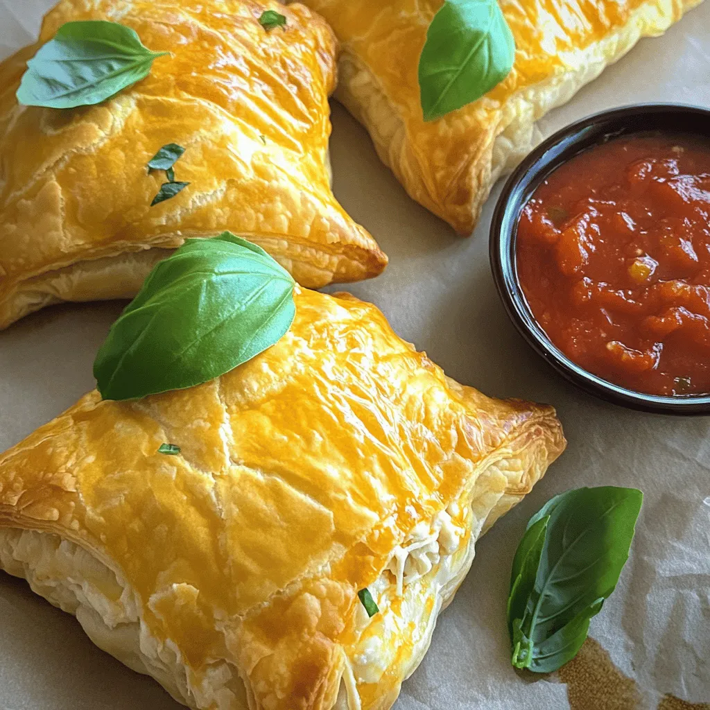 Making Chicken Parmesan Pillows is simple and fun. You can enjoy these tasty bites in just 40 minutes. They are perfect for dinner or a snack. You'll need the following key ingredients: - 2 cups cooked chicken, shredded - 1 cup ricotta cheese - 1 cup grated mozzarella cheese - 1/2 cup grated Parmesan cheese - 1 large egg, beaten - 1 teaspoon garlic powder - 1 teaspoon Italian seasoning - 1 teaspoon salt - 1/2 teaspoon freshly ground black pepper - 1 package (1 sheet) of puff pastry, thawed - 1/4 cup marinara sauce (for serving) - Fresh basil leaves for garnish These ingredients combine to create a rich and creamy filling. The puff pastry adds a nice crunch. Feel free to get creative! You can add spinach for some greens. Try using shredded mozzarella instead of ricotta for a different taste. If you want a spicy kick, add red pepper flakes to the mix. You could even swap the chicken for turkey or cooked veggies for a vegetarian option. To start, gather your ingredients. You will need cooked chicken, ricotta, mozzarella, Parmesan, and seasonings. In a large bowl, mix the shredded chicken with ricotta and both cheeses. Add the beaten egg, garlic powder, Italian seasoning, salt, and black pepper. Stir until everything is well combined. This mixture becomes the heart of your Chicken Parmesan pillows. Now, roll out the puff pastry on a floured surface. Aim for about 1/8 inch thick. Cut the pastry into 4x4-inch squares. In the center of each square, place a spoonful of the chicken mixture. Be careful not to overfill! Fold each square into a triangle and pinch the edges to seal. You can crimp the edges with a fork for a nice look. Arrange the pillows on a lined baking sheet, leaving space between them. Preheat your oven to 400°F (200°C). Once the oven is hot, bake the pillows for 18-20 minutes. They should puff up and turn golden brown. After baking, let them cool for a few minutes. Serve warm with marinara sauce for dipping or drizzled on top. For a fresh touch, add basil leaves as a garnish. This simple process makes your Chicken Parmesan Pillows a delight to eat! To get that perfect flaky puff pastry, keep it cold. Warm pastry does not puff well. When you roll it out, use a light touch. Aim for a thickness of about 1/8 inch. If the pastry gets too warm, pop it back in the fridge for a few minutes. This helps it stay nice and flaky when you bake it. Always remember to use a lightly floured surface. This keeps the pastry from sticking and makes it easy to handle. For a moist filling, use freshly cooked chicken. Shredded chicken works best. Mixing in ricotta, mozzarella, and Parmesan cheese adds creaminess. Don’t skip the beaten egg; it binds the filling and keeps it from drying out. Season well with garlic powder, Italian seasoning, salt, and pepper. Taste your filling before sealing the pillows. Adjust the seasoning if needed. This step makes sure every bite is full of flavor. When serving Chicken Parmesan Pillows, marinara sauce is a must! Drizzle it on top or serve it on the side for dipping. This adds great flavor and moisture. For a fresh touch, add basil leaves on top. They look pretty and taste amazing. You can also serve these pillows with a side salad or garlic bread. This adds extra crunch and flavor to your meal. Enjoy your tasty Chicken Parmesan Pillows with friends and family! {{image_4}} If you want a meat-free meal, try these vegetarian options. You can swap the chicken for cooked spinach or sautéed mushrooms. For added flavor, mix in some artichoke hearts or roasted red peppers. These ingredients keep the dish fresh and tasty. Use the same cheese blend for a creamy filling. You can follow the Full Recipe for guidance on the dough and baking. For those who love a kick, add some heat to your pillows. Mix in chopped jalapeños or crushed red pepper flakes with the chicken filling. You could also use spicy sausage instead of regular chicken. This change will give a bold flavor. Remember to adjust the salt to balance the heat. The result will be a zesty twist on the classic dish. Cheese is key to great flavor. You can experiment with different cheeses in your pillows. Try using feta cheese for a tangy taste or pepper jack for spice. Mixing in some cheddar adds richness. Don't forget to keep the mozzarella for that gooey texture. These cheese combos can make your Chicken Parmesan Pillows unique and exciting. To keep your Chicken Parmesan Pillows fresh, store them in an airtight container. Let them cool completely before sealing them up. This will help prevent sogginess. You can keep them in the fridge for up to three days. If you don't eat them all, you can also freeze the leftovers. When you are ready to enjoy your leftovers, reheating is key. Preheat your oven to 350°F (175°C). Place the Chicken Parmesan Pillows on a baking sheet. Bake them for about 10-15 minutes. This will make them warm and crispy again. You can also use a microwave, but the oven gives a better texture. You can freeze Chicken Parmesan Pillows, but follow a few simple steps. First, let them cool completely. Then, wrap each pillow in plastic wrap and place them in a freezer bag. This prevents freezer burn. They can last for up to three months. Avoid freezing them after they have been baked. This can change their texture and taste. You can prepare Chicken Parmesan Pillows in advance. First, make the filling and assemble the pillows. After sealing them, you can place them on a baking sheet. Cover the sheet with plastic wrap and put it in the fridge. This keeps them fresh for a day. When you're ready to cook, just bake them straight from the fridge. Add a few extra minutes to the baking time. Chicken Parmesan Pillows pair well with many sides. You can serve a fresh salad with mixed greens, cherry tomatoes, and a light vinaigrette. Garlic bread offers a crunchy, buttery complement. For a heartier option, serve them with pasta topped with marinara sauce. You can also add a side of steamed vegetables, like broccoli or green beans, for a balanced meal. Yes, you can use other meats in Chicken Parmesan Pillows. Ground turkey, beef, or pork work well too. Just make sure to cook the meat fully before mixing it with the cheeses and spices. For a unique twist, try using shredded rotisserie chicken for added flavor and ease. You can even go meatless and use mushrooms or lentils for a vegetarian version. This blog post covered everything you need for Chicken Parmesan Pillows. We explored the key ingredients, from the essential chicken to tasty optional add-ins. I shared step-by-step instructions for making these pillows, ensuring your process is easy and fun. Don't forget the tips for perfect flaky pastry and a moist filling. You can also try variations like vegetarian options or spicy flavors. Finally, I provided storage tips to keep leftovers fresh. Now you can enjoy these delicious pillows anytime!