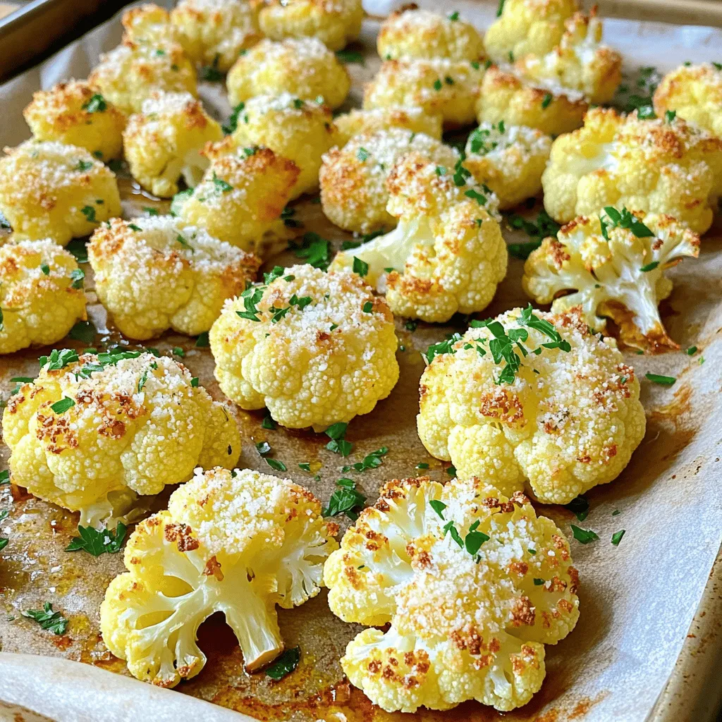 To make this dish, you need a few key items: - 1 medium head of cauliflower, cut into bite-sized florets - 1/2 cup freshly grated Parmesan cheese - 1/4 cup extra virgin olive oil - 1 teaspoon garlic powder - 1 teaspoon onion powder - 1/2 teaspoon smoked paprika - Sea salt and freshly cracked black pepper, to taste - Fresh parsley, finely chopped (for garnish) These simple ingredients come together to create a tasty and crispy dish. The cauliflower brings a nice texture, while the Parmesan adds a rich flavor. You can enhance the taste even more by adding: - Crushed red pepper flakes for heat - Lemon zest for a bright twist - Fresh herbs like thyme or rosemary Feel free to mix and match these options. They can elevate your dish to new heights! You will need a few tools to make this recipe easier: - A large mixing bowl - A baking sheet lined with parchment paper - A spatula or tongs for tossing - A cheese grater for the Parmesan Having the right tools helps you prepare everything efficiently. This way, you focus on creating a delicious meal without any hassle. For the full recipe, check the details provided above. First, preheat your oven to 425°F (220°C). This step is key for crispy cauliflower. While the oven heats, take a baking sheet and line it with parchment paper. This makes cleanup easy and prevents sticking. In a large bowl, mix together the olive oil, garlic powder, onion powder, smoked paprika, sea salt, and black pepper. Stir until the blend is smooth and fragrant. This marinade gives the cauliflower its delicious flavor. Next, add the cauliflower florets to the bowl. Toss them gently in the marinade. Make sure each floret gets coated well. This step is crucial for flavor. Spread the coated florets on the prepared baking sheet. Ensure they are in a single layer for even roasting. Sprinkle the grated Parmesan cheese over the top. This adds a tasty, crunchy layer. Roast in the oven for 25-30 minutes. Make sure to stir halfway through. You want a golden brown color. Once done, take the baking sheet out and let the cauliflower cool for a couple of minutes. This helps keep it crispy. Before serving, add some freshly chopped parsley on top. It adds color and a fresh taste. For an appealing presentation, serve on a nice platter and drizzle with a bit more olive oil. For the full recipe, check out the details above. To get the best crunch, follow these tips: - Use fresh cauliflower: Fresh florets roast better than frozen ones. - Keep space between florets: Don’t crowd the pan; give them room to breathe. - Coat evenly: Make sure each piece has a good layer of oil and seasoning. - Add cheese halfway: For the crispiest texture, sprinkle cheese halfway through cooking. Seasoning is key for flavor. You can customize it to fit your taste: - Add more garlic: If you love garlic, increase the garlic powder amount. - Spice it up: Try adding a pinch of cayenne for heat. - Fresh herbs: Add fresh rosemary or thyme for an herby kick. - Experiment with cheese: Different cheeses like cheddar or feta can change the taste. Timing and temperature make a big difference: - Preheat your oven: Always start with a hot oven at 425°F (220°C). - Roast for 25-30 minutes: This gives you a nice, golden color. - Stir halfway: Give the florets a stir at the halfway point for even cooking. - Watch the clock: Keep an eye on them towards the end to avoid burning. For the complete cooking process, follow the [Full Recipe]. {{image_4}} You can switch up the cheese for your crispy Parmesan roasted cauliflower. Try using Pecorino Romano for a sharper bite. Asiago adds a nutty flavor, while Gruyère brings a creamy touch. Each cheese gives a unique twist. Feel free to mix cheeses for extra depth. Just remember to adjust the amount based on how strong the cheese is. Experiment with different spices to create new flavor profiles. Cumin adds warmth, while curry powder gives a bold kick. For a zesty twist, add lemon zest or a bit of chili powder. You can also try mixing in fresh herbs like thyme or rosemary. These small changes can make your dish exciting. Each combination brings a new taste adventure. Want to make your dish heartier? Add other vegetables to your crispy cauliflower. Brussels sprouts roast well and add crunch. Carrots bring sweetness and color, while broccoli offers a nice contrast. Cut all veggies to a similar size for even cooking. Toss them in the same marinade as the cauliflower for a complete flavor experience. This mix not only looks great but also tastes delicious. To keep your leftover roasted cauliflower fresh, let it cool down first. Place it in an airtight container. It can stay in the fridge for up to four days. Make sure to label the container with the date. This way, you won't forget when you made it. For best results, reheat your leftover cauliflower in the oven. Set it to 350°F (175°C). Spread the cauliflower on a baking sheet. Heat it for about 10-15 minutes. This method keeps it crispy. Avoid using the microwave, as it can make the cauliflower soggy. If you want to store it longer, you can freeze the roasted cauliflower. Place the cooled florets in a freezer-safe bag. Remove as much air as possible before sealing. They can last for up to three months in the freezer. When you're ready to eat, thaw them in the fridge overnight before reheating. For the best flavor, use the frozen cauliflower within one month. Enjoy your crispy Parmesan roasted cauliflower even later! For the [Full Recipe], check the earlier sections. Yes, you can use frozen cauliflower. However, fresh cauliflower gives the best texture. If you use frozen, thaw it first. Pat it dry with a paper towel. This helps remove excess moisture. Less moisture means crispier results. Crispy Parmesan Roasted Cauliflower pairs well with many dishes. You can serve it with grilled chicken or fish. It also goes nicely with a fresh salad or quinoa. This dish makes a great side for pasta or as a main for a vegetarian meal. Absolutely! This recipe is great for meal prep. Make a big batch and store it in the fridge. It lasts for up to four days. Just reheat it in the oven for a few minutes to regain crispiness. To make this dish vegan-friendly, swap the Parmesan cheese for a vegan cheese. Nutritional yeast is another great choice. It adds a cheesy flavor without dairy. You can also try a mix of breadcrumbs and spices for extra crunch. Cauliflower is low in calories but high in nutrients. It is rich in vitamins C, K, and B6. Cauliflower is also a good source of fiber. This helps support digestion and keeps you full. Plus, it’s packed with antioxidants that may help protect your body. This blog post covers how to make Crispy Parmesan Roasted Cauliflower. You learned about key ingredients, tools needed, and step-by-step instructions. We also shared tips for perfect crispiness and variations to try. Storing and reheating leftovers was discussed too. In summary, this dish is tasty, easy, and fun to make. Enjoy experimenting with flavors and share your creations with others. Happy cooking!