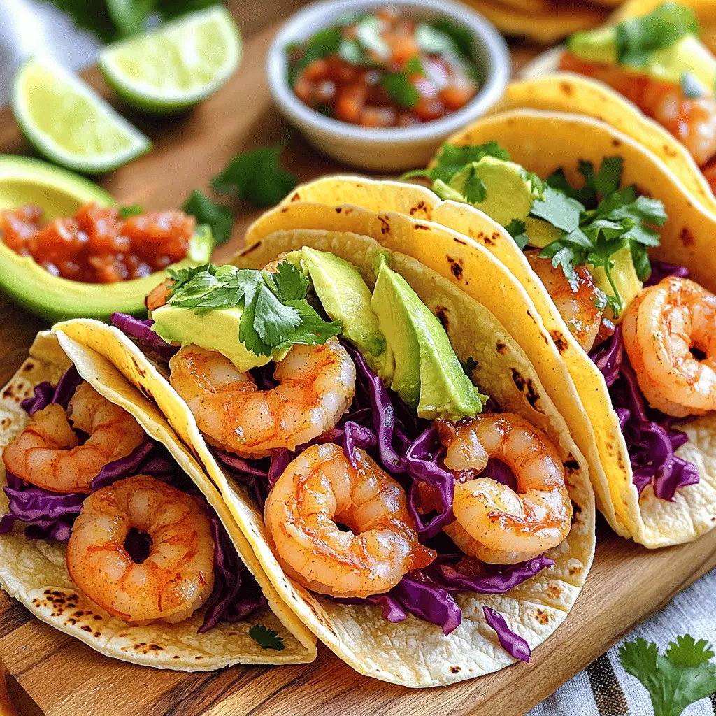 - 1 lb shrimp, peeled and deveined - 2 tablespoons extra virgin olive oil - 3 cloves garlic, finely minced - Zest and juice of 2 fresh limes - 1 teaspoon ground cumin - 1 teaspoon smoked paprika - 1/2 teaspoon chili powder - Salt and freshly ground black pepper to taste - 8 small corn tortillas - 1 cup red cabbage, very thinly sliced - 1 ripe avocado, sliced into wedges - 1/2 cup fresh cilantro, roughly chopped - 1/4 cup salsa (your choice, store-bought or homemade) - Lime wedges, for serving For four servings, use 1 lb of shrimp. If you need to make fewer, cut the shrimp down to 1/2 lb. You can replace shrimp with chicken if you like. Keep the spices to make sure the flavor stays strong. If you want more shrimp, just double the amount. Lime and cilantro are key. Lime adds a bright, zesty taste. Fresh cilantro gives a herbaceous note that enhances the dish. The spices, like cumin and smoked paprika, build a warm and rich flavor. Together, these elements create a taco that is both fresh and bold. The balance between lime and spices makes each bite exciting. Enjoy the mix of flavors in every taco. For the full recipe, check the details above. To start, gather your shrimp and marinade ingredients. You need shrimp, garlic, olive oil, lime zest, lime juice, cumin, smoked paprika, chili powder, salt, and pepper. 1. In a medium bowl, mix the shrimp with the minced garlic and olive oil. 2. Add the lime zest and lime juice for that fresh flavor. 3. Sprinkle in the cumin, smoked paprika, chili powder, and a pinch of salt and pepper. 4. Stir everything well until the shrimp are fully coated. Let the shrimp marinate for 15-20 minutes. This time allows the shrimp to soak up all the zesty flavors. Next, let’s cook the shrimp. You can grill or pan-sear them. Each method gives a tasty result. 1. Preheat your grill pan or skillet over medium-high heat. 2. Once hot, add the marinated shrimp in a single layer. Don’t overcrowd the pan. 3. Cook for about 2-3 minutes on each side. The shrimp should turn pink and opaque. For perfect texture, be careful not to overcook them. Overcooked shrimp can turn rubbery. While the shrimp cooks, it's time to warm the tortillas. Warm tortillas make a big difference in taste and texture. 1. Use another skillet or a gas flame to heat the corn tortillas. 2. Heat each tortilla for about 30 seconds on each side. They should be soft and slightly toasted. This step helps make the tortillas more pliable and flavorful. Now comes the fun part—assembling your tacos. 1. Start with a layer of shredded red cabbage on a warmed tortilla. 2. Add a few pieces of cooked shrimp on top. 3. Next, place avocado slices and a sprinkle of fresh cilantro. 4. Finish with a spoonful of your favorite salsa. Layering the ingredients this way ensures you get a burst of flavor in every bite. Enjoy your Zesty Cilantro Lime Shrimp Tacos, best served warm! For more detailed instructions, check the Full Recipe. To make your tacos pop with flavor, balance is key. Use lime juice and zest to give a bright taste. The lime works well with spices like cumin and paprika. Together, they create a wonderful mix. Marinating shrimp is a must for great flavor. In a bowl, combine shrimp with garlic, olive oil, and lime. Let it sit for 15 to 20 minutes. This helps the shrimp soak up all the zesty goodness. The longer you marinate, the more intense the taste. Serving your tacos in a fun way makes them more inviting. Stack them on a colorful platter to catch the eye. You can add lime wedges and extra salsa around the tacos. This adds color and makes the dish look fresh. For garnishing, sprinkle chopped cilantro on top. This adds a bright green touch and a fresh flavor. You could also slice radishes or add pickled onions for extra flair. Using the right pans can make a big difference. A grill pan or a cast-iron skillet works best for shrimp. These tools help you get that nice sear. They also cook the shrimp evenly, so they turn out perfect. For taco assembly, a sturdy spatula is helpful. It allows you to lift and flip without breaking the tortillas. A small bowl for salsa can keep it handy while you build your tacos. For the full recipe, check out the details above! {{image_4}} You can switch out shrimp for other proteins. Fish works well, especially white fish like tilapia or cod. Chicken is another great choice. You can grill or sauté it with the same marinade for a tasty twist. If you're looking for vegetarian options, consider black beans or grilled vegetables. These choices add flavor and texture without meat. Corn tortillas are traditional and have a nice flavor. They are also gluten-free. Flour tortillas are softer and more pliable, making them easy to fold. You can customize the size too. Small tortillas are perfect for appetizers, while larger ones can be great for hearty meals. Choose based on what you like best. Want more heat? Add diced jalapeños or a splash of your favorite hot sauce to the shrimp. For a fresh touch, mix in seasonal vegetables like bell peppers or zucchini. These add color and crunch to your tacos. You can find the full recipe to explore even more ideas. To keep your shrimp fresh, store it in an airtight container in the fridge. Shrimp is best if used within two days. If you have extra shrimp, freeze it for later. Wrap it tightly in plastic wrap and then place it in a freezer bag. This keeps it safe for up to three months. For tortillas, keep them in a separate bag at room temperature. If you have sliced avocado or other toppings, store them in small containers. This prevents them from getting soggy or mushy. When reheating shrimp, use a skillet over medium heat. Add a splash of oil and heat for a few minutes. This helps the shrimp warm evenly and stay juicy. Avoid using high heat, as it can make the shrimp tough. For tortillas, heat them in a dry skillet for about 30 seconds on each side. This keeps them from getting too soft. If you have leftover tortilla wraps, wrap them in foil while reheating. This helps maintain their shape and texture. Shrimp lasts about 1-2 days in the fridge. If it smells off or looks discolored, it’s time to toss it. Tortillas can last up to a week in the pantry. Check for mold or a dry texture. Fresh cilantro keeps for about a week in the fridge. If it wilts or turns brown, it's best to discard it. The same goes for the red cabbage; use it within a week for the best crunch. Remember to check your salsa as well, which lasts about a week once opened. Yes, you can prep some parts ahead. Marinate the shrimp for up to two hours. You can also slice the cabbage and avocado in advance. Keep the shrimp and toppings in separate containers. Just warm the tortillas and cook the shrimp when ready to eat. You can use frozen shrimp. Just thaw them before cooking. If you prefer, try diced chicken or tofu. Both options will absorb the marinade well, giving you great flavor. Add more chili powder or some diced jalapeños to the shrimp. You can also serve with a spicy salsa. Hot sauce is another easy way to kick up the heat. Yes! Look for corn tortillas, as they are gluten-free. Check the label to make sure they don't have added gluten. You can also use lettuce wraps for a low-carb option. Great sides include Mexican rice or black beans. You can also serve a fresh salad with lime vinaigrette. Grilled corn on the cob adds a nice touch too. For a fun twist, try tortilla chips with salsa or guacamole. For the full recipe, check out the complete instructions and details! This blog post covered how to make zesty cilantro lime shrimp tacos. We discussed main ingredients, measurements, and essential flavors. I shared step-by-step instructions for marinating and cooking shrimp. You learned tips for assembling tacos and suggested variations for different diets. In conclusion, these tacos are easy and fun to make. Enjoying bold flavors will impress your friends and family. Don’t hesitate to experiment with ingredients or sides. Happy cooking!
