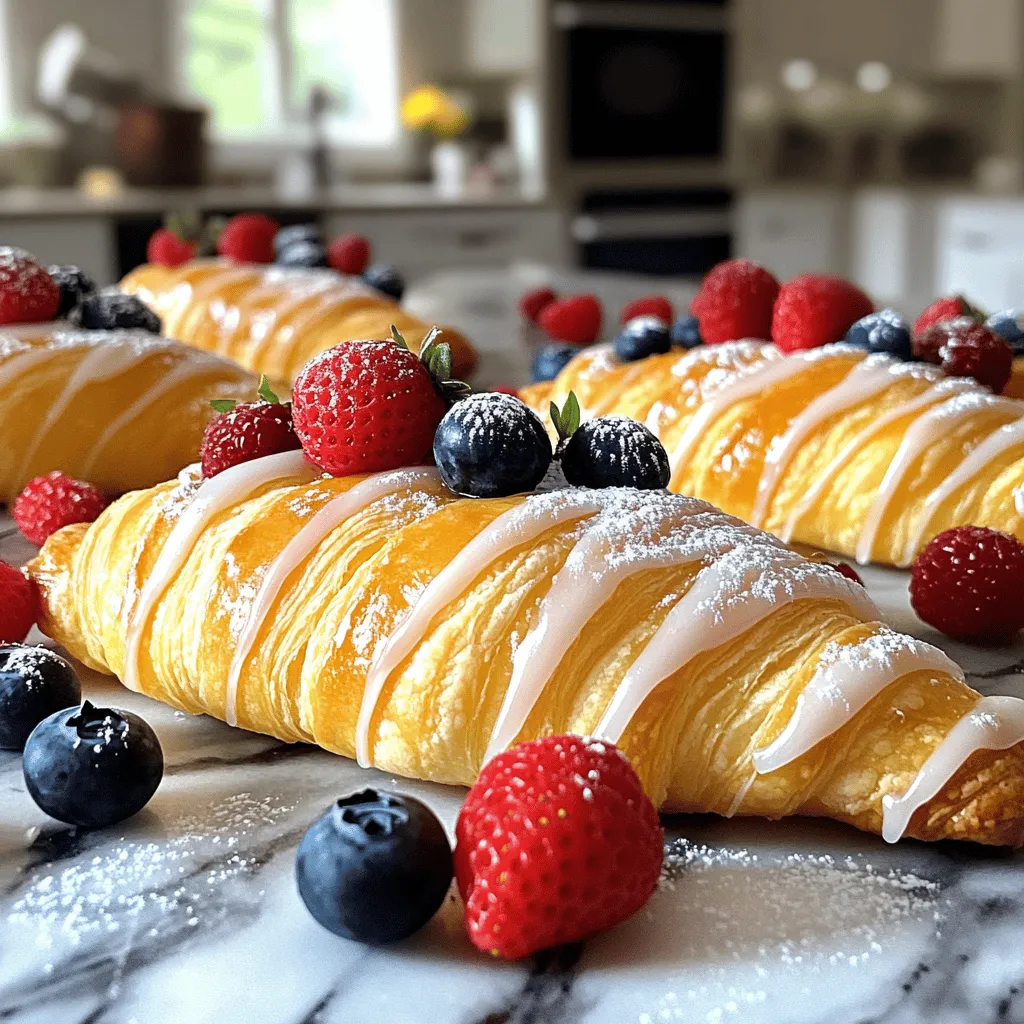 To make a delicious Irresistible Cheesecake Danish, gather these simple ingredients: - 1 package (8 oz) cream cheese, softened to room temperature - 1/4 cup granulated sugar - 1/2 teaspoon vanilla extract - 1 tablespoon freshly squeezed lemon juice - 1 package (1 lb) refrigerated crescent dough - 1 egg, beaten (for egg wash) - 1/4 cup powdered sugar (for drizzling) - Fresh berries (raspberries, blueberries, or strawberries) for garnish - Optional: 1/2 teaspoon almond extract for an enhanced flavor profile These ingredients create a rich and creamy filling. The crescent dough adds a flaky, buttery touch. You can also adjust the flavor with optional extracts. This easy recipe lets you enjoy a sweet treat in no time. Don't forget to check the Full Recipe for more details! - Preheat oven to 375°F (190°C). - Line a large baking sheet with parchment paper. Start by preheating your oven. This gets the heat ready for the danishes. Next, take a baking sheet and line it with parchment paper. This helps the danishes not stick. - Combine cream cheese, sugar, vanilla, and lemon juice. - Use hand mixer for smooth consistency. Now, let’s make the cream cheese filling. In a bowl, mix together the cream cheese, granulated sugar, vanilla extract, and lemon juice. The lemon juice adds a nice zing! Use a hand mixer to blend everything until it is smooth. Make sure there are no lumps for a creamy texture. - Prepare and flatten crescent dough. - Fill and shape each danish. - Apply egg wash before baking. Next, unroll the crescent dough. You’ll want to separate it into rectangles. Pinch the seams to seal them. Use a rolling pin or your hands to flatten each rectangle a bit. Now, take two tablespoons of the creamy filling and place it in the center of each rectangle. Leave about an inch from the edges so you can seal them. Fold over the edges to make a neat shape. Pinch the seams well to keep the filling inside. Finally, take your beaten egg and brush it on top of each danish. This makes them golden and shiny when baked. Now, you are ready to bake! Check the [Full Recipe] for more details. To handle crescent dough well, keep it cold. Cold dough is easier to work with. When you unroll it, lay it flat on a clean surface. Pinch the seams to make rectangles. Use a rolling pin to flatten them slightly. This helps them bake evenly. To ensure even baking, space the danishes well on the baking sheet. Leave room between them. This allows hot air to flow around each one. Bake them until they turn golden brown. Check them at the 12-minute mark. If they look puffy and brown, they are likely ready. For added flavor, consider extra extracts. Almond extract adds a nice twist. You can also try orange or coconut extract. Each brings a new taste to your danish. Think about what you like most! You can modify the filling too. Try adding a bit of fruit puree to the cream cheese. You can swirl in raspberry or blueberry puree for a fruity kick. This makes your filling even more exciting! To serve your danishes attractively, think about the plate. A rustic wooden board or a white platter works well. This makes the golden color pop. You can dust them with powdered sugar for a touch of elegance. Garnishing with fresh berries adds color and freshness. Place a few berries on top of each danish. You can use raspberries, blueberries, or strawberries. They not only look good but taste great too. Enjoy your beautiful and tasty creation! {{image_4}} You can switch up the cheese in your Danish. Ricotta or mascarpone cheese makes a great filling. Both add a creamy texture and a mild taste. You can also mix in flavors like melted chocolate or fruit purees. Chocolate gives a rich twist. Fruit purees like raspberry or strawberry add a fruity zing. Both options make your cheesecake Danish even more fun. Seasonal fruits can elevate your Danish. Use fresh berries in summer, like strawberries or blueberries. In fall, try apples or pears for a cozy touch. You can also get creative with your icing. A lemon glaze adds brightness. A chocolate drizzle gives a sweet finish. Each season brings different flavors, making every Danish unique. If you're gluten-free, don’t worry. You can still enjoy this treat. Use gluten-free crescent dough instead of regular dough. Many brands make great options. Always check the label for safe ingredients. Adjust your filling to suit your diet. For example, use gluten-free powdered sugar for the icing. These changes let everyone enjoy the cheesecake Danish without missing out. Store your leftover danishes in the fridge. Place them in an airtight container. They will stay fresh for up to three days. If you want to keep them longer, freeze them. Wrap each danish in plastic wrap, then place them in a freezer bag. They will last up to three months in the freezer. Just remember to label the bag with the date. When it’s time to enjoy your danishes again, you can reheat them in different ways. The oven works best for keeping them crispy. Preheat the oven to 350°F (175°C). Place the danishes on a baking sheet and heat for about 10 minutes. If you’re short on time, use the microwave. Heat each danish for about 15-20 seconds. However, this method can make the pastry soft. To keep the pastry crispy, avoid using the microwave for longer. Enjoy your danishes warm! They taste best fresh out of the oven. A Cheesecake Danish is a soft pastry filled with a creamy cheese mixture. It typically uses cream cheese, sugar, and a hint of vanilla and lemon. The base is often made from crescent dough, which gives it a flaky texture. This treat combines sweet and tangy flavors, making it a favorite for breakfast or dessert. Yes, you can prepare the danishes in advance. Mix the cream cheese filling and store it in the fridge. You can also shape the danishes and leave them unbaked in the fridge for a few hours. When you’re ready, just bake them fresh. They will taste amazing! For longer storage, you can freeze unbaked danishes. Just wrap them well and bake straight from the freezer, adding a few extra minutes to the baking time. You can use puff pastry instead of crescent dough. Puff pastry will give you a lighter and crispier result. You can also try phyllo dough for a unique texture. Each type of dough can change the taste and feel of the final product, so experiment and see which you like best! Look for a golden brown color on the danishes. They should puff up nicely. If they are golden and no longer shiny, they are done. You can also check the bottom; it should be firm and not doughy. Trust your eyes and your nose; they will guide you to perfect danishes! This blog post covered how to make a Cheesecake Danish, from ingredients to storage. You learned about simple steps to prepare the filling and assemble the danish using crescent dough. Tips for perfecting the dough and enhancing flavor added extra value. Remember, variations with different cheeses or fruits can keep things fresh. Proper storage and reheating ensure your danish stays tasty. Enjoy making them for any occasion! They'll impress friends and family alike. Happy baking!