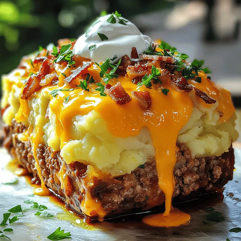 - 1 lb ground beef - 1 lb ground turkey - 2 cups mashed potatoes (prepared, homemade or instant) - 1 small onion, finely chopped - 2 cloves garlic, minced - 1 cup shredded cheddar cheese - 2 large eggs These main ingredients make the heart of the loaded potato meatloaf. Ground beef and turkey give it a rich flavor and a tender texture. The mashed potatoes make it creamy and hearty. The onion and garlic add a nice depth of flavor. Finally, the cheese melts into the mix, making it extra delicious. - 1/2 cup cooked bacon bits - Fresh parsley for garnish Adding bacon bits gives a smoky flavor that many love. It adds crunch and a salty bite. Fresh parsley is a simple way to make the dish look pretty. It also adds a fresh taste that balances the richness of the meatloaf. - 2 tablespoons Worcestershire sauce - Salt and pepper, to taste - 1/2 cup sour cream - 1/4 cup milk The Worcestershire sauce brings umami, giving the meatloaf a deep flavor. Salt and pepper are must-haves for seasoning. Sour cream makes the mix creamy while adding a slight tang. Milk helps keep the meatloaf moist, ensuring a tender final dish. For the full recipe, check out the Ultimate Loaded Potato Meatloaf. - Preheat your oven to 350°F (175°C). This helps cook the meatloaf evenly. - Grease a 9x5 inch loaf pan. This will keep the meatloaf from sticking. - In a large mixing bowl, combine 1 lb ground beef and 1 lb ground turkey. Mix them well until they blend together. - Add 1 small chopped onion, 2 minced garlic cloves, and 2 cups of mashed potatoes to the meat mixture. These add flavor and moisture. - Stir in 1 cup of shredded cheddar cheese and 1/2 cup of cooked bacon bits if you want extra richness. Mix until everything is combined. - In another bowl, whisk together 1/2 cup sour cream, 1/4 cup milk, 2 large eggs, 2 tablespoons Worcestershire sauce, and some salt and pepper. This mixture will keep your meatloaf moist and tasty. - Pour the wet mixture over the meat mixture. Gently fold everything together with your hands or a spatula. Do not overmix; this can make the meatloaf tough. - Gradually add 1/2 cup breadcrumbs to help bind the mixture. Just add enough until it holds together. - Shape the mixture into a loaf and place it in the greased pan. Make sure it is even for best cooking results. For the full recipe, check out the Ultimate Loaded Potato Meatloaf. To ensure a moist meatloaf, use a mix of ground beef and turkey. The beef adds flavor, while the turkey keeps it tender. Don't forget the mashed potatoes; they add moisture too. Mixing in sour cream helps lock in that juicy texture. When it comes to baking temperatures, preheat your oven to 350°F (175°C). This is the perfect heat to cook the meatloaf evenly. If the oven is too hot, the outside cooks too fast. If it's too cool, the inside remains raw. For side dishes, I love pairing this meatloaf with steamed veggies. Broccoli or green beans add color and crunch. A crisp side salad also works well, bringing freshness to the meal. When serving, slice the meatloaf and place it on a warm plate. Top each slice with a dollop of sour cream. A sprinkle of fresh chives adds a pop of color and flavor. This simple presentation makes the dish look gourmet. One common mistake is overmixing the meatloaf. When you combine the ingredients, mix gently. Overmixing makes the meatloaf dense and tough. Another mistake is using the meat thermometer incorrectly. Insert it into the center of the meatloaf. You want it to read 160°F (70°C) for safe eating. If you check it in the wrong spot, you may think it is done when it is not. {{image_4}} You can easily change the meats in this recipe. For a lighter option, use ground chicken or lamb. Each meat brings a unique taste and texture to the dish. You can also swap the mashed potatoes for sweet potatoes. Sweet potatoes add a hint of sweetness and extra nutrition. This simple change can give your meatloaf a new flavor profile. Want to boost the flavor? Try adding different cheeses. Gouda or pepper jack cheese can make it extra special. You can also mix in fresh herbs. Chives, thyme, or parsley will brighten the dish. For more nutrition, add veggies like bell peppers or spinach. These additions make your meatloaf vibrant and tasty. You don’t have to stick to the oven. A slow cooker is a great option for busy days. It cooks the meatloaf slowly, making it juicy and tender. Grilling or smoking your meatloaf is another fun method. This gives it a smoky flavor that pairs well with the potatoes. Each method offers a different taste experience, so feel free to experiment. For the full recipe, check out the earlier section. To keep your loaded potato meatloaf fresh, store leftovers in the fridge. Place the meatloaf in an airtight container. It will stay good for about 3 to 4 days. If you want to save it for longer, freezing is a great option. Wrap the meatloaf in plastic wrap, then in aluminum foil. This helps prevent freezer burn. You can freeze it for up to 3 months. When reheating in the oven, preheat it to 350°F (175°C). Place the meatloaf in a baking dish and cover it with foil. This keeps it moist. Heat for about 20 to 30 minutes, or until it’s warm all the way through. For a quicker method, use the microwave. Slice the meatloaf and place the slices on a microwave-safe plate. Cover with a damp paper towel and heat for 1 to 2 minutes. Check if it's warm enough, and heat more if needed. In the fridge, your loaded potato meatloaf lasts 3 to 4 days. In the freezer, it can last 3 months. Always check for signs of spoilage. If you see any off smells, discoloration, or mold, it’s best to throw it out. Keeping track of these details helps you enjoy your delicious meatloaf safely. For the full recipe, refer to the earlier sections of this article. The cooking time for this meatloaf is about one hour. This is for a standard loaf size. If you make a larger loaf, it may take longer. Always check the center with a meat thermometer. You want it to reach 160°F (70°C). This ensures it is safe and fully cooked. Yes, you can make this meatloaf ahead. Prepare the mixture and shape it into a loaf. Then, cover it tightly and store it in the fridge. It can stay there for up to 24 hours. When you are ready to cook, bake it straight from the fridge. Just remember to adjust the cooking time if baking from cold. If you need a substitute for breadcrumbs, there are many options. You can use crushed crackers or oats. Another good choice is ground nuts or cooked rice. Each of these adds a different flavor and texture. Adjust the amount until the mixture holds together well. You learned how to make the Ultimate Loaded Potato Meatloaf. The main ingredients are ground beef, ground turkey, and mashed potatoes. Optional items like bacon bits and parsley enhance flavor and look. Remember to mix the ingredients gently to avoid dry meatloaf and serve with tasty sides. Consider trying variations such as different meats or herbs to add your twist. Store leftovers properly, and use safe reheating methods. With these tips, you can enjoy a great meal that satisfies. Your cooking can be fun and easy!