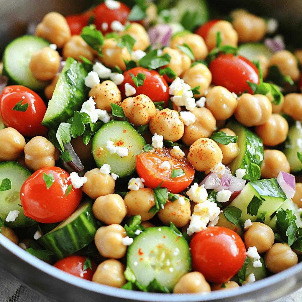 - 1 can (15 oz) chickpeas, thoroughly rinsed and drained - 1 medium cucumber, diced into small cubes - 1 cup cherry tomatoes, halved - 1/2 red onion, finely chopped - 1/2 cup feta cheese, crumbled - 1/4 cup fresh parsley, finely chopped - 2 tablespoons extra virgin olive oil - 1 tablespoon fresh lemon juice - Salt and pepper to taste - 1/4 teaspoon smoked paprika (optional) You can swap the chickpeas for any other legume, like black beans. If you don’t like feta, try goat cheese or a dairy-free cheese. If you want to make more, simply double the amounts. For three servings, use 1/2 can of chickpeas and adjust the other ingredients accordingly. 1. Start with a large mixing bowl. 2. Place the rinsed and drained chickpeas inside. 3. Dice the cucumber into small cubes. 4. Halve the cherry tomatoes. 5. Finely chop the red onion. 6. Add the cucumber, tomatoes, and onion to the chickpeas. 7. Mix gently to combine all the veggies. 8. Crumble the feta cheese over the top. 9. Add the chopped parsley for freshness. 1. Grab a small bowl for the dressing. 2. Pour in the olive oil. 3. Add fresh lemon juice for a zesty kick. 4. Sprinkle in salt and pepper to taste. 5. If you like, add smoked paprika for extra flavor. 6. Whisk the dressing until it blends well together. 1. Chill the salad for about 15 minutes. 2. This time helps the flavors mix better. 3. For a pretty look, serve in a large bowl. 4. You can also use individual mason jars. 5. Garnish each serving with extra parsley. 6. A light sprinkle of smoked paprika adds color. This easy recipe highlights fresh ingredients and bright flavors. You can find the complete details in the Full Recipe section. To adjust seasoning perfectly, start with salt and pepper. Add small amounts, then taste. This lets you control flavor. If you want more zing, add lemon juice in small splashes. Fresh lemon juice works best. It brightens the dish and adds a punch. Use a microplane to get fine zest for extra flavor. Keeping ingredients fresh is key. Choose firm cucumbers and ripe tomatoes. Look for bright colors and no soft spots. Rinse chickpeas well to remove excess sodium. They should be dry before adding to the salad. To prevent sogginess, serve immediately after mixing. If making ahead, keep dressing separate until serving. For quick prep, use a pre-chopped onion or canned chickpeas. Dice cucumbers and tomatoes while the chickpeas drain. This cuts down on time. If you want to make this dish ahead, prepare it a few hours early. Let it chill in the fridge for flavors to meld. Just remember to add the dressing right before serving. For the full recipe, check out the [Full Recipe]. {{image_4}} You can switch out chickpeas for other legumes, like black beans or lentils. Each legume adds a different taste. If you want a creamier texture, try goat cheese instead of feta. It gives a tangy kick. Use seasonal veggies for a fresh twist. Add bell peppers in summer or roasted squash in fall. These swaps keep the dish exciting and tasty. Making your own vinaigrette is easy and fun. Mix olive oil, vinegar, and herbs. You can use balsamic for sweetness or red wine for a bolder flavor. For a unique twist, try adding honey or mustard. These ingredients can lift the salad's taste. Experiment with different flavors to find what you love. This salad can be more than a side. Serve it as a grain bowl by adding quinoa or brown rice as a base. It makes for a filling meal. You can also turn it into a wrap. Just spoon the salad into a tortilla and roll it up. This way, you have a delicious, portable meal. To keep your Fresh Chickpea and Cucumber Delight with Feta fresh, store leftovers in an airtight container. Glass or plastic containers with tight-fitting lids work best. Make sure to let the salad cool down before sealing it. This helps avoid excess moisture, which can make the salad soggy. In the fridge, this salad can last up to three days. After that, its taste and texture may change. Look out for any signs of spoilage. If you see mold or smell bad odors, it’s time to toss it. The veggies may also become limp, which means they are no longer fresh. Can you freeze this salad? I do not recommend it. Freezing changes the texture of the cucumbers and tomatoes, making them mushy. If you want to save it, try freezing just the chickpeas. When you want to eat it, thaw the chickpeas and mix them with fresh veggies and feta. This keeps the salad crisp and tasty. Yes, you can use dried chickpeas! They add a nice texture. Here are some tips for cooking them: - Soak the chickpeas: Start by soaking them overnight in water. This helps soften them. - Cook thoroughly: Drain the soaked chickpeas, then boil them in fresh water for about 1 to 1.5 hours. They should be tender but not mushy. - Cool before use: Once cooked, let them cool before adding to your salad. Using dried chickpeas may take more time, but the flavor is often richer. If you want to swap feta cheese, there are many options. Here are a few ideas: - Goat cheese: It has a similar tangy flavor. - Ricotta: This cheese is soft and creamy, but milder. - Vegan feta: Made from nuts or tofu, it’s a great dairy-free choice. - Nutritional yeast: Sprinkle it on for a cheesy flavor without dairy. These substitutes can change the taste slightly, so choose what fits your needs. This salad stays fresh for about 2 to 3 days in the fridge. Here’s how to keep it tasty: - Store properly: Use an airtight container to keep it crisp. - Watch the ingredients: Cucumbers can get soggy, so add them fresh if possible. - Check for spoilage: Look for any off smells or discoloration before eating. For the best flavor, try to enjoy it within a day or two of making it. This blog post shared a tasty chickpea salad recipe with fresh ingredients and simple steps. You learned how to mix veggies and make a flavorful dressing. I also provided tips for the best taste and texture. Remember, you can switch ingredients based on what you have. Enjoying this salad is easy with its fresh flavors. It's perfect for meals or quick snacks. Take your time to try this recipe, and share it with others who love good food. Your kitchen adventures can be both fun and delicious!