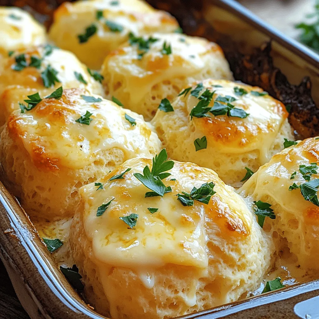 - 1 can of refrigerated biscuit dough (8 biscuits) - 1 cup shredded mozzarella cheese - 1/2 cup unsalted butter (1 stick), melted - 4 cloves garlic, minced - 1 teaspoon dried Italian herbs (oregano, basil, thyme) - 1/4 teaspoon red pepper flakes (optional) - 1/4 cup fresh parsley, finely chopped - Salt, to taste Gather these simple ingredients to make Cheesy Garlic Butter Bombs. The biscuit dough serves as a fluffy shell, while the melted butter, garlic, and herbs create an amazing flavor. The mozzarella cheese inside creates that melty goodness we all crave. You can add the red pepper flakes if you like a little heat. Fresh parsley adds color and a fresh taste. This recipe is easy and quick. You’ll enjoy each bite of these cheesy treats. For the full recipe, check out the details above. - Preheat oven to 375°F (190°C). - Prepare baking dish (grease or line with parchment paper). Begin by heating your oven to 375°F (190°C). This is the perfect temperature to make the bombs rise and become golden. While the oven warms, get your baking dish ready. You can grease it lightly or line it with parchment paper. This helps with easy cleanup later. - Combine melted butter, minced garlic, herbs, red pepper flakes, and salt in a bowl. Next, let’s mix the garlic butter. In a small bowl, pour in your melted butter. Add the minced garlic, dried Italian herbs, red pepper flakes, and a pinch of salt. Stir well until everything is combined. The smell will be amazing! This garlic butter will give your bombs lots of flavor. - Flatten biscuit dough, add cheese, seal the edges, and place in the dish. Now it’s time to make the bombs. Open the can of biscuit dough and take out each biscuit. Use your hands to flatten each one gently, creating a small disc. Place about a tablespoon of shredded mozzarella cheese in the center of each disc. Carefully fold the edges of the biscuit over the cheese, pinching them to seal. Make sure there are no gaps, or your cheese will leak out while baking. Place the sealed biscuit bombs seam side down in the prepared dish. Once all the bombs are in, drizzle the garlic butter mixture over each one. This step is key; it adds flavor and helps them brown nicely. Bake in the oven for 15 to 20 minutes. Wait until they are golden brown and puffed up. For a crispy top, you can broil them for 1 to 2 minutes. Just watch closely to avoid burning. After baking, sprinkle fresh parsley on top for a nice touch. Serve these cheesy garlic butter bombs warm. For an extra treat, have some marinara sauce on the side for dipping. Enjoy! For the full recipe, check the recipe section above. To make fluffy and golden biscuits, follow these tips: - Use cold ingredients: Cold butter helps keep the biscuits light. - Don’t overmix: Mix until just combined. Overmixing makes them tough. - Check oven temp: An accurate oven temperature ensures even baking. For an extra crispy top, try broiling them. After baking, set your oven to broil. Watch closely and broil for 1-2 minutes. This step adds a great crunch! Serve your Cheesy Garlic Butter Bombs warm. They pair perfectly with marinara sauce. Place a small bowl of marinara in the center of your serving tray. This makes for easy dipping. For gatherings, try using a rustic wooden platter. Arrange the bombs in a circle. Add fresh parsley on top for color. This simple touch makes your dish more inviting. You can easily change the flavors of your bombs. Try adding different cheeses like cheddar or parmesan. Each cheese gives a unique taste. Want to make them heartier? Add cooked vegetables like spinach or bell peppers. You can also add meats like cooked bacon or sausage. Customize them to match your taste! For the full recipe, check the details above. {{image_4}} You can change the heat by adding red pepper flakes. If you like it spicy, add more. For less heat, use less or skip it. This way, you can make each batch just right for your taste. If you want a healthier twist, try whole wheat biscuit dough. It gives a nice nutty flavor and more fiber. You can also use low-fat cheese. This cuts the fat but keeps the cheesy goodness. Both options are simple swaps for a guilt-free treat. For a dairy-free version, use dairy-free cheese. Many brands offer great taste without dairy. You can also swap out butter for vegan butter. This way, you keep all the flavor and still enjoy the dish. Check out the Full Recipe for more ideas and tips! To store leftovers, let them cool down first. Place them in an airtight container. Store the container in the fridge. They will stay fresh for up to three days. When you want to eat them, check their smell before reheating. If they have an off odor, it is best to throw them away. You can freeze cooked or uncooked Cheesy Garlic Butter Bombs. If freezing uncooked bombs, wrap each in plastic wrap. Place them in a freezer bag and seal tightly. They will last for up to two months. For cooked bombs, let them cool fully. Then, place them in an airtight container or freezer bag. Label the bag with the date before freezing. To reheat, use your oven for best results. Preheat the oven to 350°F (175°C). Place the bombs on a baking sheet. Heat for about 10-15 minutes until warm. If you prefer the microwave, use a low power setting. Microwave them for 20-30 seconds at a time until warm. Avoid overheating to keep them soft and tasty. To keep the cheesy goodness inside, you need to seal the biscuit dough well. After you flatten each biscuit, add the cheese in the center. Pull the dough edges up around the cheese. Pinch the dough tightly to seal it. Make sure there are no gaps. You want a strong seal. This way, the melted cheese stays in when you bake them. Yes, you can prepare these bombs in advance! You can assemble them and then cover them tightly with plastic wrap. Store them in the fridge for up to 24 hours. This makes it easy for a quick bake later. Just remember to let them sit at room temperature for about 10 minutes before baking. This helps them cook evenly. Dipping sauces can add fun to your cheesy garlic butter bombs. Here are some tasty options: - Marinara Sauce: Classic and flavorful. - Ranch Dressing: Creamy and zesty. - Garlic Butter Sauce: For more garlic goodness. Feel free to mix and match to find your favorite! If you have leftovers, store them in an airtight container. They will last up to three days in the fridge. To reheat, place them in the oven at 350°F (175°C) for about 10 minutes. This keeps them warm and crispy. Enjoy your cheesy garlic butter bombs even after the first bite! The Cheesy Garlic Butter Bombs are both simple and delicious. We explored the key ingredients, from biscuit dough to flavorful garlic butter. You learned how to prepare, assemble, and customize these tasty treats for any occasion. Remember to experiment with different cheeses or spice levels. No matter how you enjoy them, these bombs will surely impress. Keep these tips in mind for great results and fun variations. Enjoy your cooking journey, and may your kitchen be filled with tasty smells!