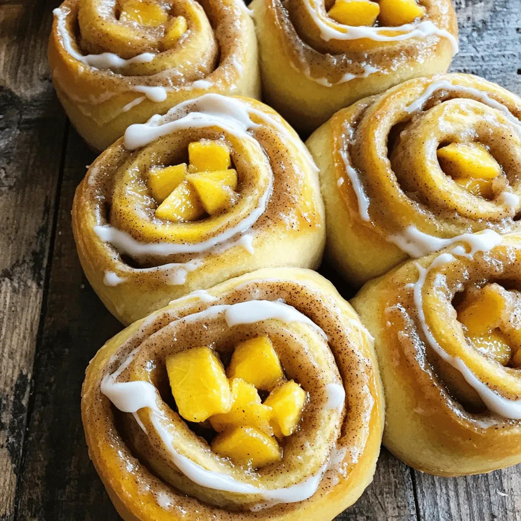To make peach cobbler cinnamon rolls, gather these main items: - 2 cups all-purpose flour - 1 cup diced fresh or canned peaches (drained if using canned) - ½ cup packed brown sugar - 2 teaspoons ground cinnamon - ½ cup granulated sugar - 1 teaspoon baking powder - ½ teaspoon baking soda - ½ teaspoon salt - ⅓ cup unsalted butter, melted - 1 large egg - ½ cup milk - 1 teaspoon vanilla extract - 1 cup powdered sugar (for the frosting) - 1-2 tablespoons milk (to adjust frosting consistency) These ingredients create a soft dough with sweet peach flavor. The blend of spices adds warmth and richness. You can add extra flavors to customize your rolls. Consider these options: - Chopped nuts (like pecans or walnuts) for crunch - A dash of nutmeg for warmth - A splash of almond extract for a nutty note - Fresh herbs like mint for a light touch - A sprinkle of sea salt on the frosting for contrast These options can elevate your rolls and make them special. If you have dietary needs, you can make easy swaps: - Use gluten-free flour instead of all-purpose flour for a gluten-free option. - Swap the egg for a flax egg (1 tablespoon ground flaxseed mixed with 2.5 tablespoons water) for a vegan choice. - Replace milk with almond milk or oat milk for a dairy-free alternative. These substitutions allow everyone to enjoy these tasty rolls, no matter their diet. For the full recipe, check the earlier section. First, let's get the oven ready. Preheat it to 375°F (190°C). While that heats up, grab your 9x13-inch baking dish. Lightly grease it with butter or line it with parchment paper. This step helps the rolls come out easily after baking. In a large bowl, mix the all-purpose flour, baking powder, baking soda, and salt. In another bowl, whisk together the melted butter, granulated sugar, egg, milk, and vanilla extract. Pour the wet mix into the dry mix. Stir until it becomes a soft dough. This dough is key to your rolls! Now for the filling! In a small bowl, combine the packed brown sugar and ground cinnamon. Brush a thin layer of melted butter over your rolled-out dough. Next, sprinkle the cinnamon-brown sugar mix evenly across the dough. Finally, add the diced peaches on top. Spread them out so every roll gets peachy goodness. Start from one long edge of the rectangle and roll the dough into a log. Make sure it’s nice and tight. Use a sharp knife to cut the log into 1-inch thick pieces. Place the rolls in your baking dish, leaving space for them to rise. Bake for 20-25 minutes, until golden brown. Use a toothpick to check if they’re done; it should come out clean. While your rolls are baking, whisk together the powdered sugar and 1 to 2 tablespoons of milk in a bowl. You want it smooth and pourable. If it’s too thick, add a bit more milk. After baking, wait for about 5 minutes. Drizzle the frosting over the warm rolls. The frosting will soak in a bit, adding sweetness to each bite. Enjoy these Peach Cobbler Cinnamon Rolls warm for the best taste! For the full recipe, check out the details! To get the best dough, you need the right texture. Start with your flour. Measure it correctly, using the spoon and level method. Avoid packing the flour. When mixing, combine the dry and wet ingredients gently. The dough should feel soft and slightly sticky. If it’s too dry, add a little milk. If it's too wet, sprinkle a bit of flour. This balance is key to great rolls. Even baking makes all the difference. Make sure your oven is fully preheated before placing the rolls inside. This step helps them rise and bake evenly. Arrange the rolls in the baking dish with space in between. This space allows hot air to flow around them. Rotate the dish halfway through baking for even heat. You can check doneness by using a toothpick. It should come out clean when they are ready. Adding flavor can make your cinnamon rolls extra special. Consider adding a pinch of nutmeg to the cinnamon-brown sugar filling. This can give a warm, spicy edge. You can also toss in some chopped nuts or caramel for added texture. A splash of almond extract in the dough can deepen the taste. These small changes make a big impact, enhancing your Peach Cobbler Cinnamon Rolls. For the full recipe, check back to ensure you don’t miss any important steps! {{image_4}} You can swap peaches for other fruits. Try using fresh or frozen blueberries, strawberries, or apples. Each fruit brings its own flavor. Blueberries add a burst of sweetness. Strawberries give a bright, fresh taste, while apples offer a warm, cozy vibe. Just make sure to chop the fruit small, so it mixes well in the rolls. For a fun twist, you can add nuts or chocolate to the mix. Chopped pecans or walnuts add a crunchy texture. You can also sprinkle chocolate chips for a sweet surprise. Roll the dough with your filling, but add these goodies before you roll it up. This creates delightful layers of flavor and texture. You can easily make these rolls vegan or gluten-free. For vegan rolls, substitute milk with almond milk and use flaxseed meal instead of the egg. For gluten-free options, swap the all-purpose flour with a gluten-free blend. Make sure your baking powder is also gluten-free. These swaps keep the flavors rich and the rolls tender. You can still enjoy the joy of Peach Cobbler Cinnamon Rolls with these modifications. For the full recipe, check the details above! To keep your Peach Cobbler Cinnamon Rolls fresh, store them in an airtight container. Place a piece of parchment paper between layers to prevent sticking. They stay fresh for 2 to 3 days at room temperature. If you want them to last longer, consider refrigerating them. They will keep for up to a week in the fridge. To reheat your rolls, you have a few options. The microwave works well for a quick fix. Heat for 10 to 15 seconds until warm. For a crispy exterior, use the oven. Preheat your oven to 350°F (175°C). Place the rolls on a baking sheet and heat for about 5 to 10 minutes. Freezing these rolls is a great idea for future treats. To freeze, let them cool completely. Wrap each roll tightly in plastic wrap and then in aluminum foil. This helps prevent freezer burn. You can freeze them for up to three months. When you’re ready to enjoy, thaw them in the fridge overnight. Reheat them as mentioned above for a fresh taste. Yes, you can use canned peaches for this recipe. Just make sure to drain them well. Canned peaches work well and save time. They can still provide great flavor and sweetness. If using fresh peaches, the rolls will taste even more vibrant. These rolls last about three days at room temperature. Store them in an airtight container to keep them fresh. You can also refrigerate them, which can extend their shelf life by a few days. Just remember, the texture may change a little. These rolls pair well with coffee or tea for breakfast. You can also serve them with whipped cream or vanilla ice cream for dessert. Fresh fruit or a drizzle of caramel sauce adds extra flavor too. They make a lovely treat for brunch gatherings. To make the frosting thicker, add more powdered sugar. If it’s too thick, add more milk, one tablespoon at a time. Mix until you reach your desired consistency. This way, you can customize the frosting to suit your taste. Yes, you can make these rolls in advance. Prepare the rolls, then cover and refrigerate them before baking. When you are ready, let them sit at room temperature for 30 minutes before baking. This helps them rise nicely and bake evenly. You can also freeze baked rolls for later enjoyment. You learned how to make delicious Peach Cobbler Cinnamon Rolls. We covered the main ingredients and optional ones for flavor. You now know how to prepare, bake, and store these rolls. Unique variations let you enjoy different tastes and textures. With these tips, your rolls will impress everyone. Go ahead and try this fun recipe! Enjoy baking and sharing your tasty treats.
