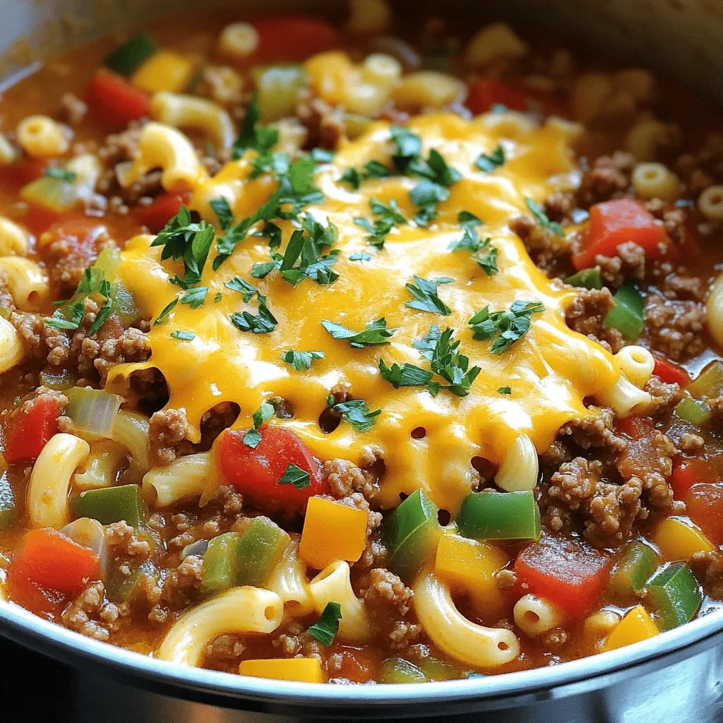 To make Easy Grandma's Goulash, gather these key items: - 1 lb ground beef - 1 medium onion, finely chopped - 2 cloves garlic, minced - 1 bell pepper, chopped (choose your favorite color) - 1 can (15 oz) diced tomatoes (with juice) - 2 cups beef broth (low-sodium recommended) - 1 cup elbow macaroni - 1 tsp smoked paprika - 1 tsp Italian seasoning - Salt and black pepper to taste These main ingredients create a warm and filling dish. The ground beef provides protein, while the pasta makes it hearty. Diced tomatoes add moisture and flavor. Beef broth enhances the taste and ties everything together. You can adjust the recipe to fit your taste. Here are some ideas: - Swap ground beef for turkey or chicken. - Add vegetables like zucchini or corn. - Use whole wheat pasta for extra fiber. - Toss in some frozen peas for color. - Spice it up with red pepper flakes. These options let you make the dish your own, bringing in new flavors or textures. Finishing touches can elevate your goulash. Consider these toppings: - 1 cup shredded sharp cheddar cheese (optional) - Fresh parsley, chopped (optional) A sprinkle of cheese makes it creamy and rich. Fresh parsley adds a pop of color and freshness. You can serve the goulash in deep bowls and pair it with crusty bread for a cozy meal. This simple dish is perfect for sharing! For the full recipe, check out the details above. To start, gather all your ingredients. This makes cooking smooth and easy. You will need: - 1 lb ground beef - 1 medium onion, finely chopped - 2 cloves garlic, minced - 1 bell pepper, chopped - 1 can (15 oz) diced tomatoes (with juice) - 2 cups beef broth (low-sodium recommended) - 1 cup elbow macaroni - 1 tsp smoked paprika - 1 tsp Italian seasoning - Salt and black pepper to taste - 1 cup shredded sharp cheddar cheese (optional) - Fresh parsley, chopped (optional) Next, finely chop the onion and bell pepper. Mince the garlic. This will help them cook fast. Heat a large pot or Dutch oven on medium. Add the ground beef. Cook for 5-7 minutes. Break it apart with a wooden spoon. Once browned, drain any excess grease. Now, add the chopped onion and minced garlic. Sauté for 3-4 minutes. Stir until the onion is soft and fragrant. Add the chopped bell pepper next. Cook for 3 more minutes. This softens the pepper and adds flavor. Pour in the diced tomatoes, beef broth, and elbow macaroni. Stir well to mix every ingredient. Season the mix with smoked paprika, Italian seasoning, salt, and pepper. Turn up the heat to high. Bring it to a gentle boil. After boiling, lower the heat to low. Cover the pot and let it simmer for 15-20 minutes. Stir occasionally. This keeps the macaroni from sticking. If you want a cheesy touch, add the shredded cheese in the last few minutes. Cover the pot to let the cheese melt. Once done, remove the pot from heat. Let it sit, covered, for a few minutes. This helps the flavors mix well. To get the best texture, stir often. This stops the macaroni from sticking and helps it cook evenly. If the goulash seems too thick, add more beef broth. If you prefer a saucier dish, add more diced tomatoes. Adjust the seasonings to your taste. Enjoy this cozy meal! For a full recipe, see the full recipe section. To make goulash really pop, start with browning the beef. This adds rich flavor. Use a heavy pot for even cooking. When you add garlic and onion, stir them until they smell sweet. This step builds a solid base for your dish. Don't rush it. Let the bell pepper cook until soft. This brings out its natural sweetness. Smoked paprika is a game-changer. It adds depth and a nice smoky note. One common mistake is overcooking the macaroni. Cook it just right and add it in the last stages. If you add it too early, it can turn mushy. Another mistake is not seasoning enough. Always taste your dish and adjust salt and pepper. Lastly, don’t skip the cheese if you love it! It adds creaminess and ties all the flavors together. Serve your goulash in deep bowls for a warm feel. A sprinkle of fresh parsley adds color and freshness. Pair it with crusty bread to soak up the sauce. A simple side salad can also brighten the meal. If you want a drink, consider a light red wine. It's a perfect match for goulash. For a cozy night, serve it with a warm dessert like apple pie. Check out the Full Recipe for more tips! {{image_4}} If you want a vegetarian version of goulash, you can skip the meat. Use mushrooms for a hearty texture. You can also add cooked lentils for protein. Both options give great flavor. Use vegetable broth instead of beef broth. This keeps the dish rich and satisfying. For a twist, try using ground turkey or chicken. They are leaner than beef and still tasty. You can also use tofu for a protein boost. Crumble it into the pot for a nice texture. Another option is to add chickpeas or black beans. They add fiber and are filling. Feel free to mix in extra vegetables. Carrots and zucchini work well in this dish. You can also add corn for sweetness. Experiment with different spices like cumin or chili powder for a kick. If you love cheese, try adding cream cheese for a richer sauce. These creative additions will make your goulash unique and fun. Check out the Full Recipe for more tips! To store your goulash, let it cool first. Place it in an airtight container. Make sure to keep it in the fridge. It will stay fresh for about three to four days. This is great for quick meals later in the week. You can also freeze goulash for longer storage. Divide it into portions before freezing. Use freezer-safe bags or containers. Remove as much air as possible to prevent freezer burn. Goulash can last up to three months in the freezer. When ready, just thaw it in the fridge overnight. When it's time to eat, reheat goulash on the stove. Use a medium heat and stir often. You can add a splash of beef broth if it seems dry. For microwave reheating, use a microwave-safe bowl. Heat in short bursts, stirring in between. Make sure it's hot all the way through before serving. Enjoy your comforting meal! For the full recipe, check out Grandma's Comforting Goulash. Goulash comes from Hungary. It started as a simple stew for herdsmen. Over time, it grew popular in other countries. Each place added its twist. In the U.S., we often make it with ground beef and pasta. Grandma's goulash reflects this mix of cultures. It's a warm dish that many love. Yes, you can make goulash ahead of time. It tastes even better the next day! Just let it cool before storing it in the fridge. Use a tight container to keep it fresh. When you’re ready to eat, heat it on the stove. Add a splash of broth if it seems dry. To spice up your goulash, add red pepper flakes. You can also try cayenne pepper or hot sauce. Start with a little and taste as you go. If you like a smoky flavor, add more smoked paprika. This way, you can find the right heat for your taste. This blog post covered everything you need for Grandma's goulash. We explored key ingredients, from the main staples to tasty toppings. You learned step-by-step how to prepare and cook the dish. Tips and tricks showed you how to avoid mistakes and enhance flavor. We discussed tasty variations, storage tips, and reheating methods. In the end, goulash is a flexible dish. You can make it your own and enjoy it again and again.