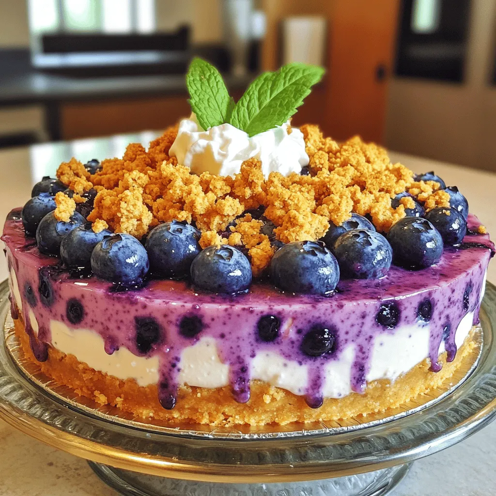 - 1 ½ cups graham cracker crumbs - ¼ cup granulated sugar - ½ cup unsalted butter, melted - 2 packages (8 oz each) cream cheese, softened to room temperature - ¾ cup granulated sugar - 2 large eggs, at room temperature - 1 teaspoon pure vanilla extract - 1 cup sour cream - 1 cup fresh blueberries, rinsed and drained - ½ cup rolled oats - ½ cup all-purpose flour - ½ cup packed brown sugar - ½ teaspoon ground cinnamon - 6 tablespoons unsalted butter, melted When I make this blueberry crumble cheesecake, I love how fresh and bright the flavors are. The crust is crisp and buttery, giving a great base. The filling is rich and creamy, while the blueberries burst with flavor. Finally, the crumble topping adds a delightful crunch. Each bite is a mix of sweet and tangy goodness. The ingredients are simple and easy to find. I recommend using fresh blueberries for the best taste. You can find everything you need for this recipe in your local store. If you want to make it special, consider organic ingredients or local produce. This makes the dish not just tasty but also wholesome. For the full recipe, you can refer to the earlier sections. Enjoy the process of making this dessert; it’s as fun as it is delicious! First, I preheat my oven to 325°F (160°C). This temperature helps the cheesecake bake evenly. While the oven warms up, I lightly grease a 9-inch springform pan. This step makes it easy to remove the cheesecake later. It's crucial to set this pan aside for now. Next, I make the crust. In a medium bowl, I mix the graham cracker crumbs with granulated sugar. I pour in the melted butter and stir until the crumbs are coated. Using my hands, I press this mixture firmly into the bottom of the springform pan. I want to create a solid base. Then, I bake the crust for 10 minutes until it turns lightly golden. After that, I remove it from the oven and let it cool. Now it's time for the cheesecake filling. In a large bowl, I beat the softened cream cheese with granulated sugar using an electric mixer. I mix until smooth and creamy, which takes about 2-3 minutes. Then, I add the eggs one at a time, mixing well after each. I stir in the vanilla extract and sour cream just until combined. Finally, I gently fold in the fresh blueberries, being careful not to break them. I pour the cheesecake filling over the cooled crust. Using a spatula, I spread it evenly across the crust. This step is important for a nice presentation. Next, I bake the cheesecake for 50-60 minutes. I know it’s done when the center is set but still jiggles slightly when shaken. After baking, I turn off the oven and leave the cheesecake inside with the door slightly open for an hour. This helps it cool gradually. To finish, I prepare the crumble topping. In a separate bowl, I mix rolled oats, flour, brown sugar, and ground cinnamon. Then, I add the melted butter and stir until it forms coarse crumbs. I sprinkle this topping evenly over the cheesecake filling. Now, it's ready for the oven! After baking, I let it chill in the fridge for at least 4 hours, but I often leave it overnight for the best texture. You can find the full recipe above. To get the best cheesecake texture, start with room temperature cream cheese. Cold cream cheese can lead to lumps. Mix it well until it's creamy and smooth. When you add eggs, do so one at a time. This helps keep the mixture light and fluffy. After mixing, gently fold in the blueberries. This keeps them whole and beautiful. Bake the cheesecake until the center is set but still jiggles a bit. This jiggle means it will firm up as it cools. After baking, allow the cheesecake to cool slowly in the oven with the door ajar. This step prevents cracks. Once your cheesecake is ready, chill it for at least four hours. For the best flavor and texture, let it chill overnight. When serving, cut slices with a warm knife. This will give you clean edges. Top each slice with more fresh blueberries for a burst of color. A drizzle of whipped cream can make it even better. Store any leftovers in the fridge. Use an airtight container to keep it fresh. You can also freeze slices for later. Just wrap them well in plastic wrap. One common mistake is overmixing the batter. This can make the cheesecake too dense. Also, don’t skip the cooling steps. Rapid temperature changes can lead to cracks. Avoid using too much fruit at once. If you add too many blueberries, the cheesecake can become soggy. Lastly, make sure to measure ingredients carefully. This helps ensure your cheesecake turns out just right. For the full recipe, check out Blueberry Crumble Cheesecake 🫐. {{image_4}} You can switch up the blueberries for other fruits. Raspberries, strawberries, or blackberries work great. Each fruit adds its own flavor. This makes your cheesecake unique. Try mixing different fruits for a fun twist. You can also blend fruits to create a berry medley. For a gluten-free crust, use almond flour or gluten-free graham crackers. Just replace the regular crumbs in the recipe. If you want a nutty flavor, almond flour is a fantastic choice. Make sure to check the labels for gluten-free options. Your cheesecake will taste just as good and be gluten-free! To make this cheesecake vegan, use plant-based cream cheese. Swap the eggs for flaxseed meal or applesauce. For the sour cream, try coconut cream or a dairy-free yogurt. The crumble can be made with coconut oil instead of butter. These changes keep the flavors but fit a vegan diet. Enjoy the same creamy texture and taste! For the complete recipe, refer to the Full Recipe section. After making your blueberry crumble cheesecake, store it in the fridge. Keep it in the springform pan or transfer it to an airtight container. This cheesecake stays fresh for up to five days in the fridge. Make sure to cover it well to prevent it from drying out. If you want to save some cheesecake for later, freezing is a great option. Wrap the cheesecake tightly in plastic wrap, then in aluminum foil. This protects it from freezer burn. It can last up to three months in the freezer. When you're ready to enjoy it, just thaw it overnight in the fridge. Reheating cheesecake is not usually needed, but if you prefer it warm, here’s how. Preheat your oven to 300°F (150°C). Place the cheesecake on a baking sheet. Heat it for about 10-15 minutes. This warms it gently, making it soft and creamy again. Enjoy the rich flavor of your blueberry crumble cheesecake! For the complete recipe, check out the Full Recipe. Blueberry crumble cheesecake can last about 5 to 7 days in the fridge. Make sure to cover it well with plastic wrap or aluminum foil. This keeps it fresh and tasty for longer. I recommend eating it within this time for the best flavor. Yes, you can use frozen blueberries! Just thaw them first and drain the excess water. This helps keep the filling from becoming too watery. Frozen blueberries can still give you that sweet burst of flavor, making your cheesecake just as delicious. Serve the cheesecake chilled. I love adding a few fresh blueberries on top for color. You can also drizzle some whipped cream over each slice. For extra flair, add mint leaves. This will make your cheesecake look even more tempting! Absolutely! Making the cheesecake a day or two ahead is a great idea. This lets the flavors blend and enhances the taste. Just keep it in the fridge until you're ready to serve it. Your guests will love the rich, creamy delight! Yes, you can prepare the filling ahead of time. Store it in the fridge for a few hours before using. Just mix it again briefly before pouring it over the crust. This saves time and makes the baking day easier. For the full recipe, check the instructions! You now know how to make a delicious Blueberry Crumble Cheesecake. We covered the key ingredients, step-by-step instructions, and helpful tips. You also learned about fun variations and storage methods. Remember to avoid common mistakes for that perfect texture. This cheesecake shines with fresh or frozen blueberries. Enjoy making this treat for yourself or to share. Your cheesecake will impress everyone who tastes it. So, get baking!