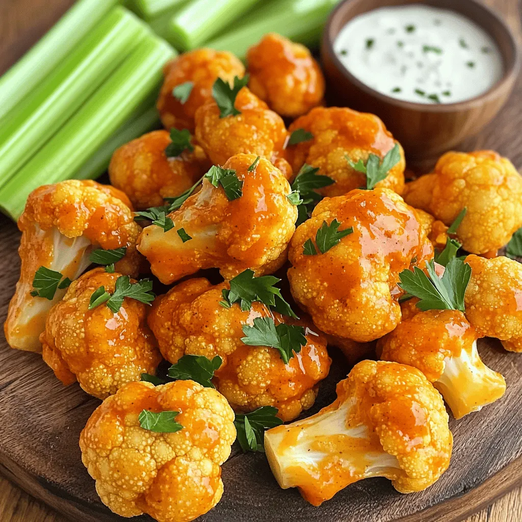To make buffalo cauliflower wings, you need simple and fresh ingredients. Here is the list: - 1 large head of cauliflower, cut into bite-sized florets - 1 cup all-purpose flour (or gluten-free) - 1 cup water - 1 teaspoon garlic powder - 1 teaspoon onion powder - 1 teaspoon paprika - 1/2 teaspoon cayenne pepper (adjust for spice) - Salt and black pepper, to taste - 1 cup buffalo sauce (store-bought or homemade) - 2 tablespoons olive oil - Fresh parsley, finely chopped (for garnish) - Celery sticks, alongside ranch or blue cheese dressing (for serving) These ingredients create a great flavor and texture. The cauliflower gives a light crunch, while the spices add warmth. Using fresh parsley brings color and taste to the plate. The buffalo sauce ties everything together, making it spicy and delicious. Feel free to adjust the spices based on your taste. If you prefer less heat, cut back on the cayenne pepper. For a richer flavor, using homemade buffalo sauce can make a big difference. You can also swap the flour for a gluten-free option without losing any taste. For the full recipe, check the instructions to see how these items come together. - Preheat oven to 450°F (232°C). - Line a baking sheet with parchment paper. - In a mixing bowl, combine 1 cup of all-purpose flour, 1 cup of water, 1 teaspoon of garlic powder, 1 teaspoon of onion powder, 1 teaspoon of paprika, and 1/2 teaspoon of cayenne pepper. - Add salt and black pepper to taste. - Whisk until the batter is smooth and thick. - Cut your large head of cauliflower into bite-sized florets. - Dip each floret into the batter. Make sure it is fully coated. - Allow excess batter to drip off. - Arrange the coated florets on the prepared baking sheet. - Bake for 20-25 minutes until golden brown and crispy. - While the cauliflower bakes, mix 1 cup of buffalo sauce with 2 tablespoons of olive oil in a bowl. - Stir well until the sauce is blended. - After baking, remove the sheet from the oven. - Toss the baked cauliflower in the buffalo sauce mixture until well coated. - Spread the wings back on the baking sheet. - Return to the oven for another 10-15 minutes until crispy and the sauce caramelizes. Enjoy your homemade buffalo cauliflower wings while they are hot! For more details, check the Full Recipe. To make your buffalo cauliflower wings crispy, bake until they are golden brown. This usually takes about 20-25 minutes. Before baking, remove any excess batter. This lets the heat hit the cauliflower better, making it crisp. You can adjust the cayenne pepper to suit your spice level. If you like heat, add more. For a richer taste, use homemade buffalo sauce. It enhances the flavor and makes your wings stand out. Serve your buffalo cauliflower wings with crunchy celery sticks. Pair them with ranch or blue cheese dressing for dipping. For an extra kick, drizzle more buffalo sauce on top before serving. This adds flavor and makes the dish pop! {{image_4}} If you need a gluten-free option, just swap the all-purpose flour for gluten-free flour. It works great! You can use almond flour or a store-bought blend. Both options will keep your wings light and crispy. This small change allows everyone to enjoy the dish. To make buffalo cauliflower wings in an air fryer, start by preheating it to 400°F (204°C). Dip the cauliflower florets in the batter as usual. Then, place them in the air fryer basket in a single layer. Cook for about 12-15 minutes, shaking the basket halfway through. Toss them in buffalo sauce after cooking, then return them to the air fryer. Cook for an additional 5 minutes to get them extra crispy. This method uses less oil and cooks faster! Don't be afraid to experiment with flavors! You can try different sauces like BBQ or teriyaki. Each sauce brings its own unique taste to the wings. For BBQ, mix it with a bit of honey for sweetness. For teriyaki, add some sesame seeds and green onions for a fresh touch. The options are endless, so have fun mixing it up! To keep your buffalo cauliflower wings fresh, allow them to cool down first. Once cool, place them in an airtight container. Store the container in your fridge. They will last up to 3 days. If you want to enjoy them later, consider freezing them. Frozen wings can last up to 2 months. When it’s time to enjoy your leftovers, reheating is key. For the best crispiness, use your oven. Preheat it to 350°F (175°C). Place the wings on a baking sheet and bake for about 10-15 minutes. Keep an eye on them to avoid burning. If you’re short on time, you can use the microwave. However, this method may make them less crispy. Place the wings on a microwave-safe plate. Heat them in short bursts of 30 seconds until warm. Enjoy your tasty buffalo cauliflower wings again! To ensure the batter sticks well, follow these simple tips: - Dry the cauliflower: Make sure your cauliflower florets are dry before dipping. Excess moisture can prevent the batter from sticking. - Use cold water: Mix the batter with cold water. This helps create a better texture that clings to the florets. - Coat evenly: Dip each floret fully into the batter, allowing any excess to drip off. This helps create a nice layer on each piece. - Let it sit: After coating, let the battered cauliflower sit for a few minutes. This allows the batter to set and stick better during baking. Yes, you can use frozen cauliflower! Here are some advantages and tips for using it: - Convenience: Frozen cauliflower saves time. It’s pre-cut and ready to use. - Cooking time: If using frozen, you should thaw and drain it well. Excess water can make the batter soggy. - Texture: Frozen cauliflower may be softer after cooking, so adjust baking time. Aim for a crispy finish by baking longer. Buffalo cauliflower wings are a tasty choice with good nutrition. Here’s a general breakdown: - Calories: About 150 calories per serving. - Protein: Around 4 grams of protein. - Fat: Approximately 7 grams of fat, depending on the sauce used. - Carbohydrates: Roughly 20 grams per serving. - Fiber: About 3 grams, thanks to the cauliflower. These wings are a healthier option compared to traditional wings, offering flavor without too many empty calories. For a complete breakdown, check the Full Recipe. This blog post shared a simple recipe for buffalo cauliflower wings. You learned the key ingredients, like cauliflower, flour, and spices. We walked through step-by-step instructions for making crispy bites, plus tips for great flavor. Remember, you can adjust spice levels and try different sauces for fun twists. Storing leftovers properly keeps them tasty for later. With these techniques, you’ll impress everyone at your next gathering. Enjoy making your buffalo cauliflower wings and savor every bite!