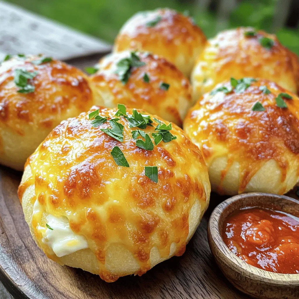 - 1 can (16 oz) refrigerated biscuit dough - 1 cup shredded mozzarella cheese - 1/2 cup cream cheese, softened - 1/4 cup unsalted butter, melted - 4 cloves garlic, minced - 1 tablespoon fresh parsley, finely chopped - 1 teaspoon Italian seasoning - 1/2 teaspoon salt - 1/4 teaspoon black pepper - Optional: pinch of red pepper flakes for a spicy kick You can use any brand of refrigerated biscuit dough. If you want a lighter option, try reduced-fat cream cheese. You can swap mozzarella for cheddar or another cheese you love. For a vegan option, use dairy-free cream cheese and vegan butter. Adjust the garlic to your taste. If you like heat, add more red pepper flakes to the mix. Each cheese bomb contains about 150 calories. They provide 8 grams of fat and 3 grams of protein. You get 1 gram of carbs, which makes these a tasty snack. The garlic and herbs add flavor without extra calories. If you want to make them healthier, you can cut back on the butter. Adding veggies can boost the fiber and nutrients as well. Enjoy your Garlic Butter Cheese Bombs guilt-free! Start by preheating your oven to 375°F (190°C). This step is key for great baking. Line a baking sheet with parchment paper. This helps the cheese bombs not stick. In a bowl, mix the melted butter, minced garlic, and chopped parsley. Stir this well. The smell will be amazing! Next, in another bowl, combine shredded mozzarella and softened cream cheese. Mix until smooth. Add salt, black pepper, and Italian seasoning. Make sure to mix these well for even taste. Now, open the can of biscuit dough. Carefully separate the biscuits. Roll each one into a small circle with your hands. This part is fun! Take a spoonful of the cheese mixture and place it in the center of each biscuit. Leave space around the edges. Fold the edges of the biscuit over the cheese filling. Pinch the seams to seal them tight. Form them into nice balls. Dip each ball into the garlic butter mixture. Make sure they are well coated. Place the cheese bombs on the prepared baking sheet. Leave some space between them to bake evenly. Bake for 15 to 18 minutes. Look for a golden brown color. You’ll know they’re ready when they smell delicious! Once done, take them out of the oven. Brush the tops with any leftover garlic butter while warm. This adds even more flavor! To make the best garlic butter cheese bombs, use fresh ingredients. Always measure your cheese and spices. This helps keep the taste balanced. If you want a spicy kick, add red pepper flakes to the cheese mix. For a fun twist, try mixing in different cheeses. Serve the cheese bombs warm on a platter. Garnish with extra parsley for color. Pair with marinara sauce for dipping. Trust me, these tips make a big difference! For the full recipe, check out the details above. When making garlic butter cheese bombs, a few mistakes can ruin your dish. First, avoid using cold cheese. Always let your cream cheese soften first. This helps it mix well with mozzarella. If you skip this step, the filling won’t be smooth. Next, don’t skip the garlic butter dip. This adds flavor and keeps the bombs moist. Lastly, watch the baking time. Overbaking can lead to dry cheese bombs. Check them at 15 minutes; they should be golden brown. You can make these cheese bombs your own. Start by changing the cheese. Use cheddar for a sharper taste or pepper jack for heat. Add herbs like oregano or basil for extra flavor. You can even mix in chopped sun-dried tomatoes or spinach. For a twist, sprinkle in some cooked bacon bits. Each change can lead to a new flavor adventure. Just remember to keep the balance of cheese and dough. Having the right tools makes this recipe easier. Here’s what you need: - Baking sheet - Parchment paper - Mixing bowls - Spoon for filling the dough - Brush for the garlic butter Using these tools helps keep your kitchen neat and your cheese bombs perfect. A good baking sheet ensures they cook evenly. Parchment paper makes cleanup a breeze. With these basics, you can focus on making your cheese bombs delicious and fun to eat. You can find the full recipe above and make your own tasty garlic butter cheese bombs! {{image_4}} You can mix and match flavors to create your own cheese bombs. Try adding cooked bacon bits for a smoky taste. You can also include fresh herbs like basil or chives for a fresh touch. If you love heat, add jalapeños or some spicy cheese. A little bit of ranch seasoning can also bring a fun twist. Feel free to experiment with these options! To make these delicious bombs vegan, use dairy-free cheese and vegan butter. Look for gluten-free biscuit dough if you need a gluten-free option. Many brands make great gluten-free dough that works well. Just make sure to check the labels for any hidden gluten. With these simple swaps, everyone can enjoy these tasty treats! While mozzarella and cream cheese are classic, you can explore other cheeses. Cheddar adds a sharp flavor that many love. Pepper jack gives a nice kick and melts beautifully. For a gourmet touch, try goat cheese or feta. Each cheese brings its own unique flavor. Mix and match to find your perfect combo for your cheese bombs! For the full recipe, refer to the earlier section. After enjoying your Garlic Butter Cheese Bombs, store any leftovers in an airtight container. This keeps them fresh for up to three days. If you want to keep them longer, consider freezing them. When you're ready to enjoy your leftovers, reheat them in the oven. Preheat your oven to 350°F (175°C). Place the cheese bombs on a baking sheet and heat for about 10 minutes. This method keeps them crispy and warm. You can also use a microwave, but be careful. Microwaving may make them chewy instead of crispy. To freeze your cheese bombs, let them cool completely first. Then, place them in a single layer on a baking sheet and freeze. After they are frozen, transfer them to a freezer-safe bag. They will stay good for about two months. When you're ready to bake them, no need to thaw! Just bake at 375°F (190°C) for a few extra minutes. Enjoy your Garlic Butter Cheese Bombs anytime! For the full recipe, check the main section. To make Garlic Butter Cheese Bombs healthier, you can swap the biscuit dough for whole wheat or gluten-free options. Use low-fat cheese instead of regular mozzarella and cream cheese. You can also reduce the amount of butter or use olive oil to cut down on saturated fat. Adding vegetables like spinach or diced peppers can boost the nutrition without losing flavor. Yes, you can make these cheese bombs ahead of time. Prepare the cheese filling and assemble the bombs, then cover them and refrigerate. Bake them when you’re ready to serve. This way, you enjoy fresh, warm cheese bombs without last-minute work. Just remember to let them sit at room temperature for a bit before baking. Garlic Butter Cheese Bombs pair well with many sides. You can serve them with marinara sauce for dipping. A fresh salad with a light vinaigrette complements the richness of the cheese bombs. You might also try a savory soup or a simple garlic bread for a complete meal. For a fun twist, add some spicy dipping sauces or flavored oils. Feel free to check out the Full Recipe for more detailed instructions! In this post, we explored the key ingredients, step-by-step instructions, and helpful tips for making cheese bombs. We shared customization ideas, variations for different diets, and storage methods. Remember, avoiding common mistakes will ensure a delicious outcome. Experimenting with flavors can add your special twist. Enjoy these cheesy delights fresh or saved for later. Happy cooking, and relish every bite!