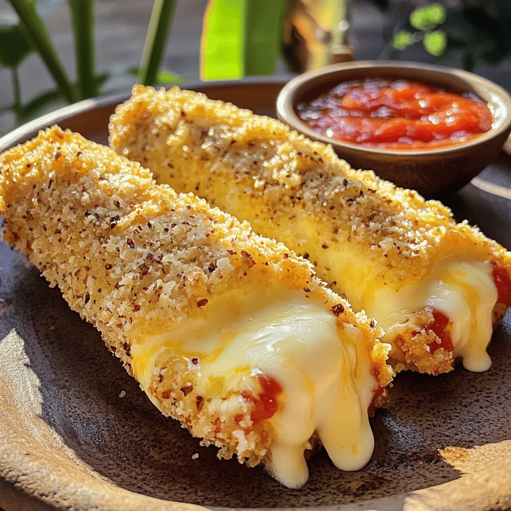 Making homemade mozzarella sticks is fun and simple. You will need a few key ingredients to get started. Here’s the list: - 12 ounces fresh mozzarella cheese sticks - 1 cup all-purpose flour - 2 large eggs - 2 cups seasoned breadcrumbs - 1 teaspoon garlic powder - 1 teaspoon Italian seasoning - Vegetable or canola oil for frying - Marinara sauce for dipping These ingredients are easy to find at your local grocery store. Fresh mozzarella is the star of the show, giving you that gooey, melty center. The flour helps the cheese stick to the coating. The eggs create a nice bond, while the seasoned breadcrumbs add flavor and crunch. Garlic powder and Italian seasoning boost the taste, making each bite special. Finally, the oil is essential for frying, giving you that crispy texture. Gather all these items before you start. Having everything ready helps make the cooking process smooth. I love to have my ingredients prepped and organized. It saves time and makes cooking a joy. You can find the full recipe with detailed steps to guide you through the cooking process. Enjoy making these delicious treats! 1. Cut the mozzarella sticks: Start by cutting each mozzarella stick in half. This gives you shorter pieces that cook faster and melt better. You want each piece to be about 3 inches long. 2. Set up a breading station: Next, gather three bowls for breading. In the first bowl, add 1 cup of all-purpose flour. In the second bowl, crack 2 large eggs and add 1 tablespoon of water. Whisk until smooth. In the third bowl, mix 2 cups of seasoned breadcrumbs with 1 teaspoon of garlic powder and 1 teaspoon of Italian seasoning. This will enhance the flavor of your mozzarella sticks. 1. Coating with flour: Take a mozzarella stick and roll it in the flour. Make sure it’s fully coated. Shake off any extra flour to prevent clumping. 2. Dipping in egg wash: Next, dip the floured stick into the egg mixture. Cover it well, allowing the excess to drip back into the bowl. 3. Rolling in breadcrumbs: Finally, roll the stick in the breadcrumb mix. Press lightly to ensure the crumbs stick well. Repeat this for all the mozzarella sticks. 1. Heating the oil: Pour vegetable or canola oil into a large skillet, about 1 inch deep. Heat on medium. To check if it’s ready, drop in a small piece of breadcrumb. If it sizzles, you’re good to go. 2. Frying in batches: Carefully place a few mozzarella sticks in the hot oil. Fry for 1-2 minutes on each side. You want them to be golden brown and crispy. Avoid overcrowding the skillet, as this can lower the oil temperature. 3. Draining excess oil: Once they are done, transfer the sticks to a plate lined with paper towels. This will help soak up any extra oil. Enjoy your homemade mozzarella sticks while they are hot, paired with warm marinara sauce for dipping. For the full recipe, check out Cheesy Bliss Mozzarella Sticks. To get that crispy outside and gooey inside, focus on your oil. Keep the oil at 350°F to 375°F. If it’s too cool, your mozzarella sticks will soak up oil. Too hot? They will burn. Use a thermometer for best results. Coating is key. Start with flour, then dip in egg, and finally roll in breadcrumbs. Make sure to coat evenly to avoid any bare spots. Press the breadcrumbs on firmly so they stick well. This step is vital for a perfect crunch. Fresh herbs can add a lovely touch. Try mixing in some chopped basil or parsley into your breadcrumb mix. This will elevate your sticks and give them a fresh taste. For seasoning, use garlic powder and Italian seasoning as base flavors. You can also add a pinch of cayenne for a bit of heat. Experiment with different spices to find your favorite blend. Serve your mozzarella sticks with warm marinara sauce. The classic pairing complements the cheesy goodness. Dip each stick and savor the flavor. You can also try other sauces. Ranch dressing or spicy aioli can add a fun twist. Mix and match to find your perfect dip! For a party, set up a small sauce bar for everyone to enjoy. These tips will help you craft the perfect homemade mozzarella sticks. For the full recipe, check back to create your cheesy delights! {{image_4}} You can use many cheeses for fun. Cheddar and pepper jack are great choices. They add a nice kick. Just cut them into sticks like mozzarella. This gives you a tasty twist. You can also make stuffed mozzarella sticks. Try adding cheese or meats inside. Use a thin layer of mozzarella to wrap around your filling. This makes a gooey center. Stuffed mozzarella sticks are a fun way to surprise your guests. If you want a healthier option, you can bake these sticks. Set your oven to 400°F. Place the breaded sticks on a baking sheet. Spray them lightly with oil. Bake for about 10-12 minutes. Flip them halfway through. This method gives you a crispy texture with less oil. Another modern way is using an air fryer. Preheat your air fryer to 375°F. Cook the sticks in a single layer for 6-8 minutes. This method is quick and easy. The air fryer gives a nice crunch too. Adding spices to your breadcrumbs can elevate your dish. Try some paprika for a smoky flavor. Cajun spice adds a nice kick too. Mix in some onion powder for extra taste. You can also experiment with different herbs. Fresh basil or oregano can brighten up the flavor. Just chop them finely and mix them into the breadcrumbs. Each bite will be full of flavor. For the full recipe, check out the Cheesy Bliss Mozzarella Sticks recipe above. To keep your mozzarella sticks fresh, store them in the fridge. Place them in an airtight container. This helps prevent them from drying out. If you have leftover marinara sauce, store it separately. Use a small container to keep it fresh too. For best texture, eat the leftovers within three days. If you want to save your mozzarella sticks for later, freezing is a great option. First, let the cooked sticks cool completely. Then, place them in a single layer on a baking sheet. Freeze them for about an hour. This prevents them from sticking together. Once frozen, transfer the sticks to a freezer bag. Make sure to squeeze out as much air as possible. They can last up to three months in the freezer. When you are ready to eat them, you can reheat them straight from the freezer. Simply bake them in the oven at 400°F for about 10-12 minutes. This keeps them crispy and delicious. In the fridge, your mozzarella sticks will last about three days. If you freeze them, they can last up to three months. Always check for signs of spoilage before eating. Look for any off smells or changes in texture. If they seem off, it’s best to toss them. Enjoy your mozzarella sticks fresh for the best taste! For the full recipe, check out the previous section. Homemade mozzarella sticks can last 3 to 5 days in the fridge. Store them in an airtight container. For longer storage, freeze them. To freeze, place the sticks in a single layer on a baking sheet. Once frozen, transfer them to a freezer bag. They can last up to 3 months in the freezer. To reheat, bake them in the oven at 400°F for about 10 minutes. This keeps them crispy. You can use low-fat cheese, but the texture may change. Low-fat cheeses often do not melt as well. They can become rubbery instead of gooey. If you prefer a lighter option, consider part-skim mozzarella. It still melts nicely. The flavor may also be milder, so you might want to adjust your seasonings. Mozzarella sticks pair well with various sides and drinks. Classic choices include marinara sauce for dipping. You can also serve them with ranch dressing or spicy aioli. For sides, try a fresh salad or crispy fries. As for drinks, cold soda or a light beer works great. These pairings enhance the enjoyment of your cheesy treats. In this post, you learned how to make crispy mozzarella sticks. We covered all the steps, from preparing the cheese to frying them perfectly. I shared tips on achieving great texture and flavor. You even discovered variations to suit your taste. Remember, the key is in the details—like keeping the oil hot and using fresh herbs. Enjoy your mozzarella sticks with your favorite dip. With a little practice, you’ll impress everyone with this tasty treat!