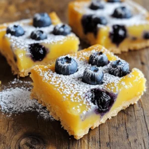 To make blueberry lemon bars, you will need: - 1 cup all-purpose flour - 1/4 cup powdered sugar - 1/2 cup unsalted butter, softened - 1/4 teaspoon fine sea salt - 2 large eggs - 1 cup granulated sugar - Zest from 2 medium lemons - 1/4 cup freshly squeezed lemon juice - 1 teaspoon baking powder - 1 cup fresh blueberries - Additional powdered sugar, for dusting You can swap some ingredients if needed: - For a gluten-free option, use gluten-free flour instead of all-purpose flour. - Use coconut oil or margarine in place of unsalted butter for a dairy-free version. - If you lack fresh lemons, bottled lemon juice can work, but fresh is best. - You can replace the blueberries with raspberries or blackberries for a twist. Getting measurements right is key: - Use a dry measuring cup for flour and sugar. Level it off with a knife for accuracy. - Softened butter should be at room temperature, not melted. This helps the crust stay flaky. - Fresh lemon zest adds bright flavor. Grate the yellow part only, avoiding the bitter white pith. - When measuring lemon juice, use a liquid measuring cup for precision. Follow these details closely for the best results in your blueberry lemon bars. Enjoy the fresh and tangy flavor! Start by gathering your ingredients. You will need: - 1 cup all-purpose flour - 1/4 cup powdered sugar - 1/2 cup unsalted butter, softened - 1/4 teaspoon fine sea salt - 2 large eggs - 1 cup granulated sugar - Zest from 2 medium lemons - 1/4 cup lemon juice - 1 teaspoon baking powder - 1 cup fresh blueberries Make sure your butter is soft. This helps mix it easily with the flour. Zest your lemons before juicing them. This adds a bright flavor to your bars. 1. Preheat your oven to 350°F (175°C). Grease an 8x8 inch baking pan or line it with parchment paper. 2. In a bowl, mix the flour, powdered sugar, and salt. Add the softened butter. Use your fingers to blend until it looks like coarse crumbs. 3. Press this mixture into the bottom of your pan to form the crust. Bake for 15 minutes until it’s lightly golden at the edges. 4. While the crust bakes, whisk together the eggs, granulated sugar, lemon zest, lemon juice, and baking powder in another bowl. Mix gently to avoid bubbles. 5. Carefully fold in the blueberries, keeping them whole for bursts of flavor. 6. Pour the filling over the warm crust and spread it evenly. Bake again for 20 to 25 minutes. The filling will be set and puffed when done. Once baked, take it out of the oven and let it cool. For best results, chill the bars in the fridge for at least 1 hour. This helps them set up nicely. After cooling, cut them into squares. Before serving, dust the top with powdered sugar. You can also add a few fresh blueberries for a lovely touch. Enjoy your fresh and tangy blueberry lemon bars! For the full recipe, check the earlier section. When making blueberry lemon bars, it's easy to make a few mistakes. Here are some to watch out for: - Overmixing the Filling: Mix just until combined. Overmixing can lead to tough bars. - Using Cold Butter: Always use softened butter. Cold butter will not blend well into the crust. - Not Cooling the Crust: Allow the crust to cool before adding the filling. This keeps the bars from becoming soggy. Texture is key for perfect blueberry lemon bars. Here are some tips: - Proper Crust Thickness: Press the crust firmly but not too hard. This helps it hold its shape. - Cool Before Cutting: Let the bars cool completely. Chilling them in the fridge for an hour helps set the filling. - Check for Doneness: The filling should be set with no jiggle. This means it's ready to come out of the oven. Presentation matters, especially for a dish like this. Here’s how to make them look stunning: - Use a Decorative Platter: Arrange the bars on a nice platter for an elegant touch. - Garnish Wisely: Add fresh blueberries and lemon slices on top. They add color and freshness. - Dust with Powdered Sugar: Just before serving, add a light dusting of powdered sugar. It looks great and adds sweetness. Follow these tips for blueberry lemon bars that are not only tasty but also beautiful! For the complete details, check out the Full Recipe. {{image_4}} You can switch up the blueberries for other fruits. Try raspberries for a tart touch. Strawberries add a sweet flavor that pairs well with lemon. Peaches bring a juicy sweetness that makes these bars extra special. Each fruit adds its own charm to the treat. Feel free to mix and match for fun flavors. Making blueberry lemon bars gluten-free is easy. Replace the all-purpose flour with gluten-free flour. Almond flour or a blend of gluten-free flours works well. Make sure to check that all other ingredients are gluten-free too. This way, everyone can enjoy these tangy treats without worry. You can add some herbs or spices to boost flavor. A pinch of thyme or mint brings a refreshing note. Cinnamon adds warmth and pairs nicely with the fruity filling. Consider adding a splash of vanilla for depth. These small changes make your blueberry lemon bars unique and exciting. You can find the Full Recipe to create these delightful variations. To keep your blueberry lemon bars fresh, store them in the fridge. Use an airtight container. This keeps the bars moist and tasty. If you have leftovers, place parchment paper between layers. This prevents sticking. You can also freeze blueberry lemon bars. First, let them cool completely. Next, cut them into squares. Wrap each square in plastic wrap. Then, place them in a freezer-safe bag. They can last up to three months in the freezer. When you're ready to enjoy, thaw them in the fridge overnight. When stored correctly, blueberry lemon bars last about a week in the fridge. For the best taste, eat them within the first few days. The flavors shine when they are fresh. If you freeze them, they will keep their taste and texture, allowing you to enjoy this treat later. For the full recipe, check the main section of the article. You can boost the flavor by adding lemon zest. Extra zest gives a stronger lemon taste. Consider using a pinch of sea salt to contrast the sweetness. A splash of vanilla extract can also enhance the taste. For a fun twist, add a bit of fresh mint or basil to the filling. These herbs pair well with lemon and blueberry. Yes, you can use frozen blueberries. They work well in this recipe. Just make sure to rinse and drain them before adding. Frozen blueberries can be softer than fresh ones, so mix gently. This helps keep them whole in the bars. The flavor remains just as delicious! Serve blueberry lemon bars chilled for a refreshing treat. Dust with powdered sugar for a sweet touch. You can add fresh berries on top for a pop of color. Pair them with whipped cream or a scoop of vanilla ice cream. For a fun twist, serve with a side of lemon sorbet. These ideas add flavor and make your dessert look fancy. In this blog post, we covered all you need for perfect blueberry lemon bars. We discussed the key ingredients, helpful substitutions, and exact measurements. You learned step-by-step instructions for prep and baking. I shared tips to avoid mistakes and achieve great texture. We explored variations and best storage methods. With these insights, you can create tasty treats that impress anyone who tries them. Enjoy baking!