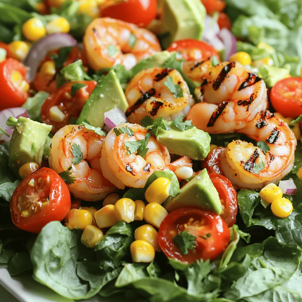 For this salad, start with: - 1 pound large shrimp, peeled and deveined - 2 tablespoons extra virgin olive oil - 1 teaspoon smoked paprika - 1 teaspoon ground cumin - 1 teaspoon garlic powder - 1 teaspoon chili powder - Salt and freshly cracked black pepper to taste These ingredients create a flavorful marinade. The shrimp soak up all the spices, making each bite delightful. Next, gather your salad base: - 4 cups mixed salad greens (like arugula, spinach, and romaine) - 1 cup cherry tomatoes, halved - 1 ripe avocado, diced - 1 cup corn kernels (fresh or frozen, thawed) - 1/4 red onion, thinly sliced - 1/4 cup fresh cilantro, chopped - Juice of 2 zesty limes These veggies add freshness and nutrition. The lime juice brightens the entire dish. For those who want a spicy kick, consider: - Sliced jalapeños They bring heat and extra flavor. Feel free to mix and match as you like. For the full recipe, check out the details above. Enjoy making your Grilled Mexican Shrimp Salad! Preparing the Marinade First, grab a mixing bowl. In it, combine 2 tablespoons of extra virgin olive oil, 1 teaspoon of smoked paprika, 1 teaspoon of ground cumin, 1 teaspoon of garlic powder, and 1 teaspoon of chili powder. Add salt and freshly cracked black pepper to taste. Whisk these together until they blend well. Coating the Shrimp Next, add 1 pound of peeled and deveined shrimp to the bowl. Make sure each shrimp gets fully coated in the marinade. Allow the shrimp to sit for 15-20 minutes at room temperature. This helps the flavors soak in well. Preparing the Grill While the shrimp marinates, preheat your grill to medium-high heat. You want it hot enough to get a nice sear on the shrimp. If you have skewers, thread the marinated shrimp onto them. This makes grilling easier. Cooking Time and Techniques Place the skewers on the grill. Cook the shrimp for about 2-3 minutes on each side. They are done when they turn a vibrant pink. Once cooked, carefully remove the skewers from the grill and set the shrimp aside to rest. Layering the Salad Ingredients In a large salad bowl, start layering. First, add 4 cups of mixed salad greens. Then, toss in 1 cup of halved cherry tomatoes, 1 diced avocado, 1 cup of corn kernels, and 1/4 sliced red onion. Finally, sprinkle 1/4 cup of chopped fresh cilantro on top. Adding the Dressing Squeeze the juice of 2 limes over the salad. Gently toss the salad to mix everything together. Make sure all the ingredients are well coated with the zesty lime juice. Finally, place the grilled shrimp on top. If you like spice, add sliced jalapeños for an extra kick. Now your Grilled Mexican Shrimp Salad is ready to enjoy! For the full recipe, check out the details provided earlier. Achieving the Right Cooking Temperature For grilled shrimp, the key is medium-high heat. This temperature helps the shrimp cook evenly. When the grill is hot, place the shrimp on it. This way, you get that nice char. Aim for a grill temperature of about 400°F to 450°F. Use a thermometer if you have one. Avoiding Overcooking Shrimp cook fast. You only need about 2-3 minutes per side. Watch them change color. They will turn pink and opaque when done. If you leave them too long, they can become tough. Remove them from the grill as soon as they are cooked. Choosing the Right Greens A mix of greens adds great texture. Use arugula, spinach, and romaine for crunch and flavor. Each green has its unique taste, making the salad more fun. You can also add kale for extra nutrients. Adding Spices or Dressings Spices can elevate your salad. A simple lime juice dressing works well. You can also mix olive oil with chili powder for a kick. If you want extra flavor, try adding cumin or paprika to the dressing. Accompaniments to Pair To make your meal complete, serve with tortilla chips. You can also add a side of black beans or corn salsa. These dishes complement the shrimp and salad well. They add color and flavor to your plate. Creative Presentation Ideas Presentation matters. Serve the salad in a large bowl for sharing. You can also use individual plates for a fancy touch. Arrange the shrimp on top with lime wedges on the side. This adds a pop of color and makes it look appetizing. For a detailed guide on making this dish, refer to the Full Recipe. {{image_4}} Making it Gluten-Free This salad is naturally gluten-free. Use gluten-free ingredients for the marinade. Ensure your spices do not contain gluten. You can enjoy this meal without worry. Vegan or Vegetarian Alternatives To make this dish vegan, swap shrimp for grilled tofu or chickpeas. Use the same marinade to add flavor. For a vegetarian option, you can use halloumi cheese. It grills well and adds a nice texture. Adding Tropical Fruits Add mango or pineapple for a sweet twist. These fruits pair well with the shrimp. Their natural sugars balance the spices in the salad. Just chop them up and toss them in. Experimenting with Different Herb Combinations Try mint or basil for fresh notes. These herbs bring a new layer of flavor. Mix them in with the cilantro for a unique taste. You can also use parsley if you want something milder. Oven or Stovetop Techniques If you don't have a grill, you can use your oven. Set it to broil and place the shrimp on a baking sheet. Cook for about 6-8 minutes. You can also sauté the shrimp in a pan over medium heat. Shrimp Cooking in Air Fryer An air fryer cooks shrimp quickly and keeps them juicy. Toss the marinated shrimp in the air fryer basket. Cook at 400°F for about 5-6 minutes. This method gives you a nice char without the grill. For the Full Recipe, check the details above. To store your Grilled Mexican Shrimp Salad, use airtight containers. Glass containers work best since they do not hold odors. You can also use plastic containers with tight lids. - Recommended Container Types: - Glass containers - Plastic containers with lids For the best taste, eat leftovers within two days. After that, the shrimp can lose their fresh flavor. - Storage Duration Guidelines: - Consume within 2 days for best taste - Store in the fridge To reheat your salad, gently warm the shrimp in a pan. Avoid high heat, as it can dry them out. You want to keep the shrimp juicy and flavorful. - Best Practices for Retaining Flavor: - Use low heat in a pan - Cover the pan to trap moisture Stay away from the microwave. It can make the shrimp rubbery and the vegetables soggy. - Avoiding Sogginess: - Do not microwave - Reheat on the stove instead If you want to save some salad for later, you can freeze the shrimp. But be careful with the salad greens and veggies. They do not freeze well. - How to Freeze the Salad: - Freeze the shrimp alone - Store shrimp in a single layer on a tray, then transfer to a bag For thawing, place the shrimp in the fridge overnight. This keeps them tender and tasty. - Best Practices for Thawing: - Thaw in the fridge overnight - Avoid thawing at room temperature You can add heat by using fresh jalapeños or diced serrano peppers. These peppers pack a punch. Another option is to sprinkle in some red pepper flakes or cayenne pepper. Both will add warmth without changing the dish too much. For the best flavor, use fresh peppers. They have a bright taste that dried spices lack. If you want a smoky flavor, consider using chipotle peppers in adobo sauce. It adds a unique twist to the shrimp salad. Yes, you can use frozen shrimp! Start by thawing the shrimp before you cook them. Place them in a bowl of cold water for about 15-20 minutes. This method is quick and effective. Frozen shrimp may differ in texture from fresh shrimp. They can be slightly softer but will still work well in this salad. Just make sure to drain them well after thawing to avoid excess water in your salad. If you need a substitute for lime juice, consider using lemon juice. It has a similar tangy taste. You can also try orange juice for a sweeter flavor profile. For a different twist, use apple cider vinegar or white wine vinegar. Both will add acidity but with a unique taste. Adjust the amount to your liking, as these liquids can be stronger than lime juice. Grilled Mexican Shrimp Salad draws from Mexican cuisine. It features fresh ingredients like lime, cilantro, and shrimp. These ingredients are staples in many Mexican dishes. The salad showcases how simple flavors can create a vibrant dish. You can find similar salads served in beach towns along the Mexican coast. They often serve it with tortilla chips or as a light main course, highlighting its cultural roots. For the full recipe, refer to the [Full Recipe]. Grilled Mexican shrimp salad combines fresh shrimp, vibrant greens, and zesty flavors. I covered the ingredients, step-by-step instructions, and helpful tips for the perfect dish. You can customize it easily for dietary needs and flavor preferences. Remember to store leftovers properly and reheat without losing taste. Whether you're grilling for family or friends, this salad will impress. With practice, you can master this dish and enjoy it often. Now, go ahead and make your own delicious version!