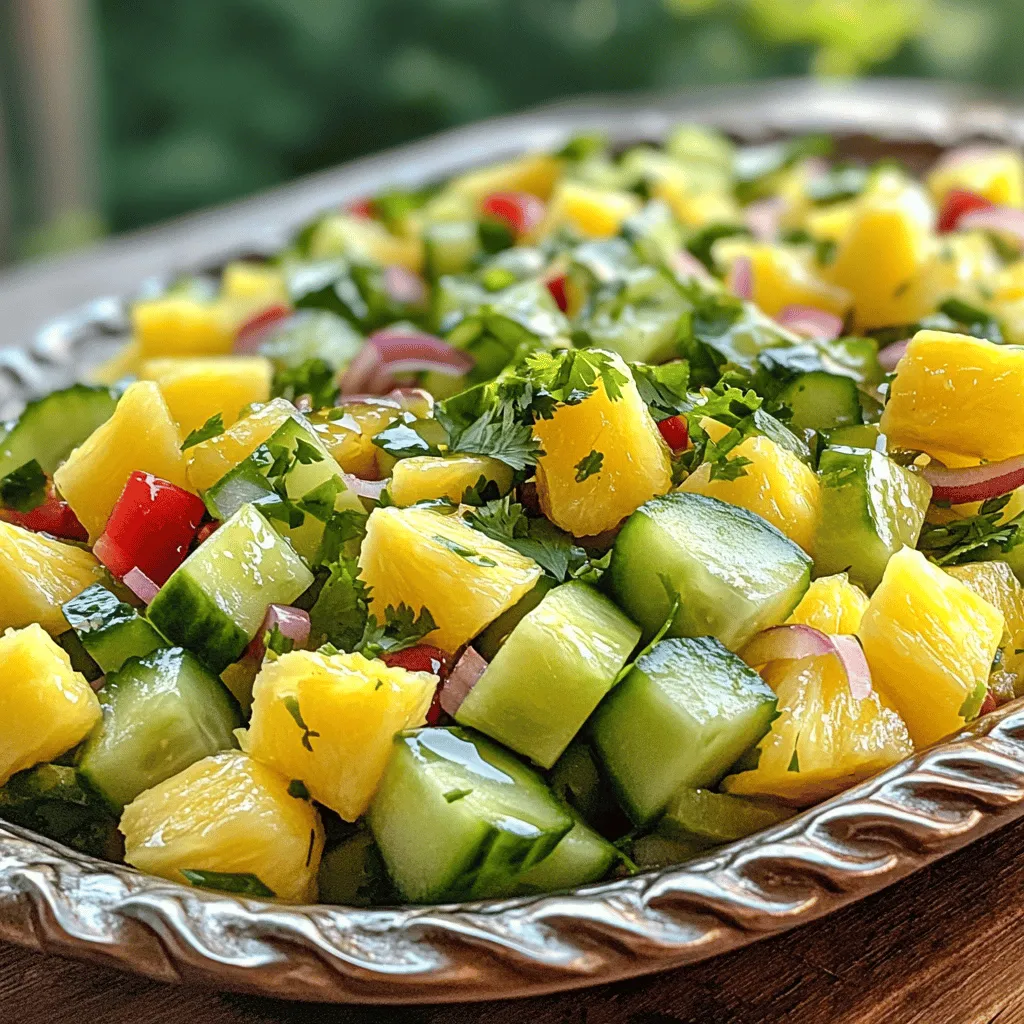 - Ripe pineapple, peeled and diced - Cucumbers, peeled and diced - Red bell pepper, diced - Red onion, thinly sliced - Fresh cilantro, chopped - Lime juice, freshly squeezed - Honey or agave syrup - Ground cumin - Salt and pepper 1. Start by combining the diced pineapple, cucumber, red bell pepper, and onion in a large bowl. 2. For the dressing, whisk together lime juice, honey or agave syrup, ground cumin, salt, and pepper in a small bowl. 1. Drizzle the dressing over the salad mixture. 2. Gently toss to coat all the ingredients well. 3. Fold in the chopped cilantro carefully. 4. Allow the salad to rest for about ten minutes before serving. This rest time helps the flavors mix. You can serve this dish chilled or at room temperature. It pairs well with grilled meats or can be enjoyed on its own. For the full recipe, check out the Tropical Citrus Pineapple Cucumber Salad. This blog post covered the fresh ingredients and dressing needed for a tasty salad. I shared clear steps for preparation, mixing, and serving. Key tips helped enhance flavor and presentation. You saw variations and dietary adjustments for different needs. Storage advice ensured you keep the salad fresh longer. Overall, this pineapple cucumber salad is easy to make and enjoy. With fresh ingredients, it's both delicious and healthy. Now, you can impress others with your salad skills. Go ahead and give it a try!
