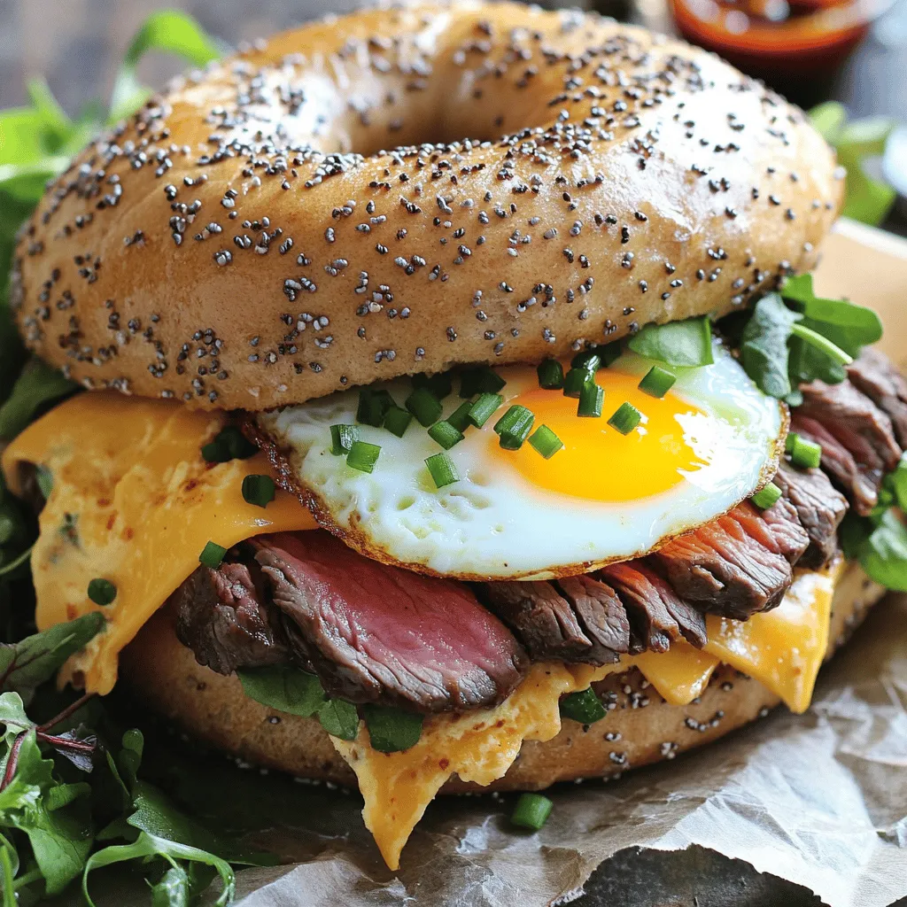 To create a delicious Hearty Steak Egg and Cheese Bagel Sandwich, gather these ingredients: - 1 everything bagel, sliced in half - 4 oz flank steak, trimmed - 1 large egg - 1 slice cheddar cheese (sharp for more flavor) - 1 tablespoon olive oil - Salt and freshly cracked pepper, to taste - Optional: sriracha sauce or your favorite hot sauce for an extra kick - Fresh chives, finely chopped, for garnish These ingredients come together to make a filling and tasty meal. The everything bagel adds a great mix of flavors. Flank steak provides a hearty protein. A fried egg adds richness, while cheddar cheese melts perfectly over the hot steak. Olive oil helps cook the steak and egg just right. Use salt and pepper to boost overall taste. The optional hot sauce gives a nice spicy twist. Don’t forget fresh chives for color and taste. For the full recipe, check out the details above. Enjoy crafting this mouthwatering sandwich! To start, season the flank steak well with salt and freshly cracked pepper. This simple step packs in the flavor. Heat olive oil in a skillet over medium-high heat. When the oil shimmers, add the seasoned steak. Cook for about 4-5 minutes on each side for medium-rare. If you prefer it cooked more, adjust the time as needed. Once done, take the steak out and let it rest for 5 minutes. This resting time is key, as it helps the juices stay inside. After resting, slice the steak thinly against the grain. This technique ensures each bite is tender. Next, we need to fry the egg. Use the same skillet, but lower the heat to medium. Crack the egg directly into the pan, cooking it to your liking. Whether you want it sunny-side up or over-easy, let the whites set while keeping the yolk runny. A pinch of salt and pepper adds flavor during cooking. While the egg fries, it’s bagel time! You can use a toaster or a dry skillet. Toast the bagel halves until they are golden brown and slightly crispy. This step gives your sandwich the right texture for a tasty bite. Now comes the fun part: assembling the sandwich. Start with the bottom half of your toasted bagel. Layer the sliced flank steak evenly on it. Place a slice of cheddar cheese on top. The heat from the steak will help melt the cheese nicely. Next, add the fried egg on top of the cheese. If you like a kick, drizzle some sriracha or your favorite hot sauce over the egg. To finish your sandwich, crown it with the other half of the bagel. For a nice touch, sprinkle fresh chopped chives on top. This adds color and a fresh taste. Serve your sandwich with a side of mixed greens for a great balance. For a rustic look, wrap the sandwich in parchment paper. Enjoy your creation! - Temperature control for doneness: Use a meat thermometer. For medium rare, aim for 130°F. This gives a juicy, tender steak. - Slicing steak for tenderness: Always slice against the grain. This helps break down fibers. You get a softer bite in each piece. - Different styles of fried eggs: You can choose sunny-side up or over-easy. Sunny-side keeps the yolk runny. Over-easy cooks the yolk a bit more. - How to customize egg doneness: Cook longer for a firmer yolk. If you like it runny, watch closely and remove when the white sets. - Choosing the right bagel variety: An everything bagel adds flavor. A plain bagel works too if you prefer something simpler. - Timing and temperature for perfect toast: Toast on medium heat for about 3-4 minutes. Check often to avoid burning. You want a nice crispness without being too hard. Use these tips to elevate your Hearty Steak Egg and Cheese Bagel Sandwich! For a full recipe, check out the Full Recipe section above. {{image_4}} You can switch out the steak for chicken or turkey. Chicken breast works well when grilled or pan-seared. Season it like you would the steak. Cook until it’s juicy and tender. If you prefer a vegetarian option, try using mushrooms. Portobello mushrooms are great for their meaty texture. Just marinate and grill them until they are soft and flavorful. For a vegan twist, use tofu or tempeh. Press the tofu to remove water, then marinate it. Cook it until it's golden brown. This adds protein without meat. Cheese can change the whole taste of your sandwich. Try different types like gouda, pepper jack, or Swiss. Gouda brings a creamy texture, while pepper jack adds spice. You can also mix cheeses for more flavor. Pair cheddar with a slice of blue cheese for a bold taste. Use cheese that melts well for that gooey experience. Toppings can give your sandwich an extra kick. Try adding sliced avocado for creaminess. Fresh tomatoes can add a nice burst of flavor. Both pair well with the steak. You can also mix in sauces or spreads. A dash of aioli or pesto can elevate it. For a spicy touch, use sriracha or a chipotle sauce. Each addition can create a new flavor profile. For more ideas, check out the Full Recipe for the Hearty Steak Egg and Cheese Bagel Sandwich. To keep your Hearty Steak Egg and Cheese Bagel Sandwich fresh, wrap it well. Use plastic wrap or aluminum foil. Place your wrapped sandwich in an airtight container. This will help keep it moist. Store it in the fridge. Your leftovers will be good for up to three days. After that, they may lose their taste and texture. When it’s time to eat your leftovers, you want them warm and tasty. Here are some easy ways to reheat your sandwich: - Microwave: Place the sandwich on a microwave-safe plate. Heat in 30-second bursts until warm. Check often to avoid a soggy bagel. - Skillet: Heat a skillet over medium heat. Place the sandwich in the skillet for about 2-3 minutes on each side. This keeps the bagel crispy. - Oven: Preheat your oven to 350°F (175°C). Wrap the sandwich in foil and heat for about 10-15 minutes. This method keeps the sandwich structure intact. To keep the sandwich from getting squished, use a flat spatula when you flip it in the skillet. Enjoy your tasty leftover treat! If you want more ideas, check out the Full Recipe for other tips. To make this tasty sandwich, follow these steps: 1. Cook the Steak: Start by seasoning the flank steak with salt and pepper. Heat olive oil in a skillet over medium-high heat. Cook the steak for about 4-5 minutes on each side for medium rare. Remove it from the skillet and let it rest for 5 minutes. Slice it thinly against the grain. 2. Fry the Egg: In the same skillet, reduce the heat to medium and crack an egg into the pan. Fry it to your liking. Season with salt and pepper while cooking. 3. Toast the Bagel: Toast the bagel halves in a toaster or on a skillet until golden brown. 4. Assemble the Sandwich: Place the sliced steak on the bottom half of the bagel. Add cheddar cheese on top, then the fried egg. If you want heat, drizzle sriracha or your favorite hot sauce over the egg. 5. Finish the Sandwich: Top it with the other half of the bagel. Sprinkle fresh chives on top for added flavor. For the full details, check the Full Recipe. Yes, you can prepare parts of this sandwich ahead of time. Here are some tips: - Cook the Steak: You can cook the steak a day before. Slice it and store it in the fridge. - Fried Egg: Fry the egg fresh when you are ready to eat. This keeps it warm and soft. - Bagel: Toast the bagel right before serving to keep it crispy. - Storage: Keep all parts in airtight containers in the fridge. They will stay fresh for about 2 days. Some great sides to pair with your sandwich include: - Mixed Greens: A light salad adds freshness. - Fruit: Slices of fresh fruit like apples or grapes provide sweetness. - Potato Chips: A crunchy side adds texture. - Pickles: They give a nice tangy contrast. You can find this sandwich at local diners or cafes. Many places offer it as a breakfast option. Check online food delivery apps too. They often list nearby spots that serve this sandwich. Here's a simple breakdown of the sandwich's nutrition: - Calories: About 550-600 calories per serving. - Protein: Roughly 35-40 grams from the steak and egg. - Fat: Around 25 grams, depending on the cheese and oil. - Carbohydrates: Approximately 45 grams, mostly from the bagel. This sandwich packs a hearty meal while still being easy to prepare! This guide helped you create a tasty Steak Egg and Cheese Bagel. You learned about the key ingredients, cooking steps, and helpful tips. To make it special, try different cheeses or proteins. If you have leftovers, store them right to enjoy later. With these ideas, you can craft the perfect sandwich every time. Your taste buds will thank you!