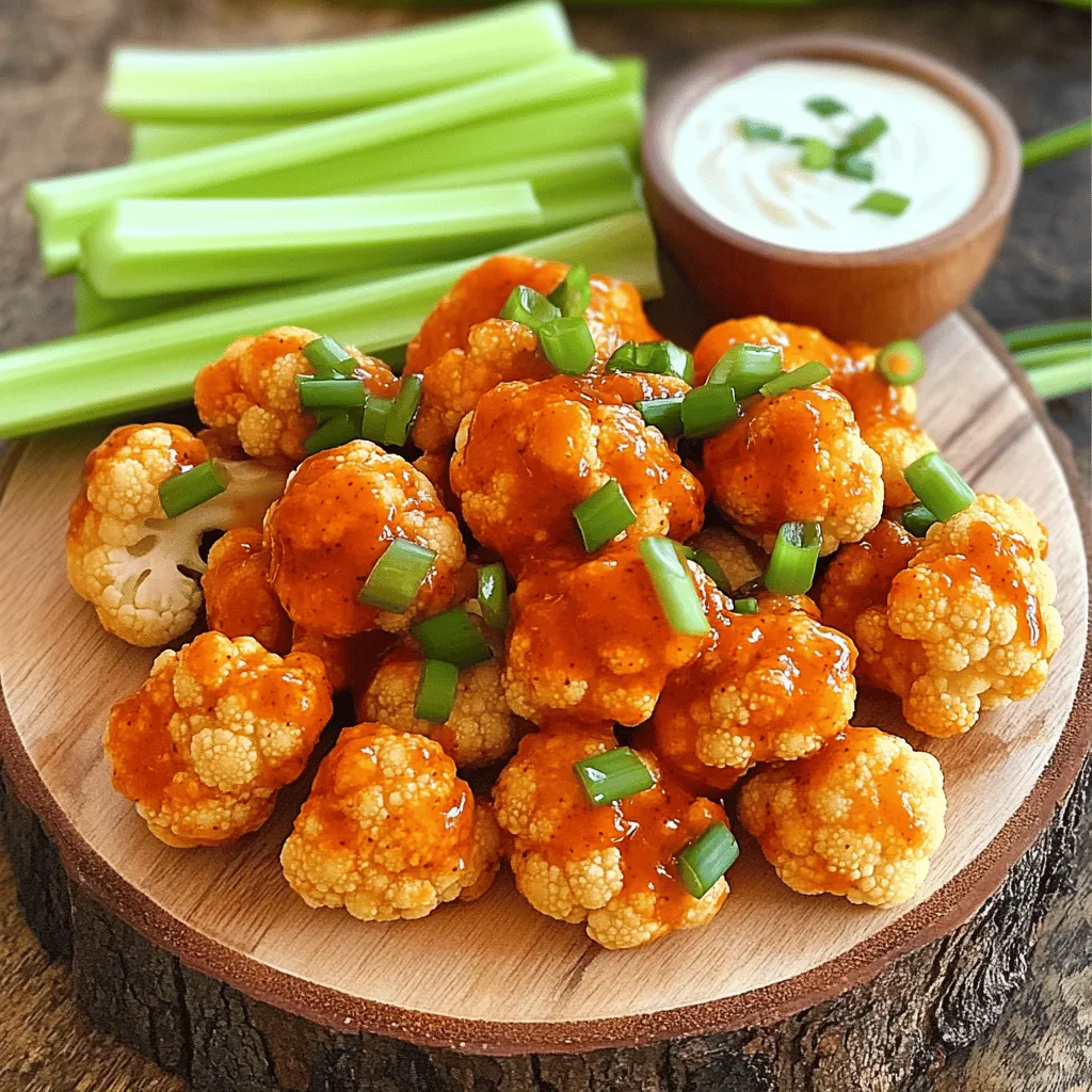 - Cauliflower florets: Start with one medium cauliflower head. Cut it into bite-sized pieces. This gives you the perfect base for your wings. - Flour options: You can use either one cup of all-purpose flour or chickpea flour. Chickpea flour adds a nice flavor and makes it gluten-free. - Non-dairy milk options: Use one cup of almond milk or any non-dairy milk you prefer. This helps create a smooth batter that sticks well. - Spices and seasonings: I like to add one teaspoon each of garlic powder and onion powder for flavor. Also, add one teaspoon of smoked paprika, half a teaspoon of salt, and a quarter teaspoon of ground black pepper. - Buffalo sauce details: You’ll need one cup of buffalo sauce. You can use store-bought or make your own. The sauce gives the wings that spicy kick everyone loves. - Olive oil inclusion: Finally, add two tablespoons of extra virgin olive oil. This helps the buffalo sauce stick to the wings and adds richness. These ingredients combine to create crispy, flavorful Buffalo Cauliflower Wings. You can find the complete list and step-by-step guide in the Full Recipe. 1. Preheat and Prepare the Baking Sheet Start by preheating your oven to 450°F (230°C). This temperature helps the wings become crispy. Line a large baking sheet with parchment paper. This makes cleaning easy. 2. Mixing Dry Ingredients In a big bowl, mix together the flour, garlic powder, onion powder, smoked paprika, salt, and black pepper. This blend gives flavor to the flour coating. 3. Creating the Batter Slowly pour in the almond milk while whisking the dry mix. Keep mixing until the batter is smooth. You want it to be free of lumps. 4. Coating the Cauliflower Take each cauliflower floret and dip it in the batter. Make sure to coat it well. Let any extra batter drip off before placing them on the baking sheet. 1. Roasting the Cauliflower Wings Put the baking sheet in the oven. Roast the cauliflower wings for 25-30 minutes. Flip them halfway to ensure they cook evenly. This helps create a nice, golden brown color. 2. Preparing Buffalo Sauce While the wings roast, mix the buffalo sauce with olive oil in a small bowl. If you want, you can warm it slightly to help it blend better. 3. Final Baking for Crispiness After roasting, take the wings out of the oven. Toss them in the buffalo sauce until fully coated. Then, return them to the baking sheet and bake for another 10 minutes. This step adds extra crispiness. - Presentation Tips Serve the buffalo cauliflower wings on a bright platter. Add fresh celery sticks and a bowl of creamy ranch or tangy blue cheese dressing. For a nice touch, sprinkle chopped green onions or fresh cilantro on top. - Ideal Accompaniments Pair these wings with your favorite dipping sauces and crunchy veggies. They make a great appetizer or snack for any party or game day. To get the best buffalo cauliflower wings, follow these cooking tips: - Optimal baking temperature & timing: Set your oven to 450°F (230°C). This high heat helps the wings turn crispy. Bake for 25-30 minutes. Flip them halfway through. - Ensuring maximum crispiness: Make sure to coat the cauliflower well. Let excess batter drip off. Space the florets out on the baking sheet. This helps them cook evenly and get crispy. If you have dietary needs, here are some easy swaps: - Gluten-free options: Use chickpea flour instead of all-purpose flour. It works great for the batter. - Dairy-free alternatives: Almond milk is a good choice. You can also use oat milk or any plant-based milk you like. Boost the taste of your buffalo cauliflower wings with these ideas: - Additional spices to consider: Try adding cayenne pepper for a kick. Smoked paprika adds depth. You can also use a pinch of cumin for a warm flavor. - Homemade buffalo sauce options: Make your own buffalo sauce by mixing hot sauce with melted vegan butter. This gives you control over the heat and flavor. You can use your favorite hot sauce for a unique twist. For the full recipe, check out the detailed instructions to create these wings! {{image_4}} You can enjoy buffalo cauliflower wings in various ways. The main debate is baked versus fried. Baked wings are great for a healthier option. They are crispy yet light. Fried wings offer a richer taste and crunch. Consider your preference when choosing how to cook them. Next, you can use different seasoning blends. A classic mix includes garlic powder and smoked paprika. You can also try adding cayenne pepper for heat or Italian herbs for a twist. Experiment with flavors to find your favorite combination. While buffalo sauce is the star, you can switch things up. A BBQ sauce variation gives a sweet and tangy flavor. Just toss the baked wings in your favorite BBQ sauce after cooking. Another tasty option is garlic parmesan. Simply mix melted butter, garlic, and grated parmesan cheese. Toss the wings in this mix for a creamy, savory treat. Both options provide a fun way to enjoy this dish. Get creative with your dipping sauces! Ranch or blue cheese are classic choices, but don’t stop there. Try a spicy aioli or a creamy avocado dip for a fresh twist. Pair your wings with side dishes for a complete meal. Celery sticks and carrot sticks add crunch and freshness. For something heartier, serve with a side of sweet potato fries. These pairings enhance the flavors and make your meal more exciting. For a full recipe, check out the details above to create your own buffalo cauliflower wings! After enjoying your buffalo cauliflower wings, let them cool down. Place the wings in airtight containers. This will keep them fresh for up to four days. If you have a lot of leftovers, separate them into smaller portions. This makes it easy to grab just what you need. To heat leftovers, use the oven for the best result. Preheat it to 350°F (175°C). Spread the wings on a baking sheet. Bake for about 10-15 minutes until they are warm and crisp again. You can use a microwave but expect them to lose some crispiness. If you must, place a paper towel under the wings to absorb moisture. You can freeze buffalo cauliflower wings for longer storage. Arrange the wings in a single layer on a baking sheet. Freeze them for about an hour until they are firm. Then, transfer them to a freezer-safe bag or container. They can stay good for up to three months. When ready to eat, thaw them in the fridge overnight. Reheat them in the oven to bring back their crispy texture. Buffalo cauliflower wings are a tasty and popular snack. They are made from cauliflower florets, coated in a flavorful batter, and tossed in spicy buffalo sauce. This dish is a great plant-based alternative to chicken wings. Many people enjoy them during game days or as a fun appetizer. The spicy and tangy sauce gives them a bold flavor. Plus, they are perfect for sharing at parties. To achieve crispy buffalo cauliflower wings, follow these tips: - Use a high oven temperature, like 450°F (230°C). - Coat the florets in batter well, ensuring even coverage. - Flip the wings halfway through baking for even crisping. - Bake them in a single layer, avoiding overcrowding. - Toss them in sauce after the first bake and bake again for a crispy finish. Buffalo cauliflower wings can be a healthier choice compared to traditional wings. They are low in calories and high in fiber. Cauliflower is packed with vitamins and minerals. Using non-dairy milk and chickpea flour can also make them friendly for certain diets. However, the buffalo sauce can add sodium, so check the label if you're watching your intake. Many restaurants and bars serve buffalo cauliflower wings as a vegetarian option. You can often find them on the appetizer menu. Local pizzerias and pub-style eateries may also offer them. For takeout, check popular food delivery apps for options near you. Yes, you can prepare buffalo cauliflower wings in advance. You can make the batter and coat the florets earlier in the day. Just store them in the fridge until you're ready to bake. If you want to store cooked wings, keep them in an airtight container in the fridge. When ready to serve, just reheat them in the oven to restore crispiness. For the full recipe, check the recipe section. This guide on buffalo cauliflower wings covers everything you need. From key ingredients to cooking methods, you now know how to create a delicious dish. Remember to play with flavors and spices to make it your own. Whether you dip, drizzle, or enjoy it plain, these wings offer fun and tasty options. Store your leftovers right, and you can enjoy them later too. Now, it’s time to get cooking and impress everyone with your buffalo cauliflower wings!