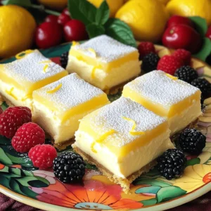 - 1 cup graham cracker crumbs - 1/4 cup unsalted butter, melted - 2 tablespoons granulated sugar - 16 ounces cream cheese, softened to room temperature - 1 cup granulated sugar - 3 large eggs, at room temperature - 1/4 cup fresh lemon juice (about 2 lemons) - Zest of 2 lemons - 1 teaspoon vanilla extract - 1/4 teaspoon salt - Powdered sugar, for dusting - Fresh berries (such as strawberries, blueberries, or raspberries), for garnish (optional) Using fresh ingredients is key for great taste. Fresh lemons give the best flavor. Pre-packaged items may lack that bright zing. For example, real cream cheese makes a big difference. It should be smooth and rich. Quality ingredients lead to better texture too. Cream cheese should be soft and lump-free. Each serving has about 180 calories. There are 12 grams of fat and 16 grams of carbs. You also get 3 grams of protein. These squares are rich and tasty. Enjoy them as a treat, but keep portion sizes in mind. 1. Preheat your oven to 325°F (160°C). 2. Grease an 8x8-inch baking pan with cooking spray. 3. Line the pan with parchment paper, leaving some paper hanging over the edges. 4. In a bowl, combine 1 cup graham cracker crumbs, 1/4 cup melted butter, and 2 tablespoons sugar. 5. Stir until the crumbs feel like wet sand. 6. Press the crumb mixture into the bottom of the pan, making it even. 7. Bake this crust for 10 minutes, then let it cool a bit. 1. In a large bowl, beat 16 ounces of softened cream cheese until smooth. 2. Add 1 cup of sugar slowly while mixing. 3. Beat until the mixture is light and fluffy. 4. Add 3 large eggs one at a time, mixing on low. 5. Don't overmix; just blend until combined. 6. With the mixer on low, add 1/4 cup lemon juice, lemon zest, 1 teaspoon vanilla, and 1/4 teaspoon salt. 7. Mix until smooth, creating a creamy filling. 8. Pour this filling over the cooled crust, smoothing it with a spatula. 1. Bake the cheesecake for 30-35 minutes. 2. The edges should look set, but the center will be a bit jiggly. 3. Once done, take it out of the oven and cool it for 1 hour at room temperature. 4. After that, move it to the fridge for at least 4 hours, or overnight for the best texture. 5. When ready, lift it out using the parchment paper. 6. Cut into squares and dust with powdered sugar. 7. Add fresh berries if you like for a colorful touch. For the full recipe, check out the link provided. To make smooth lemon cheesecake squares, avoid cracks on top. Start by mixing the cream cheese until it's very smooth. Use a mixer on medium speed for 2-3 minutes. This helps break down lumps. When adding eggs, do it one at a time. Mix on low speed. Overmixing can add air, which causes cracks. Bake at the right temperature. If the edges are set and the center jiggles slightly, it’s ready. Let it cool slowly to keep it from cracking. Want more zing? Add flavor extracts or zest. A splash of almond extract can add depth. You can mix lemon zest in for a stronger citrus flavor. Balancing sweetness is key. If your cheesecake is too sweet, add a touch more lemon juice. This gives a nice tartness. Taste as you mix to ensure it’s just right for your liking. Plating makes your dessert pop. Cut the squares evenly for a nice look. Use a colorful plate or platter to make it inviting. Dust with powdered sugar for a sweet touch. Fresh berries add color and taste. Arrange them artfully around the squares. Add mint leaves for a fresh look. These little touches make your lemon cheesecake squares shine at any gathering. For the full recipe, check the earlier section. {{image_4}} You can switch up the crust for your lemon cheesecake squares. If you want a fun twist, try using crushed Oreos. They add a rich chocolate taste. Just mix the crumbs with melted butter. For a gluten-free option, use almond flour or gluten-free graham crackers. The taste remains great while keeping it safe for gluten-sensitive guests. Want to change the flavor? You can use lime or orange juice instead of lemon. These citrus fruits bring a fresh and bright taste. If you love chocolate, swirl in melted chocolate into the filling. You can also add fruit purees, like raspberry or strawberry, for a fruity surprise. Each option gives your cheesecake squares a new identity. Elevate your presentation with tasty toppings. You can dust the squares with powdered sugar for a sweet finish. Adding a layer of fruit compote on top adds flavor and color. A drizzle of chocolate sauce makes it look fancy and delicious. Fresh mint leaves can also make your dessert pop. These simple touches make your lemon cheesecake squares even more appealing. For the complete recipe, refer to the [Full Recipe]. To keep your lemon cheesecake squares fresh, store them in the fridge. Use an airtight container. This helps maintain their creamy texture and zesty flavor. Always let them cool completely before covering. If they’re warm, condensation can form and affect the taste. You can freeze lemon cheesecake squares for later enjoyment. First, cut them into squares. Wrap each piece tightly in plastic wrap. Place the wrapped squares in a freezer-safe bag. They can stay frozen for about three months. When ready to eat, thaw them in the fridge overnight for the best texture. Lemon cheesecake squares are best enjoyed within five days when stored in the fridge. Check for any signs of spoilage. If you see mold or an off smell, it's time to toss them. Keeping an eye on freshness helps you enjoy these treats at their best. For the full recipe, check out [Full Recipe]. To tell if your lemon cheesecake squares are done, look for a few signs. First, the edges should appear set and firm. The center will have a slight jiggle, which is normal. You can also check with a toothpick. Insert it in the center; it should come out mostly clean but may have a few crumbs. If it’s too wet, bake for a few more minutes. Keep an eye on them to avoid overbaking. Yes, you can make lemon cheesecake squares ahead of time. This treat actually tastes better when it sits. Prepare them the day before, then chill in the fridge for at least four hours. For best taste, overnight chilling is best. Once cooled, cover them tightly with plastic wrap. This keeps them fresh and tasty. Just remember to dust with powdered sugar right before serving. Yes, you can substitute some ingredients in this recipe. For a dairy-free option, use vegan cream cheese. You can also use almond or coconut milk for the cream cheese. If you need an egg substitute, use flaxseed meal or applesauce. For each egg, mix one tablespoon of flaxseed with three tablespoons of water. Let it sit for a few minutes to thicken. This keeps your squares moist and tasty. In this article, we explored how to create delicious lemon cheesecake squares. We discussed essential ingredients, emphasizing the quality of each one. I shared step-by-step instructions for making your dessert, from preparation to baking. Tips on achieving the perfect texture and flavor were included, along with variations and storage information. Remember, using fresh ingredients makes a big difference in taste. Keep experimenting with flavors and presentations. Enjoy your baking journey!
