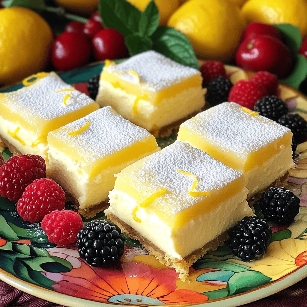 - 1 cup graham cracker crumbs - 1/4 cup unsalted butter, melted - 2 tablespoons granulated sugar - 16 ounces cream cheese, softened to room temperature - 1 cup granulated sugar - 3 large eggs, at room temperature - 1/4 cup fresh lemon juice (about 2 lemons) - Zest of 2 lemons - 1 teaspoon vanilla extract - 1/4 teaspoon salt - Powdered sugar, for dusting - Fresh berries (such as strawberries, blueberries, or raspberries), for garnish (optional) Using fresh ingredients is key for great taste. Fresh lemons give the best flavor. Pre-packaged items may lack that bright zing. For example, real cream cheese makes a big difference. It should be smooth and rich. Quality ingredients lead to better texture too. Cream cheese should be soft and lump-free. Each serving has about 180 calories. There are 12 grams of fat and 16 grams of carbs. You also get 3 grams of protein. These squares are rich and tasty. Enjoy them as a treat, but keep portion sizes in mind. 1. Preheat your oven to 325°F (160°C). 2. Grease an 8x8-inch baking pan with cooking spray. 3. Line the pan with parchment paper, leaving some paper hanging over the edges. 4. In a bowl, combine 1 cup graham cracker crumbs, 1/4 cup melted butter, and 2 tablespoons sugar. 5. Stir until the crumbs feel like wet sand. 6. Press the crumb mixture into the bottom of the pan, making it even. 7. Bake this crust for 10 minutes, then let it cool a bit. 1. In a large bowl, beat 16 ounces of softened cream cheese until smooth. 2. Add 1 cup of sugar slowly while mixing. 3. Beat until the mixture is light and fluffy. 4. Add 3 large eggs one at a time, mixing on low. 5. Don't overmix; just blend until combined. 6. With the mixer on low, add 1/4 cup lemon juice, lemon zest, 1 teaspoon vanilla, and 1/4 teaspoon salt. 7. Mix until smooth, creating a creamy filling. 8. Pour this filling over the cooled crust, smoothing it with a spatula. 1. Bake the cheesecake for 30-35 minutes. 2. The edges should look set, but the center will be a bit jiggly. 3. Once done, take it out of the oven and cool it for 1 hour at room temperature. 4. After that, move it to the fridge for at least 4 hours, or overnight for the best texture. 5. When ready, lift it out using the parchment paper. 6. Cut into squares and dust with powdered sugar. 7. Add fresh berries if you like for a colorful touch. For the full recipe, check out the link provided. To make smooth lemon cheesecake squares, avoid cracks on top. Start by mixing the cream cheese until it's very smooth. Use a mixer on medium speed for 2-3 minutes. This helps break down lumps. When adding eggs, do it one at a time. Mix on low speed. Overmixing can add air, which causes cracks. Bake at the right temperature. If the edges are set and the center jiggles slightly, it’s ready. Let it cool slowly to keep it from cracking. Want more zing? Add flavor extracts or zest. A splash of almond extract can add depth. You can mix lemon zest in for a stronger citrus flavor. Balancing sweetness is key. If your cheesecake is too sweet, add a touch more lemon juice. This gives a nice tartness. Taste as you mix to ensure it’s just right for your liking. Plating makes your dessert pop. Cut the squares evenly for a nice look. Use a colorful plate or platter to make it inviting. Dust with powdered sugar for a sweet touch. Fresh berries add color and taste. Arrange them artfully around the squares. Add mint leaves for a fresh look. These little touches make your lemon cheesecake squares shine at any gathering. For the full recipe, check the earlier section. {{image_4}} You can switch up the crust for your lemon cheesecake squares. If you want a fun twist, try using crushed Oreos. They add a rich chocolate taste. Just mix the crumbs with melted butter. For a gluten-free option, use almond flour or gluten-free graham crackers. The taste remains great while keeping it safe for gluten-sensitive guests. Want to change the flavor? You can use lime or orange juice instead of lemon. These citrus fruits bring a fresh and bright taste. If you love chocolate, swirl in melted chocolate into the filling. You can also add fruit purees, like raspberry or strawberry, for a fruity surprise. Each option gives your cheesecake squares a new identity. Elevate your presentation with tasty toppings. You can dust the squares with powdered sugar for a sweet finish. Adding a layer of fruit compote on top adds flavor and color. A drizzle of chocolate sauce makes it look fancy and delicious. Fresh mint leaves can also make your dessert pop. These simple touches make your lemon cheesecake squares even more appealing. For the complete recipe, refer to the [Full Recipe]. To keep your lemon cheesecake squares fresh, store them in the fridge. Use an airtight container. This helps maintain their creamy texture and zesty flavor. Always let them cool completely before covering. If they’re warm, condensation can form and affect the taste. You can freeze lemon cheesecake squares for later enjoyment. First, cut them into squares. Wrap each piece tightly in plastic wrap. Place the wrapped squares in a freezer-safe bag. They can stay frozen for about three months. When ready to eat, thaw them in the fridge overnight for the best texture. Lemon cheesecake squares are best enjoyed within five days when stored in the fridge. Check for any signs of spoilage. If you see mold or an off smell, it's time to toss them. Keeping an eye on freshness helps you enjoy these treats at their best. For the full recipe, check out [Full Recipe]. To tell if your lemon cheesecake squares are done, look for a few signs. First, the edges should appear set and firm. The center will have a slight jiggle, which is normal. You can also check with a toothpick. Insert it in the center; it should come out mostly clean but may have a few crumbs. If it’s too wet, bake for a few more minutes. Keep an eye on them to avoid overbaking. Yes, you can make lemon cheesecake squares ahead of time. This treat actually tastes better when it sits. Prepare them the day before, then chill in the fridge for at least four hours. For best taste, overnight chilling is best. Once cooled, cover them tightly with plastic wrap. This keeps them fresh and tasty. Just remember to dust with powdered sugar right before serving. Yes, you can substitute some ingredients in this recipe. For a dairy-free option, use vegan cream cheese. You can also use almond or coconut milk for the cream cheese. If you need an egg substitute, use flaxseed meal or applesauce. For each egg, mix one tablespoon of flaxseed with three tablespoons of water. Let it sit for a few minutes to thicken. This keeps your squares moist and tasty. In this article, we explored how to create delicious lemon cheesecake squares. We discussed essential ingredients, emphasizing the quality of each one. I shared step-by-step instructions for making your dessert, from preparation to baking. Tips on achieving the perfect texture and flavor were included, along with variations and storage information. Remember, using fresh ingredients makes a big difference in taste. Keep experimenting with flavors and presentations. Enjoy your baking journey!