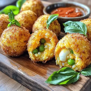 - 2 cups Arborio rice - 4 cups vegetable broth - 1 medium onion, finely chopped - 2 cloves garlic, minced - 1 cup grated mozzarella cheese - 1/2 cup grated Parmesan cheese - 1/2 cup frozen peas, thawed - 1 teaspoon dried oregano - 1/2 teaspoon red pepper flakes (optional) - Salt and pepper to taste - 1 cup all-purpose flour - 3 large eggs, beaten - 2 cups breadcrumbs (preferably panko) - Vegetable oil for frying Arborio rice is key for its creamy texture. It absorbs flavors well and gives a rich mouthfeel. Vegetable broth adds depth to each bite. Onion and garlic bring a savory base to the filling. The cheeses create a melty, gooey center, while peas add a pop of color and sweetness. Oregano and red pepper flakes give a hint of herbaceous and spicy notes. The flour, eggs, and breadcrumbs form a crunchy coating when fried. Each ingredient plays a part in making these rice balls delicious. If you cannot find Arborio rice, use a short-grain rice. For a dairy-free option, try vegan cheese. Instead of mozzarella, you can use a blend of vegan cream cheese and nutritional yeast for that cheesy flavor. If you want a different flavor, swap out the peas for diced bell peppers or cooked mushrooms. For gluten-free arancini, use gluten-free breadcrumbs and flour. These substitutes keep the dish tasty while accommodating different diets. Making arancini di riso is fun and easy. First, gather your ingredients. You need Arborio rice, broth, onions, garlic, cheeses, peas, and some spices. Set aside flour, eggs, and breadcrumbs for breading. Lastly, prepare oil for frying. 1. Prepare the Broth: Heat 4 cups of vegetable broth in a large pot. Keep it warm on low heat. 2. Sauté the Aromatics: In another pan, heat olive oil. Add 1 medium onion and 2 cloves of minced garlic. Cook for 3-4 minutes. Stir often until soft. 3. Toast the Rice: Add 2 cups of Arborio rice to the pan. Stir for 2-3 minutes. This helps the rice soak up flavors. 4. Cook the Rice: Slowly pour in the warm broth. Add it one ladle at a time. Stir often. Cook for 18-20 minutes until creamy and al dente. 5. Combine the Ingredients: Take the rice off the heat. Mix in 1 cup of mozzarella, ½ cup of Parmesan, ½ cup of thawed peas, and spices. Season with salt and pepper. Let it cool to room temperature. 6. Form the Arancini: Once cool, scoop small portions of the rice mix. Roll them into balls, about the size of golf balls. 7. Set Up the Breading Station: On three plates, place flour, beaten eggs, and breadcrumbs. 8. Bread the Rice Balls: Coat each ball in flour first. Then dip it in eggs and roll in breadcrumbs. Press lightly to make sure they stick. 9. Fry the Arancini: Heat oil in a deep skillet to around 350°F (175°C). Carefully add the balls in batches. Fry for 3-4 minutes on each side until golden brown. 10. Drain Excess Oil: Transfer the fried arancini to a paper towel-lined plate. This helps remove extra oil. 11. Serve: Enjoy your arancini hot! Serve with spicy tomato sauce for a tasty dip. For a lovely presentation, serve arancini on a wooden platter. Add fresh basil leaves for color. A small bowl of marinara sauce will enhance the dish. These tips make your meal look and taste great! To get a nice crisp on your arancini, use panko breadcrumbs. They create a light, crunchy shell. Make sure your oil is hot enough before frying. If the oil is too cool, the balls absorb more oil and become soggy. Fry in small batches. This keeps the temperature steady and helps them cook evenly. One common mistake is rushing the cooling step. If the rice mixture is warm, it won’t hold together well. Another mistake is not seasoning enough. Always taste your rice mixture before forming the balls. Lastly, avoid overcrowding the pan when frying. This can lead to uneven cooking and soggy arancini. Use Arborio rice for the best texture. It has a high starch content, which makes the arancini creamy inside. Other types of short-grain rice can work, but they may not give you the same creamy result. Avoid long-grain rice, as it won’t stick together well. {{image_4}} You can easily make arancini vegetarian by skipping the cheese. Use more veggies instead. Try mushrooms, spinach, or roasted peppers. For vegan arancini, swap cheese for cashew cream or nutritional yeast. It gives a nice cheesy flavor without dairy. Get creative with your fillings! You can use: - Chopped olives for a briny touch - Artichoke hearts for a unique twist - Ricotta cheese for a creamy bite - Sun-dried tomatoes for a rich flavor Each filling adds its own flair to the dish. For the holidays, think about seasonal flavors. Use butternut squash in fall. Add cranberry sauce for a sweet touch. In summer, fill with fresh basil and tomatoes. These seasonal twists keep your arancini exciting all year round. To keep your arancini fresh, let them cool first. Then, place them in an airtight container. Store them in the fridge for up to three days. If you want to enjoy them later, avoid stacking them. This helps prevent them from sticking together. When you’re ready to eat, preheat your oven to 350°F (175°C). Place the arancini on a baking tray. Heat them for about 10-15 minutes or until warm. This method keeps them crispy. You can also reheat them in an air fryer for about 5 minutes. This adds a nice crunch. To freeze arancini, first let them cool completely. Arrange them in a single layer on a baking sheet. Freeze them for about an hour. Once frozen, transfer them to a freezer bag or container. They will stay good for up to three months. When you're ready to enjoy them, bake straight from the freezer. Heat at 350°F (175°C) for 20-25 minutes. This way, you can savor that delicious taste anytime! Arancini di Riso comes from Sicily, Italy. The name means “little oranges.” These rice balls got their name from their shape and color. They are a popular street food. Traditionally, locals filled them with meat, peas, or cheese. Over time, many recipes have evolved. Today, you can find many tasty variations. Yes, you can make Arancini di Riso ahead of time. Prepare the rice mixture and form the balls. You can store them in the fridge for one day. If you want to keep them longer, freeze the uncoated balls. When ready to cook, just coat them in flour, egg, and breadcrumbs. Then fry them as usual. To prevent arancini from falling apart, make sure the rice mixture is cool. If the mix is too warm, it won’t hold shape well. Also, make sure to coat them properly. Flour, egg, and breadcrumbs create a strong shell. Fry them in hot oil. This helps them stay together and become crispy. Many sauces pair well with arancini. A classic choice is marinara sauce. It adds a nice tang. You can also use spicy tomato sauce for extra flavor. Aioli or garlic sauce work well too. For a twist, try pesto or a creamy cheese dip. Each sauce brings out the flavors of the arancini. You can find the full recipe for Sicilian Sunshine Arancini in this article. It includes all the ingredients and steps needed to make these delightful treats. Enjoy making them! Arancini di Riso are delicious rice balls that everyone can enjoy. We explored the ingredients, cooking steps, and tips for a perfect dish. Remember, the right rice and crispness make all the difference. You can get creative with fillings and try different variations. Don’t forget to store and reheat properly for later enjoyment. I hope these insights inspire you to make Arancini di Riso a staple in your kitchen. Happy cooking!