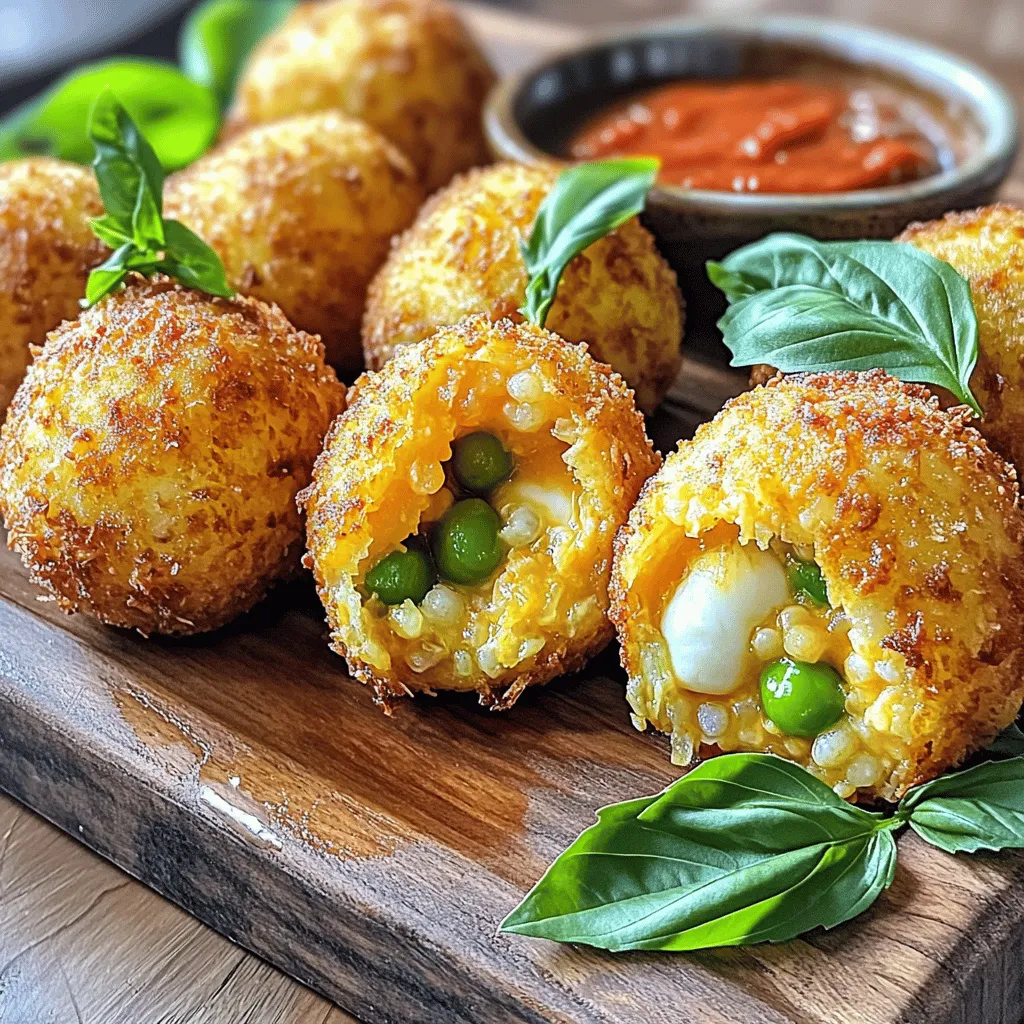 - 2 cups Arborio rice - 4 cups vegetable broth - 1 medium onion, finely chopped - 2 cloves garlic, minced - 1 cup grated mozzarella cheese - 1/2 cup grated Parmesan cheese - 1/2 cup frozen peas, thawed - 1 teaspoon dried oregano - 1/2 teaspoon red pepper flakes (optional) - Salt and pepper to taste - 1 cup all-purpose flour - 3 large eggs, beaten - 2 cups breadcrumbs (preferably panko) - Vegetable oil for frying Arborio rice is key for its creamy texture. It absorbs flavors well and gives a rich mouthfeel. Vegetable broth adds depth to each bite. Onion and garlic bring a savory base to the filling. The cheeses create a melty, gooey center, while peas add a pop of color and sweetness. Oregano and red pepper flakes give a hint of herbaceous and spicy notes. The flour, eggs, and breadcrumbs form a crunchy coating when fried. Each ingredient plays a part in making these rice balls delicious. If you cannot find Arborio rice, use a short-grain rice. For a dairy-free option, try vegan cheese. Instead of mozzarella, you can use a blend of vegan cream cheese and nutritional yeast for that cheesy flavor. If you want a different flavor, swap out the peas for diced bell peppers or cooked mushrooms. For gluten-free arancini, use gluten-free breadcrumbs and flour. These substitutes keep the dish tasty while accommodating different diets. Making arancini di riso is fun and easy. First, gather your ingredients. You need Arborio rice, broth, onions, garlic, cheeses, peas, and some spices. Set aside flour, eggs, and breadcrumbs for breading. Lastly, prepare oil for frying. 1. Prepare the Broth: Heat 4 cups of vegetable broth in a large pot. Keep it warm on low heat. 2. Sauté the Aromatics: In another pan, heat olive oil. Add 1 medium onion and 2 cloves of minced garlic. Cook for 3-4 minutes. Stir often until soft. 3. Toast the Rice: Add 2 cups of Arborio rice to the pan. Stir for 2-3 minutes. This helps the rice soak up flavors. 4. Cook the Rice: Slowly pour in the warm broth. Add it one ladle at a time. Stir often. Cook for 18-20 minutes until creamy and al dente. 5. Combine the Ingredients: Take the rice off the heat. Mix in 1 cup of mozzarella, ½ cup of Parmesan, ½ cup of thawed peas, and spices. Season with salt and pepper. Let it cool to room temperature. 6. Form the Arancini: Once cool, scoop small portions of the rice mix. Roll them into balls, about the size of golf balls. 7. Set Up the Breading Station: On three plates, place flour, beaten eggs, and breadcrumbs. 8. Bread the Rice Balls: Coat each ball in flour first. Then dip it in eggs and roll in breadcrumbs. Press lightly to make sure they stick. 9. Fry the Arancini: Heat oil in a deep skillet to around 350°F (175°C). Carefully add the balls in batches. Fry for 3-4 minutes on each side until golden brown. 10. Drain Excess Oil: Transfer the fried arancini to a paper towel-lined plate. This helps remove extra oil. 11. Serve: Enjoy your arancini hot! Serve with spicy tomato sauce for a tasty dip. For a lovely presentation, serve arancini on a wooden platter. Add fresh basil leaves for color. A small bowl of marinara sauce will enhance the dish. These tips make your meal look and taste great! To get a nice crisp on your arancini, use panko breadcrumbs. They create a light, crunchy shell. Make sure your oil is hot enough before frying. If the oil is too cool, the balls absorb more oil and become soggy. Fry in small batches. This keeps the temperature steady and helps them cook evenly. One common mistake is rushing the cooling step. If the rice mixture is warm, it won’t hold together well. Another mistake is not seasoning enough. Always taste your rice mixture before forming the balls. Lastly, avoid overcrowding the pan when frying. This can lead to uneven cooking and soggy arancini. Use Arborio rice for the best texture. It has a high starch content, which makes the arancini creamy inside. Other types of short-grain rice can work, but they may not give you the same creamy result. Avoid long-grain rice, as it won’t stick together well. {{image_4}} You can easily make arancini vegetarian by skipping the cheese. Use more veggies instead. Try mushrooms, spinach, or roasted peppers. For vegan arancini, swap cheese for cashew cream or nutritional yeast. It gives a nice cheesy flavor without dairy. Get creative with your fillings! You can use: - Chopped olives for a briny touch - Artichoke hearts for a unique twist - Ricotta cheese for a creamy bite - Sun-dried tomatoes for a rich flavor Each filling adds its own flair to the dish. For the holidays, think about seasonal flavors. Use butternut squash in fall. Add cranberry sauce for a sweet touch. In summer, fill with fresh basil and tomatoes. These seasonal twists keep your arancini exciting all year round. To keep your arancini fresh, let them cool first. Then, place them in an airtight container. Store them in the fridge for up to three days. If you want to enjoy them later, avoid stacking them. This helps prevent them from sticking together. When you’re ready to eat, preheat your oven to 350°F (175°C). Place the arancini on a baking tray. Heat them for about 10-15 minutes or until warm. This method keeps them crispy. You can also reheat them in an air fryer for about 5 minutes. This adds a nice crunch. To freeze arancini, first let them cool completely. Arrange them in a single layer on a baking sheet. Freeze them for about an hour. Once frozen, transfer them to a freezer bag or container. They will stay good for up to three months. When you're ready to enjoy them, bake straight from the freezer. Heat at 350°F (175°C) for 20-25 minutes. This way, you can savor that delicious taste anytime! Arancini di Riso comes from Sicily, Italy. The name means “little oranges.” These rice balls got their name from their shape and color. They are a popular street food. Traditionally, locals filled them with meat, peas, or cheese. Over time, many recipes have evolved. Today, you can find many tasty variations. Yes, you can make Arancini di Riso ahead of time. Prepare the rice mixture and form the balls. You can store them in the fridge for one day. If you want to keep them longer, freeze the uncoated balls. When ready to cook, just coat them in flour, egg, and breadcrumbs. Then fry them as usual. To prevent arancini from falling apart, make sure the rice mixture is cool. If the mix is too warm, it won’t hold shape well. Also, make sure to coat them properly. Flour, egg, and breadcrumbs create a strong shell. Fry them in hot oil. This helps them stay together and become crispy. Many sauces pair well with arancini. A classic choice is marinara sauce. It adds a nice tang. You can also use spicy tomato sauce for extra flavor. Aioli or garlic sauce work well too. For a twist, try pesto or a creamy cheese dip. Each sauce brings out the flavors of the arancini. You can find the full recipe for Sicilian Sunshine Arancini in this article. It includes all the ingredients and steps needed to make these delightful treats. Enjoy making them! Arancini di Riso are delicious rice balls that everyone can enjoy. We explored the ingredients, cooking steps, and tips for a perfect dish. Remember, the right rice and crispness make all the difference. You can get creative with fillings and try different variations. Don’t forget to store and reheat properly for later enjoyment. I hope these insights inspire you to make Arancini di Riso a staple in your kitchen. Happy cooking!