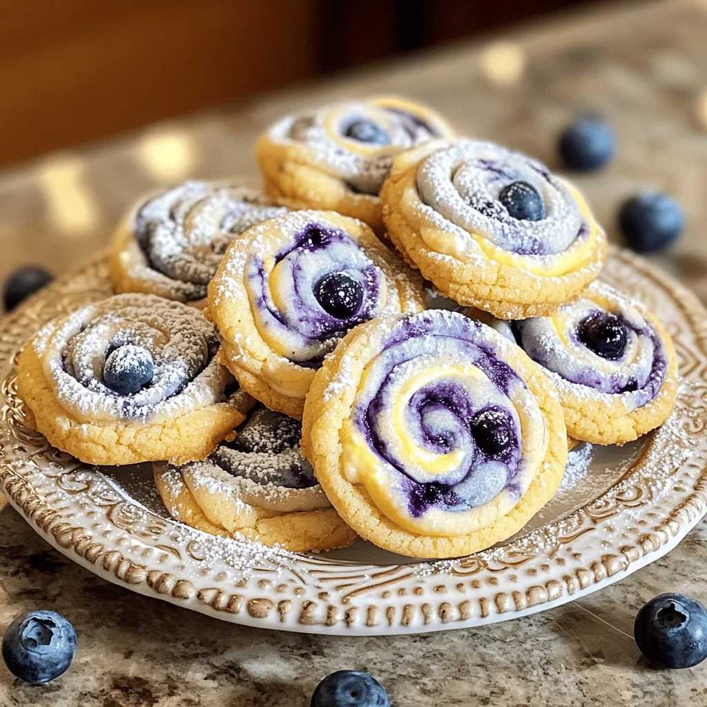 To make delightful blueberry cheesecake swirl cookies, you need a few key ingredients. Here’s what you will need: - 1 cup unsalted butter, softened to room temperature - 1 cup granulated sugar - 1 cup packed brown sugar - 2 large eggs - 2 teaspoons pure vanilla extract - 3 cups all-purpose flour - 1 teaspoon baking soda - 1/2 teaspoon sea salt - 1 cup fresh blueberries (or frozen, thawed and drained) - 1 cup cream cheese, softened - 1/4 cup powdered sugar - 1 tablespoon freshly squeezed lemon juice - 1 teaspoon lemon zest Using high-quality ingredients makes a big difference. Fresh blueberries burst with flavor, and real vanilla adds depth. Cream cheese should be creamy and smooth for the best filling. Always choose unsalted butter for control over salt in your cookies. You can enhance your cookies with optional ingredients. Here are some ideas: - A pinch of cinnamon adds warmth. - Chopped nuts give a nice crunch. - Dark chocolate chips can complement the blueberry taste. For the cream cheese filling, you can swap the lemon zest for orange zest for a unique twist. I recommend using Philadelphia cream cheese for its creamy texture. Always feel free to experiment with flavors that you love! For the full recipe, check the beginning of this article. To start, gather your ingredients. In a large bowl, mix the softened butter, granulated sugar, and brown sugar. Use a mixer to blend until light and fluffy. This will take about 2-3 minutes. Next, add the eggs one by one. Mix well after each egg to ensure they blend properly. Finish by adding the vanilla extract. In a separate bowl, whisk together the flour, baking soda, and sea salt. Slowly add this dry mix to the wet ingredients. Use low speed to combine them. Be careful not to over-mix. Over-mixing can make the cookies tough. You want the dough to be soft and smooth. Now, let’s make the cheesecake filling. Take a small bowl and add the softened cream cheese. Then, add the powdered sugar, lemon juice, and lemon zest. Whisk these together until the mixture is smooth and creamy. Make sure there are no lumps in your cheesecake mixture. The lemon zest adds a nice flavor that brightens the taste. Next, it's time to bake! Use a tablespoon or cookie scoop to portion the dough onto your baking sheets. Leave enough space between each ball. Take a teaspoon of the cheesecake mixture and place it on top of each cookie dough ball. Use a toothpick to swirl the cheesecake filling into the dough. This creates a lovely marble effect. Preheat your oven to 350°F (175°C) and bake the cookies for 12-15 minutes. The edges should be lightly golden, while the centers may still look soft. This is fine; they will firm up as they cool. Let the cookies cool on the baking sheets for about 5 minutes before moving them to wire racks. This cooling step helps the cookies achieve the perfect texture. - Over-mixing the dough: When you mix too much, the cookies can turn tough. Mix just until everything combines. A few lumps are okay. - Not properly incorporating the blueberries: Gently fold in the blueberries. If you smash them, you lose flavor. Whole berries give a nice burst when you bite in. - Optimal baking times and temperatures: Bake your cookies at 350°F (175°C). Watch them closely. They should be lightly golden around the edges after 12-15 minutes. - Using parchment paper for even baking: Line your baking sheets with parchment paper. It helps the cookies bake evenly and makes cleanup easy. - Ideas for serving and displaying the cookies: Place the cookies on a nice plate. Dust them lightly with powdered sugar for a pretty finish. - Suggested accompaniments, such as drizzling or dusting: Serve with fresh blueberries on the side. You can also drizzle some lemon glaze for extra flavor. This makes the cookies even more tempting! For the complete method, check out the Full Recipe for Blueberry Cheesecake Swirl Cookies. {{image_4}} You can mix things up with other fruits. Try raspberries, strawberries, or cherries. Each fruit brings its own taste and color. You can also adjust the cream cheese filling. For a chocolate twist, add cocoa powder. For a tropical vibe, use coconut extract. If you want a vegan version, swap the cream cheese for a vegan alternative. Use plant-based butter and flax eggs instead of regular eggs. For gluten-free cookies, use a gluten-free flour blend. These changes still give great taste and texture. You can change the cookie size for events. Make larger cookies for sharing or smaller ones for snacks. If you prefer bars, spread the dough in a baking dish. Bake it as a sheet and cut it into squares. Both options are easy and delicious. For more detailed instructions, check the Full Recipe. To keep your Blueberry Cheesecake Swirl Cookies fresh, store them in a cool place. Use an airtight container. This helps avoid moisture and keeps the cookies soft. You can layer parchment paper between cookies to prevent sticking. You can freeze both cookie dough and baked cookies. For the dough, scoop it into balls and place them on a baking sheet. Once frozen, transfer them to a zip-top bag. For baked cookies, place them in a single layer in an airtight container. To thaw, leave them at room temperature for a few hours. For warm cookies, heat them in the oven for a few minutes. These cookies can last up to a week when stored properly. If you freeze them, they can last for three months. Check for signs of dryness or hardening. If they lose their softness or smell, it’s time to toss them. Enjoy the best flavor by eating them fresh! To make Blueberry Cheesecake Swirl Cookies, start by gathering your ingredients. You'll need butter, sugars, eggs, flour, baking soda, salt, blueberries, cream cheese, powdered sugar, lemon juice, and lemon zest. 1. Preheat your oven to 350°F (175°C). Line baking sheets with parchment paper. 2. Mix wet ingredients: In a bowl, cream butter with granulated and brown sugar. Add eggs and vanilla. 3. Incorporate dry ingredients: Whisk flour, baking soda, and salt in another bowl. Mix this into the wet ingredients until just combined. 4. Make the cheesecake mixture: Blend cream cheese, powdered sugar, lemon juice, and zest until smooth. 5. Fold in blueberries: Gently add blueberries to the dough without smashing them. 6. Scoop and swirl: Drop dough onto sheets. Top with cheesecake mix and swirl. 7. Bake for 12-15 minutes until edges are golden. 8. Cool for 5 minutes, then transfer to wire racks. Check the [Full Recipe] for detailed steps. Yes, you can use frozen blueberries. They may change the texture a bit. Frozen berries can be soft when baked. Here are some tips: - Thaw and drain them first to avoid excess moisture. - Toss them in a little flour before mixing into the dough. This helps keep them from sinking. Using frozen blueberries might alter the taste slightly, but they will still add that delicious burst of flavor. For chewy cookies, use these tips: - Use brown sugar: It has more moisture than white sugar. - Don’t over-mix: Mix just until combined to keep the dough tender. - Chill the dough: Let it sit in the fridge for 30 minutes. This helps keep the cookies thick. - Bake until just set: Remove cookies when the edges are golden and the centers look soft. They will firm up as they cool. These small adjustments can lead to perfectly chewy cookies. Yes, you can prepare these cookies ahead of time. Here’s how: - Prep the dough: You can make the dough and chill it in the fridge for up to 3 days. - Freeze the dough: Roll it into balls and freeze them. This way, you can bake fresh cookies whenever you want. - Baking from frozen: Just add a couple of extra minutes to the baking time. This makes it easy to enjoy fresh cookies anytime! In this post, I covered everything you need for Blueberry Cheesecake Swirl Cookies. We explored essential and optional ingredients for the best taste. I shared step-by-step instructions, with careful tips to avoid common mistakes. You can customize flavors and adjust for dietary needs too. Storing and freezing tips help keep your cookies fresh. Making these cookies should be fun and tasty. With the right steps and ingredients, you’ll create a treat everyone loves. Enjoy the baking journey and share your delicious results!
