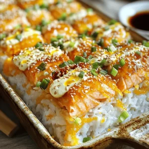 To make this quick and easy salmon sushi bake, gather these ingredients: - 2 cups sushi rice - 2 ½ cups water - 1 tablespoon rice vinegar - 1 teaspoon sugar - 1 teaspoon salt - 1 pound skinless salmon fillet - ½ cup cream cheese, softened - ¼ cup mayonnaise - 2 green onions, finely chopped - 1 tablespoon sriracha sauce (adjust based on your spice preference) - 1 sheet nori (seaweed), cut into strips - Sesame seeds, for garnish - Soy sauce, for serving If you need substitutions, here are some options: - Sushi rice: Use short-grain rice if sushi rice is not available. - Salmon: Try using cooked shrimp or crab for a different flavor. - Cream cheese: You can use Greek yogurt for a lighter option. - Sriracha: Swap it with your favorite hot sauce or omit it for less heat. You will need some basic kitchen tools to make this dish: - Medium saucepan for cooking rice - Baking sheet lined with parchment paper - Mixing bowls for combining ingredients - Spatula for folding rice - Fork for flaking salmon - Baking dish for assembling the sushi bake These ingredients and tools will help you create a delicious salmon sushi bake in just 30 minutes. For the full recipe, check out the detailed steps later in the article. To start, rinse the sushi rice. Use cold water until it runs clear. This step removes extra starch. Next, in a medium pot, add the rinsed rice and 2 ½ cups of water. Bring it to a boil over high heat. Once it boils, reduce the heat to low. Cover the pot and let it simmer for 20 minutes. After that, remove it from heat. Keep the pot covered for another 10 minutes. This helps the rice steam and become fluffy. While the rice cools, preheat your oven to 350°F (175°C). Line a baking sheet with parchment paper. Place the skinless salmon fillet on the sheet. Sprinkle a pinch of salt on top. Bake the salmon for 12 to 15 minutes. Check if it flakes easily with a fork. Once cooked, let it cool. Then, flake the salmon into small pieces. In a medium bowl, mix the softened cream cheese, mayonnaise, chopped green onions, and sriracha sauce. Stir until smooth. Now, grab a large baking dish. Spread the seasoned sushi rice evenly across the bottom. Layer the flaked salmon over the rice. Finally, spread the creamy topping mixture over the salmon. Make sure it covers everything evenly. Now, place the baking dish in the oven. Bake for 10 to 15 minutes. The top should look golden brown and bubbly. When done, take it out and let it rest for a few minutes. For serving, sprinkle sesame seeds and more green onions on top. Don’t forget to serve strips of nori and soy sauce on the side. Enjoy your delicious creation! For a complete guide, check the Full Recipe. When making this salmon sushi bake, avoid the following mistakes: - Rinsing the Rice: Be sure to rinse the sushi rice well. This removes extra starch and helps the rice stay fluffy. - Overcooking the Salmon: Keep an eye on the salmon while it bakes. Overcooked salmon becomes dry and loses flavor. - Not Mixing Ingredients Gently: When mixing the rice with vinegar, fold gently. You want the rice grains to stay intact. - Skipping the Cooling Step: Let the rice cool slightly before adding the vinegar mix. This helps the rice absorb flavors better. You can prepare parts of this dish ahead of time: - Cooked Rice: You can make the sushi rice a day before. Store it in the fridge, then warm it before assembling. - Salmon: Bake the salmon in advance. Flake it and keep it in an airtight container in the fridge. - Creamy Sauce: Mix the cream cheese, mayo, and sriracha ahead of time. This will save you time when you are ready to bake. Serving this dish well makes it even more enjoyable: - Garnish: Sprinkle sesame seeds and chopped green onions on top. This adds a nice crunch and flavor. - Sides: Serve with strips of nori and soy sauce for dipping. This gives a complete sushi experience. - Presentation: For a fun touch, add lime wedges or avocado slices on the side. These add color and taste to each bite. For the full recipe, check out the details above. {{image_4}} You can switch out the salmon for other proteins. Shrimp is a great choice. Canned tuna works well too. If you prefer chicken, use shredded cooked chicken. Each option adds its unique taste. Adjust cooking times if needed. These alternatives keep the dish fresh and fun. For a vegetarian version, skip the fish. Use roasted vegetables like zucchini and bell peppers. You can add tofu for protein. Blend avocado into the creamy sauce for richness. This keeps the bake satisfying and flavorful. Don't forget to sprinkle sesame seeds for added texture. Experiment with different spices and sauces to change the flavor. Add garlic powder or ginger for more depth. Try a drizzle of teriyaki sauce before baking. You can also use wasabi for an extra kick. Get creative with your toppings; the options are endless! For a complete guide, check out the Full Recipe. To store leftovers, let the sushi bake cool down first. Cover it tightly with plastic wrap or aluminum foil. You can also use an airtight container. Store it in the fridge for up to three days. Keeping it sealed helps keep it fresh and tasty. To reheat the sushi bake, preheat your oven to 350°F (175°C). Place the leftovers in a baking dish. Cover it with foil to prevent it from drying out. Heat it for about 15-20 minutes, or until it is warm throughout. You can also microwave individual portions. Heat them in short bursts of 30 seconds, checking often to avoid overcooking. You can freeze the salmon sushi bake for later use. Let it cool completely. Cut it into portions for easy serving. Wrap each portion tightly in plastic wrap, then place them in a freezer-safe bag or container. It can last up to three months in the freezer. When ready to eat, thaw it in the fridge overnight before reheating. To make sushi rice, start with 2 cups of sushi rice. Rinse the rice under cold water until the water runs clear. This step removes extra starch. Next, combine the rinsed rice with 2 ½ cups of water in a medium saucepan. Bring it to a boil, then lower the heat and cover. Let it simmer for 20 minutes. After that, keep it covered off the heat for another 10 minutes to steam. Finally, mix in 1 tablespoon of rice vinegar, 1 teaspoon of sugar, and 1 teaspoon of salt. Gently fold these into the rice. Yes, you can use canned salmon! Canned salmon saves time and still tastes great. Just drain the canned salmon and flake it with a fork. This option works well if you're in a hurry or want a more budget-friendly version of the dish. You can serve salmon sushi bake with many side dishes. Here are some ideas: - Steamed vegetables for a healthy touch. - Miso soup for a warm pairing. - Fresh salad to add crunch. - Edamame for a fun snack. - Full Recipe Reference: Check the Full Recipe for details on how to make this dish! This article covered all you need to know about making sushi bake. We looked at the ingredients, cooking steps, and tips to help you succeed. Remember to avoid common mistakes and try different toppings for fun. You can store leftovers or even freeze them for later. With practice, you’ll create a dish that impresses everyone. So, gather your ingredients and start cooking! Enjoy the tasty adventure that sushi bake offers.