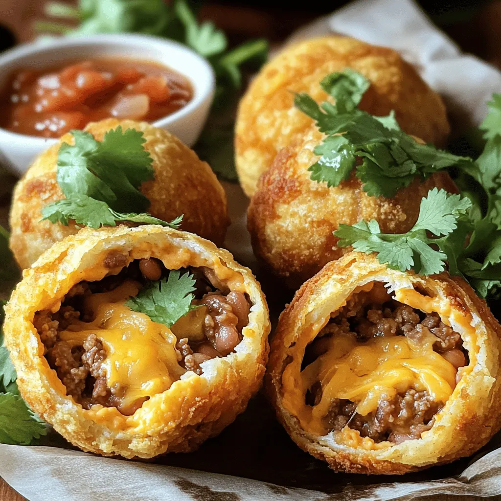 - 1 lb ground beef or turkey - 1 packet taco seasoning - 1 cup refried beans - 1 cup shredded cheddar cheese - 1 can refrigerated crescent roll dough - 1 jalapeño, diced (optional for heat) - Salsa, for dipping - Fresh cilantro, for garnish To make Air Fryer Taco Bombs, you need some tasty ingredients. First, choose your meat. Ground beef or turkey works great. I love using taco seasoning to add flavor. Refried beans and shredded cheddar cheese provide creaminess and depth. For extra fun, get some crescent roll dough. This dough wraps around the filling and becomes crispy in the air fryer. If you enjoy a bit of spice, add diced jalapeño. Serve the taco bombs with salsa for dipping. Don't forget to garnish with fresh cilantro for a pop of color. You can find the Full Recipe for more details on how to cook these tasty bites! 1. Start by heating a skillet over medium heat. Add 1 lb of ground beef or turkey. 2. Cook the meat until it is brown and no longer pink. This will take about 7-10 minutes. 3. Once browned, drain the excess fat from the skillet. This keeps your filling light and tasty. 1. Sprinkle one packet of taco seasoning over the cooked meat. 2. Add about 2 tablespoons of water to help mix the seasoning well. 3. Stir and let it cook for an additional 2-3 minutes. This blends the flavors nicely. 4. Turn off the heat, then mix in 1 cup of refried beans and 1 cup of shredded cheddar cheese. 5. If you like heat, add in 1 diced jalapeño. This adds a spicy kick. 1. Preheat your air fryer to 375°F (190°C) for about 5 minutes while you prepare the dough. 2. Unroll 1 can of refrigerated crescent roll dough on a clean surface. 3. Separate the dough into triangles and pinch the edges to create solid pieces. 4. Place about 2 tablespoons of the taco filling in the middle of each triangle. 5. Carefully fold the edges of the dough over the filling. Pinch tightly to seal them. 1. Lightly spray or brush the air fryer basket with oil. This keeps the taco bombs from sticking. 2. Arrange the filled taco bombs in the basket. Make sure to leave space between each one. 3. Air fry the taco bombs for 10-12 minutes. They should be golden brown and crispy. 4. Flip them halfway through cooking for even browning. These steps will give you flavorful and easy Air Fryer Taco Bombs. For the complete recipe, check the [Full Recipe]. To make sure your taco bombs cook evenly, space them well in the air fryer. This allows hot air to circulate around each bomb. I recommend setting your air fryer to 375°F (190°C). This temperature cooks the dough perfectly while heating the filling inside. When serving taco bombs, arrange them on a colorful platter. You can drizzle extra salsa around them for a fun touch. Adding a sprinkle of chopped cilantro on top makes the dish look fresh and inviting. For parties, serve with small bowls of salsa for dipping. This makes it easy for guests to enjoy! To boost flavor, add spices to the filling. Consider adding smoked paprika or chili powder for depth. If you like heat, try diced jalapeños or a dash of hot sauce. Toppings can include sour cream or guacamole, enhancing the dish further. For a unique twist, try adding corn or diced bell peppers to the mix. You can find the full recipe for these delicious taco bombs [here](insert link). {{image_4}} You can easily change the flavor of your taco bombs. If you want a vegetarian twist, use black beans instead of meat. They add a nice texture and flavor. Just mash them a bit before mixing. You can also add corn for some sweetness. For those who love heat, make spicy taco bombs. Add diced jalapeños or other hot peppers to the filling. This gives a great kick to each bite. You can adjust the amount based on your taste. Remember, a little spice can go a long way! When it comes to dipping sauces, the options are endless. Salsa is a classic choice, but you can try guacamole or sour cream too. Each dip adds its own flair to the taco bombs. You could also mix salsa with a bit of sour cream for a creamy dip. For serving ideas, think about making these taco bombs an appetizer. Pair them with a fresh salad or some crunchy veggies. You can even set up a taco bomb bar. Let your guests choose their own toppings and dips. This makes for a fun and tasty experience! To keep your taco bombs fresh, cool them first. Place them on a rack. This helps air flow around them and prevents sogginess. Once cool, put them in an airtight container. Store them in the fridge for up to three days. Label the container with the date. This way, you won’t forget when you made them. When you are ready to eat leftovers, you want them crispy. Preheat your air fryer to 350°F (175°C). Place the taco bombs in the basket. Heat them for about 5 to 7 minutes. This will make them warm and crispy again. Avoid using a microwave, as that can make them soft. If you want to save taco bombs for later, freezing is easy. First, let them cool completely. Then, wrap each one in plastic wrap. Place the wrapped bombs in a freezer-safe bag. Squeeze out as much air as you can before sealing it. They can stay in the freezer for up to three months. To thaw, move them to the fridge overnight before reheating. Enjoy your taco bombs anytime! For the full recipe, check out the earlier sections. An air fryer cooks food by circulating hot air. It uses a fan and a heating element. This method can make food crispy without much oil. The hot air cooks food evenly. Air frying is faster than traditional frying. It also reduces added fat and calories. You can make tasty meals with less guilt. Yes, you can use various meats for your taco bombs. Ground chicken or pork works well. You can also use plant-based options like lentils or tofu. Each meat adds a unique flavor. Mix and match to find your favorite combo. To make your taco bombs healthier, use lean meat. Ground turkey is a great choice. You can swap refried beans for black beans. Use low-fat cheese or skip it altogether. You can also add more veggies in the filling. Try diced bell peppers or corn for added nutrition. Pair your taco bombs with a fresh salad. A simple green salad works great. You can also serve them with guacamole or salsa. Try corn on the side for a sweet crunch. For a fun twist, add Mexican rice or quinoa. These sides make for a well-rounded meal. For the full recipe, check out the earlier section. Air Fryer Taco Bombs are easy and fun to make. You learned about the main ingredients, like ground beef, refried beans, and cheese. I shared step-by-step instructions to prepare and cook them perfectly. You found tips for serving and storing your taco bombs, plus variations to try. These tasty bites are great for any meal or party. Enjoy creating your own tasty twist!