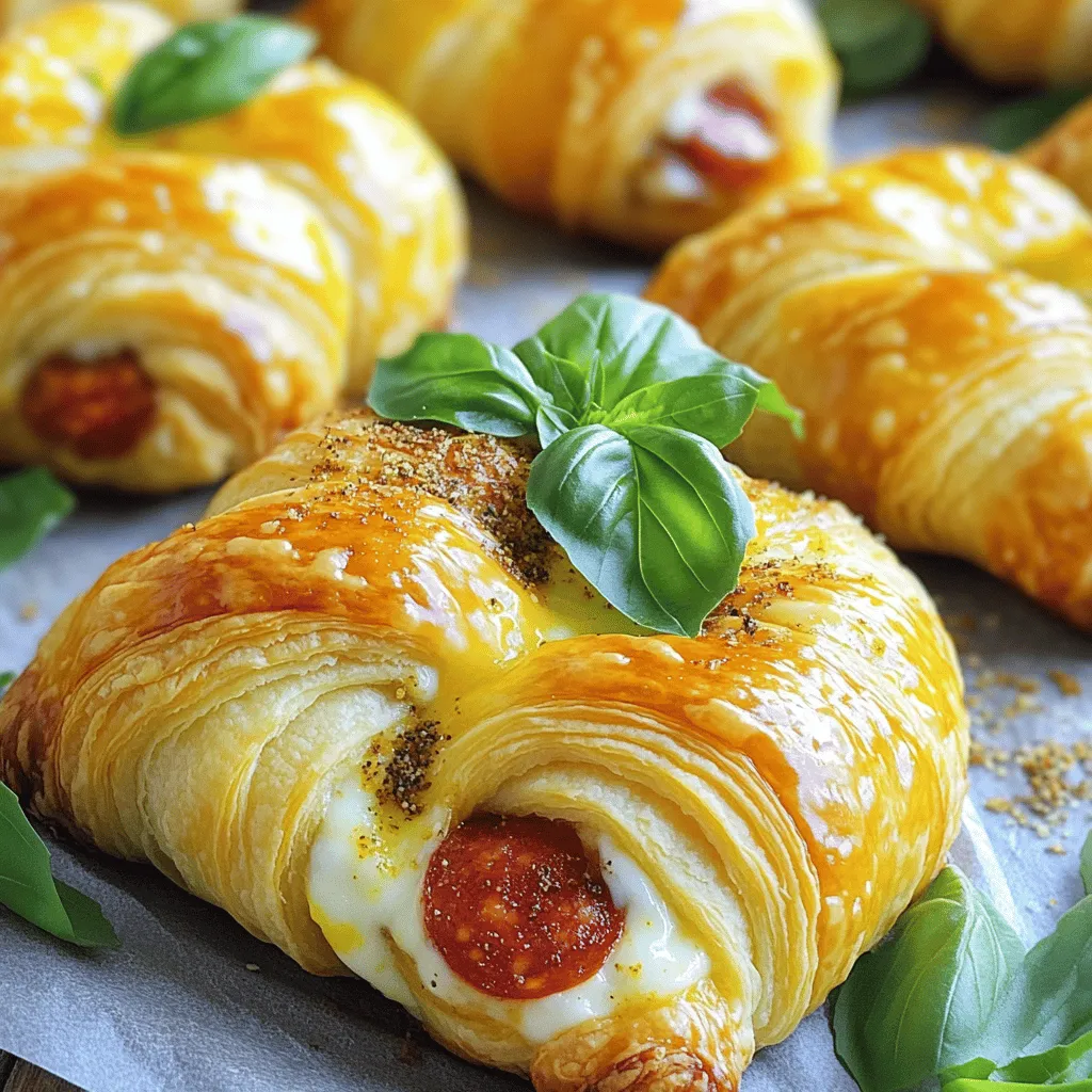 - 1 can of refrigerated croissant dough - 1 cup shredded mozzarella cheese - 1 cup sliced pepperoni - 1 teaspoon Italian seasoning - 1/2 teaspoon garlic powder - Fresh basil leaves for garnish - 1 tablespoon olive oil (plus more for drizzling) - 1 egg, beaten (for egg wash) Making mozzarella pepperoni croissant rolls is easy with these ingredients. The croissant dough gives a flaky, buttery base. The mozzarella cheese melts perfectly, making each bite gooey and satisfying. The pepperoni adds a savory kick that balances the rich cheese. You can spice things up with Italian seasoning and garlic powder. These flavors tie everything together. Fresh basil leaves add color and a hint of freshness when you serve the rolls. Don't forget the olive oil! It enhances the flavor and adds a nice shine. The egg wash gives the croissants a golden finish when baked. For the full recipe, check out the instructions. - Preheat the oven to 375°F (190°C). - Unroll and separate the croissant dough into triangles. This step makes it easy to fill and roll. - Mix mozzarella, pepperoni, Italian seasoning, and garlic powder in a medium bowl. Stir until all ingredients blend well. - Place a generous tablespoon of the filling on the wide end of each triangle. Make sure not to overfill. - Roll up the croissants starting from the wide end. Gently encase the filling as you roll toward the pointed tip. - Arrange the rolled croissants on a parchment-lined baking sheet. This prevents sticking and helps with cleanup. - Apply an egg wash to each croissant using a pastry brush. This gives them a nice golden finish. - Bake for 12 to 15 minutes until golden brown. Watch them closely to avoid burning. To make great mozzarella pepperoni croissant rolls, avoid overfilling the croissants. Just a generous tablespoon of filling is enough at the wide end. Too much filling makes rolling hard and can cause spills in the oven. Also, for even baking, rotate your tray halfway through. This helps all the rolls get nice and golden. You can add more flavor with spices or herbs. Try adding crushed red pepper for heat or Italian herbs for depth. These simple changes can make your rolls pop. Dipping sauces make a fun addition too. Consider marinara or ranch sauce for dipping. They add a tasty twist to each bite. Serve your croissant rolls with fresh herbs like basil. This adds a lovely look and bright flavor. When arranging rolls, be creative on your platter. Place them in a circle or stack them high. This makes your dish look inviting and fun to eat. {{image_4}} You can switch up the cheese in these rolls. If you want a different taste, try provolone or cheddar. These cheeses melt well and add great flavor. For a creamier filling, mix in some cream cheese. It makes the rolls nice and rich. Feel free to get creative with the meat. You can use ham or turkey instead of pepperoni. This change gives a new twist to the dish. If you prefer a meatless option, load the rolls with vegetables. Spinach, bell peppers, or mushrooms work well. They make the rolls tasty and healthy. Want to try something sweet? Use fruit preserves or chocolate to fill the rolls. Strawberry jam or Nutella can make a delightful treat. You can enjoy these sweet croissant rolls as a dessert. They are easy to make and fun to eat. Check out the Full Recipe for more ideas on how to enjoy these rolls! To keep your Mozzarella Pepperoni Croissant Rolls fresh, store them in the fridge. Place the rolls in an airtight container. This helps them stay soft and tasty. If you don’t have an airtight container, wrap them tightly in plastic wrap. This will also keep them safe from drying out. For best results, eat the leftovers within two to three days. You can freeze these croissant rolls both before and after baking. If you freeze them before baking, wrap each roll well in plastic wrap. Then, place them in a freezer bag. Label the bag with the date. This way, you can enjoy them later. If you freeze them after baking, let them cool first. Then, store them in an airtight container or freezer bag. To reheat frozen croissant rolls, preheat your oven to 350°F (175°C). Place the rolls on a baking sheet and bake for about 10 to 15 minutes. If they are thawed, cook for about 5 to 7 minutes. You want them to be hot and crispy. Enjoy your delicious snack anytime! Yes, you can make the filling ahead of time. Mix the mozzarella, pepperoni, Italian seasoning, and garlic powder. Store it in a sealed container in the fridge. It will stay fresh for up to two days. Just remember to let it come to room temperature before using it. This makes prep faster when you're ready to bake. These croissant rolls pair well with many sides. Here are some tasty options: - Fresh salad with a light dressing - Marinara sauce for dipping - Veggie sticks like carrots and celery - A cheese platter with various cheeses - Crispy potato wedges These sides add balance and flavor to your snack. You’ll know the croissant rolls are done when they turn golden brown. The edges should be crispy, and the cheese may bubble a bit. The best texture is flaky and light. If you see a nice color and smell that delicious aroma, they are ready! Keep an eye on them to avoid over-baking. This blog covered how to make delicious mozzarella pepperoni croissant rolls. You learned about the main ingredients, seasoning, and variations to try. I shared step-by-step instructions to ensure perfect rolls each time. Use tips for flavor and presentation to impress. Store or freeze leftovers for later enjoyment. I hope you feel inspired to bake these tasty treats and get creative with your ingredients. Enjoy every bite!