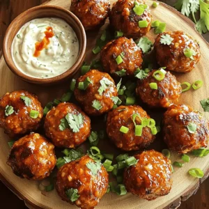 - 1 lb ground beef (or substitute with ground chicken for a leaner alternative) - 1/4 cup breadcrumbs (for binding) - 1/4 cup green onions, finely chopped (adds freshness) - 2 cloves garlic, minced (for depth of flavor) - 1 tablespoon ginger, freshly grated (for a zesty kick) - 2 tablespoons soy sauce (for savoriness) - 1 tablespoon sesame oil (adds nuttiness) - 1 tablespoon brown sugar (for a hint of sweetness) - 1 teaspoon ground black pepper (for warmth) - 1 teaspoon red pepper flakes (adjust to taste for heat) - 1 egg, lightly beaten (as a binder) - 1 tablespoon fresh cilantro, chopped (optional garnish) - 1/2 cup mayonnaise (base of the dip) - 1 tablespoon Sriracha (or more for extra heat) - 1 teaspoon lemon juice (for brightness) - Pinch of salt (to taste) - Fresh cilantro - Sesame seeds - Alternative dipping sauces In this recipe, you gather bold flavors and fresh ingredients. The ground meat gives the meatballs a good base. The breadcrumbs help hold them together. Green onions, garlic, and ginger add fresh notes. Soy sauce and sesame oil bring umami and richness. Brown sugar balances the flavors. For the spicy mayo dip, the creamy mayonnaise blends with Sriracha and lemon juice. This mix gives a spicy and tangy kick. You can adjust the heat from the Sriracha to fit your taste. For a twist, add garnishes like cilantro or sesame seeds. They enhance the look and flavor. You can also swap out sauces if you want something different. Check out the Full Recipe for all the details! 1. Preheating the oven: Start by preheating your oven to 400°F (200°C). This step ensures that your meatballs cook evenly and come out perfectly golden. 2. Mixing ground meat and seasonings: In a large mixing bowl, combine 1 lb of ground beef or chicken, 1/4 cup of breadcrumbs, and 1/4 cup of finely chopped green onions. Add 2 cloves of minced garlic, 1 tablespoon of freshly grated ginger, 2 tablespoons of soy sauce, and 1 tablespoon of sesame oil. Don’t forget to include 1 tablespoon of brown sugar, 1 teaspoon of ground black pepper, and 1 teaspoon of red pepper flakes to spice things up. Finally, add in 1 lightly beaten egg to bind everything together. Mix until all ingredients blend well for a tasty flavor. 1. Forming meatballs: With clean hands, shape the meat mixture into 1-inch meatballs. This size helps them cook evenly and allows for easy serving. 2. Arranging on the baking sheet: Place the formed meatballs on a lined baking sheet. Make sure to leave space between each meatball. This space helps them cook properly without sticking together. 3. Baking time and temperature tips: Bake the meatballs for about 15-20 minutes. They should be cooked through and golden brown. To check if they are done, ensure they reach an internal temperature of 165°F (74°C). 1. Combining dip ingredients: While the meatballs bake, prepare the spicy mayo dip. In a small bowl, mix together 1/2 cup of mayonnaise, 1 tablespoon of Sriracha, and 1 teaspoon of lemon juice. 2. Adjusting spice levels: Taste your dip and add more Sriracha if you like it hotter. Adjusting the spice allows you to customize it to your taste. These steps will help you create delicious Korean BBQ meatballs with a spicy mayo dip. For the full recipe, refer to the detailed instructions provided earlier. Enjoy your cooking! To make your meatballs tender, avoid overmixing. When you mix the ingredients, do it gently. Overmixing can make them tough. I recommend using ground beef for a juicy bite. If you want a leaner choice, ground chicken works well too. Get creative with how you present your meatballs. You can serve them on a bed of arugula or lettuce leaves. For fun, use small wooden skewers for easy eating. Sprinkle sesame seeds on top for a nice touch. Pair your meatballs with rice or steamed veggies for a full meal. After enjoying your meatballs, store leftovers in an airtight container. This keeps them fresh. You can refrigerate them for up to three days. To reheat, place them in the oven at 350°F (175°C) for about 10 minutes. This warms them without drying them out. If you want to heat them quickly, use the microwave for about one minute. For the full recipe, check out the main section! {{image_4}} For those looking for leaner options, you can use ground chicken instead of ground beef. Ground turkey works well too. Both choices lower fat content while keeping great flavor. If you need gluten-free options, swap regular breadcrumbs for gluten-free ones. This small change makes the dish safe for gluten-sensitive diets without losing taste. You can add your favorite spices for extra flavor. Try garlic powder, onion powder, or smoked paprika. Each brings a unique taste to the meatballs. Fresh herbs like cilantro or basil can also brighten the dish. For dipping sauces, think outside the box! Instead of spicy mayo, try a sweet chili sauce or a tangy kimchi dip. Each offers a new twist to the meal. Want to make the meatballs even better? Mix in some finely chopped veggies. Carrots, bell peppers, or mushrooms add nutrition and color. For a cheesy surprise, consider making cheese-stuffed meatballs. Use mozzarella or cheddar in the center for a gooey treat. These variations keep the dish exciting and cater to different tastes. For the full recipe, check out the other sections! To keep your Korean BBQ meatballs and spicy mayo dip fresh, follow these steps: - Place meatballs in an airtight container. - Store the spicy mayo dip in a separate airtight container. - Refrigerate both items right after they cool down. This helps maintain flavor and texture. If you want to save space, you can layer parchment paper between meatballs. This prevents them from sticking together. You can also freeze the meatballs if you want to save them for later. Here’s how: - Allow the cooked meatballs to cool completely. - Arrange them in a single layer on a baking sheet. - Freeze for about 1-2 hours until firm. - Transfer the frozen meatballs into a freezer-safe container or bag. When it’s time to enjoy them, thaw the meatballs in the fridge overnight. Reheat them in the oven for the best taste. How long do the meatballs and dip last? - Refrigerated, the meatballs last about 3-4 days. - The spicy mayo dip stays good for up to a week. Watch out for signs of spoilage. If the meatballs smell off or change color, it's best to toss them. The dip should stay creamy and not separate. Use these tips to enjoy your flavors longer! To make Korean BBQ meatballs spicy, you can adjust the red pepper flakes in the meat mixture. Start with a teaspoon of red pepper flakes. If you want more heat, add an extra half teaspoon. You can also mix in some gochujang, a Korean chili paste. This will give you that deep, rich heat that complements the other flavors well. Yes, you can bake meatballs instead of frying them. Baking keeps them moist and helps them cook evenly. It is also a healthier option since it requires less oil. Baking at 400°F for 15-20 minutes will give you nice, golden meatballs. You can serve Korean BBQ meatballs with many sides. Some good options are: - Steamed rice - Kimchi - Fresh salad - Grilled vegetables - Asian slaw These sides will balance the flavors and add a fresh element to your meal. Absolutely! You can use ground chicken or turkey if you want a leaner option. Pork is another great choice for a richer flavor. Just remember that cooking times may vary slightly based on the meat you choose. To check if the meatballs are cooked, use a meat thermometer. They should reach an internal temperature of 165°F. If you don’t have a thermometer, you can cut one open. It should be no longer pink in the center. This ensures they are safe to eat and fully cooked. For the complete recipe, don't forget to check the [Full Recipe]. Korean BBQ Meatballs are fun to make and enjoy. We explored the key ingredients, including ground beef or chicken, garlic, and ginger. I shared how to prepare, shape, and bake these meatballs while ensuring they stay tender. You also learned to create a spicy mayo dip to elevate the flavor. Don’t forget the many variations, storage tips, and answers to your burning questions. With these steps, you can whip up tasty meatballs that impress everyone. Enjoy your cooking and savor each bite!