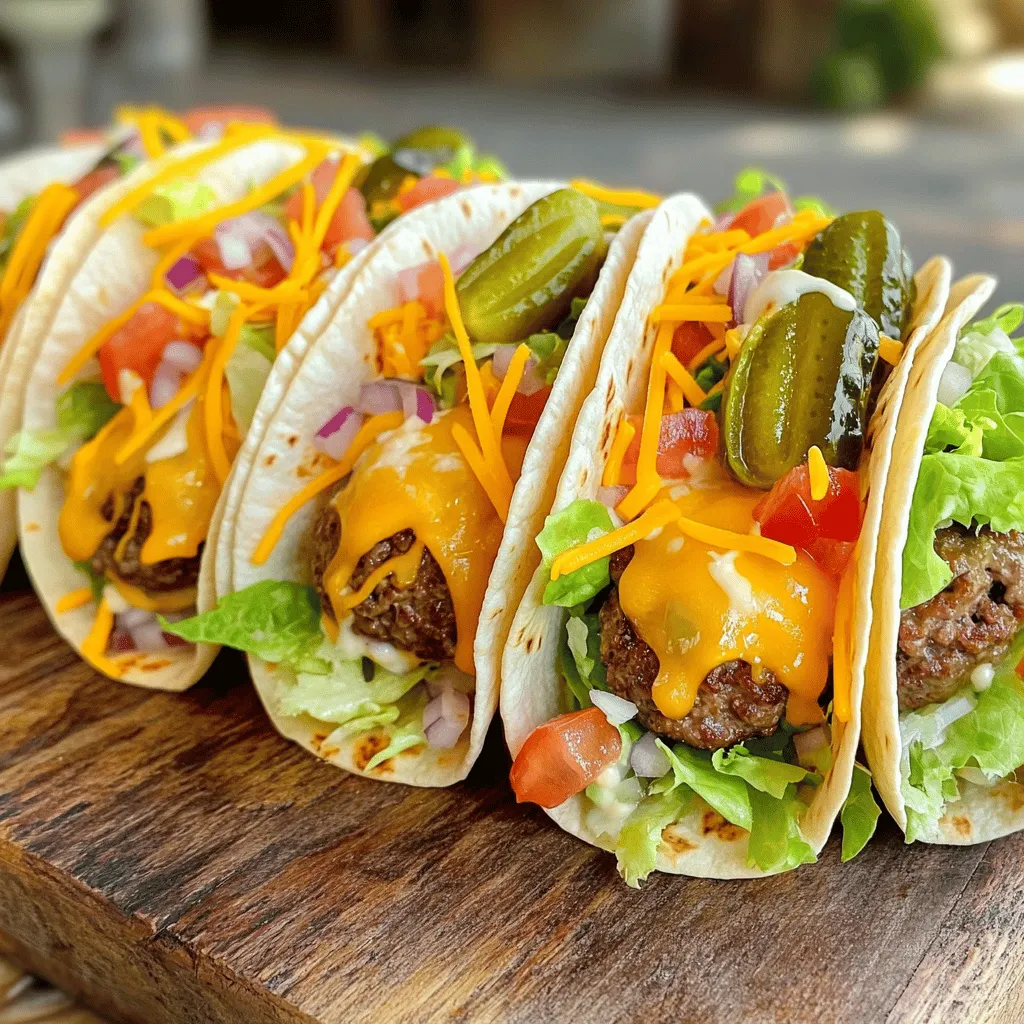 - Ground beef (1 lb, 80/20 blend) - Flour tortillas (8 small, soft) - Cheddar cheese (1 cup, shredded) - Iceberg lettuce (1 cup, finely shredded) - Tomato (1 large, diced) - Pickles (½ cup, sliced) - Mayonnaise (¼ cup) - Ketchup (2 tablespoons) - Mustard (1 tablespoon) - Salt, pepper, and olive oil The key to making Smash Burger Tacos is getting the right ingredients. Start with ground beef, choosing an 80/20 blend. This mix gives the best flavor and juiciness. Next, grab soft flour tortillas. These will hold all your tasty fillings without tearing. Don’t forget the cheddar cheese. I love using sharp cheddar for its rich taste. For freshness, add iceberg lettuce. It adds crunch and color to your tacos. A large diced tomato brings sweetness, while sliced pickles give a tangy kick. For the sauce, mix mayonnaise, ketchup, and mustard. This blend ties everything together. Season with salt and pepper for extra flavor. Drizzle a little olive oil in your skillet to cook the patties. With these ingredients, you’re all set to create a delicious meal. For the full recipe, refer to the details above. Start by making the sauce. In a small bowl, combine the mayonnaise, ketchup, and mustard. Mix well until smooth. Set the sauce aside so the flavors can meld. This simple sauce adds a nice punch to your tacos. Next, preheat your skillet. Place a large skillet over medium-high heat. Add a thin layer of olive oil to prevent sticking. Let the pan heat until it shimmers. Now, form the burger patties. Divide the ground beef into eight equal portions, each about 2 ounces. Roll each portion into a loose ball. Avoid overworking the meat, as this keeps it juicy. Once the skillet is ready, carefully place the beef balls on it. Leave some space between them. Using a sturdy spatula, press each ball down firmly. Flatten them into patties about ¼ inch thick. Season each patty with salt and pepper. Cook for 2-3 minutes. This step creates a nice crust on the bottom. After that, flip the patties. Gently turn each one with the spatula. Immediately sprinkle about 1 tablespoon of shredded cheddar cheese on each patty. Cook for another 1-2 minutes, until the cheese melts and bubbles. While the burgers finish cooking, warm the tortillas. You can use a separate skillet over low heat or microwave them for about 20-30 seconds. Warm tortillas should be soft and pliable. Now, it’s time to assemble the tacos. Lay a warm tortilla flat on a plate. Place a cheesy burger patty in the center of each tortilla. Top with a handful of shredded lettuce, diced tomatoes, pickles, and chopped red onion. Finally, drizzle a spoonful of your sauce on top. These Smash Burger Tacos are a fun twist on a classic dish. Enjoy each bite as you savor the juicy flavors! For full details, check the Full Recipe. To make great Smash Burger Tacos, you need a good sear on the patty. First, use ground beef that is 80/20. This fat content gives the burger a juicy taste. When you form the patties, keep them loose. Don’t pack them too tight. When you smash the patties, use a sturdy spatula. Press down firmly to flatten them. This helps create a crust that adds flavor. Cook them for 2-3 minutes without moving them. This way, they will sear well. Choosing the right cheese is key for flavor. Sharp cheddar works best for these tacos. It melts well and adds a nice bite. Timing is also important for a perfect melt. After flipping the patties, sprinkle the cheese on top. Cover the pan with a lid for about 1-2 minutes. This will trap heat and help the cheese melt evenly. You can easily make these tacos your own. Start by adding spices to the beef. Try garlic powder or smoked paprika for extra flavor. Don’t forget about toppings! You can use fresh avocado, jalapeños, or even salsa. Different sauces can change the whole taste. Try BBQ sauce or a spicy aioli for a twist. For more ideas, check out the Full Recipe for different toppings and methods! {{image_4}} You can switch up the meat in Smash Burger Tacos. If you want a lighter option, try ground turkey or chicken. Both options work well and still taste great. Use the same method as with beef. Season them well with salt and pepper for the best flavor. Another fun idea is using plant-based beef substitutes. Brands like Beyond Meat or Impossible Burger give a nice texture. They absorb spices well and are perfect for a taco night. Just follow the same cooking steps from the Full Recipe. Add some zest to your tacos by mixing in taco seasoning. It brings a nice kick and enhances the beef's flavor. You can find many types of seasoning at the store, so choose your favorite. Just sprinkle it on while cooking the patties. Try unique sauces to elevate your tacos. Sriracha mayo or chipotle aioli adds a spicy twist. You can even mix in some salsa or guacamole for a fresh taste. These sauces make each bite exciting and new. Serve your Smash Burger Tacos with tasty sides. Crispy fries or a colorful slaw pair well. They add crunch and balance the meal. You can also use a side salad for a healthy touch. For plating, think outside the box! Arrange the tacos in a fun way on a large platter. You could stack them or fan them out. Add a few dipping bowls filled with sauces to make it interactive. This way, everyone can enjoy their tacos just how they like! To keep your Smash Burger Tacos fresh, refrigerate them. Place the tacos in an airtight container. They stay good for up to three days. When you want to eat them, heat them gently. I suggest using a skillet over low heat. This method keeps the tortillas soft and warm. You can also microwave them. Just cover them with a damp paper towel to avoid dryness. Store leftover ingredients properly for future use. Keep the ground beef in the fridge. Seal it tightly in plastic wrap or a container. Fresh vegetables, like lettuce and tomatoes, should go in the crisper drawer. Use them within a few days for the best taste. Cheese can stay in its original packaging. Just make sure to seal it well after use. This helps maintain freshness. You can freeze the burger patties for later meals. Shape them as instructed and place them in a single layer on a baking sheet. Once frozen, transfer them to a freezer-safe bag. They can last up to three months. For tacos, consider assembling them before freezing. Wrap each taco tightly in plastic wrap. Then, place them in a container. This way, you have a quick meal ready to go. For the full recipe, check out the complete guide! The best beef for Smash Burger Tacos is a blend with about 20% fat. I recommend using an 80/20 blend of ground beef. This mix gives you juicy patties with great flavor. The fat keeps the meat moist. Leaner beef can dry out when cooked. For a different taste, try a mix of beef and pork. It adds an extra layer of flavor. Yes, you can prepare parts of Smash Burger Tacos ahead of time. You can cook the beef patties and store them in the fridge. Just reheat them when you are ready to eat. You can also chop the veggies in advance. Keep them in separate containers to stay fresh. Warm the tortillas just before serving. This way, your tacos will taste fresh and delicious. There are many great toppings for Smash Burger Tacos. Here are some popular choices: - Shredded lettuce - Diced tomatoes - Sliced pickles - Chopped red onions For something unique, try adding avocado slices or jalapeños for heat. You can also mix in salsa or guacamole for extra flavor. Feel free to get creative with your toppings! To keep your tortillas from tearing, warm them properly. You can use a skillet or microwave to heat them. Warm them just until they are soft and pliable. This makes them easier to fold. Avoid overcooking, as this can make them brittle. When handling, be gentle to avoid tearing. If you find them breaking, consider using thicker tortillas for more durability. You’ve learned how to create delicious Smash Burger Tacos from scratch. With key ingredients like ground beef, fresh veggies, and a tasty sauce, you can impress anyone at your table. Remember to perfect your cooking techniques for the best taste. You can also customize or store extras for later. Enjoy these tacos at your next meal!