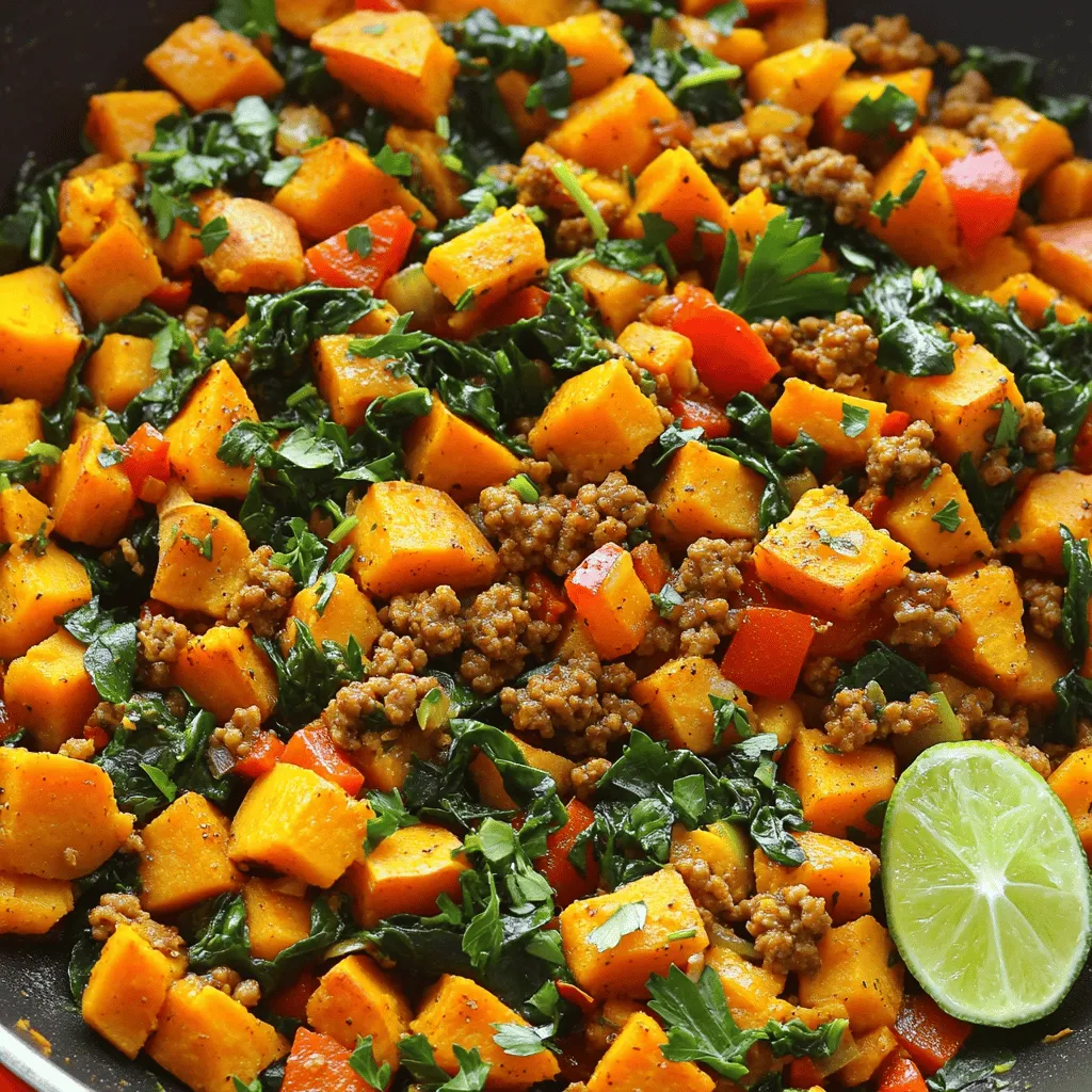 - 1 pound ground turkey - 2 medium sweet potatoes, peeled and cut into ½-inch cubes - 1 red bell pepper, diced - 1 small yellow onion, chopped - 1 teaspoon smoked paprika - 1 teaspoon ground cumin - 1 teaspoon chili powder - ½ teaspoon salt - ¼ teaspoon freshly ground black pepper - 2 tablespoons extra-virgin olive oil - 1 cup corn kernels - 2 cups baby spinach leaves, roughly chopped - Fresh parsley or cilantro for garnish (optional) The main ingredients in the Ground Turkey Sweet Potato Skillet are simple yet flavorful. Ground turkey serves as a lean protein that cooks quickly. Sweet potatoes add a natural sweetness and creaminess. The red bell pepper and yellow onion bring color and crunch to the dish. For spices, smoked paprika offers a warm, smoky taste. Ground cumin gives an earthy depth, while chili powder adds a mild kick. Salt and black pepper enhance all the flavors. You can use fresh or frozen corn for sweetness and texture. Baby spinach adds a fresh green element. For garnish, parsley or cilantro brightens the meal. This combination creates a colorful and hearty dish. For the complete cooking process, refer to the Full Recipe. - Heat olive oil in a skillet over medium heat. - Sauté onion and sweet potatoes until they soften. To start this dish, I heat olive oil in a large skillet. I keep the heat at medium. Once the oil is hot, I add the chopped onion and sweet potatoes. I stir them well and let them cook for about 5 to 7 minutes. I want the sweet potatoes to soften and the onion to turn clear. - Stir in garlic and spices. Next, I add minced garlic to the skillet. I also toss in smoked paprika, ground cumin, chili powder, salt, and black pepper. I stir these in and let them cook for one minute. This helps the spices release their rich flavors and fills my kitchen with a warm aroma. - Incorporate ground turkey and cook until browned. Now, I add the ground turkey to the skillet. I break it up with a wooden spoon as it cooks. I keep an eye on it for about 5 to 7 minutes. I want the turkey to turn brown and cook through. It should not have any pink left. - Mix in red bell pepper and corn. - Fold in spinach and adjust seasoning. After the turkey is ready, I stir in the diced red bell pepper and corn. I let this cook for another 3 to 4 minutes. I want the bell pepper to be bright and tender. Then, I gently fold in the chopped spinach. I stir until it wilts in about 2 minutes. Before I finish, I taste and adjust the seasoning if needed. I might add a little more salt or pepper if it needs it. This process makes a meal that is not only tasty but also colorful. For the full recipe, check out the details above. To cook sweet potatoes evenly, cut them into small cubes. This helps them cook faster and more uniformly. Sauté them with the onion first. Stir them often to avoid burning. Season at each step for best flavor. Add garlic and spices after the veggies soften. This allows the spices to bloom and add depth. Garnish your dish with fresh parsley or cilantro. This adds a bright touch and fresh flavor. You can also serve it with a lime wedge. Squeeze lime juice over the dish for a zesty kick. For sides, consider a simple green salad or steamed broccoli. These pair well and add nutrients. Prep ingredients in advance to save time. Dice the sweet potatoes and chop the onion the day before. This makes cooking quick and easy. You can also use pre-cut vegetables. They save you time and effort, making the meal prep a breeze. {{image_4}} You can easily switch out ground turkey for other proteins. Ground chicken, beef, or pork work well. For a lighter option, try ground turkey breast. If you want a meat-free dish, use lentils or chickpeas. These ingredients add protein and flavor. Spices can change the taste of your skillet. Try adding oregano or thyme for an earthy touch. You can also add a bit of cayenne pepper for heat. If you like sauces, drizzle some hot sauce or teriyaki sauce over the top. This adds layers of flavor and makes each bite exciting. To make this dish gluten-free, use gluten-free soy sauce instead of regular soy sauce. You can also skip grains entirely. For low-carb options, replace sweet potatoes with zucchini or cauliflower. They add bulk without the extra carbs. This keeps the meal healthy and satisfying. For the full recipe, check out the detailed instructions. To keep your Ground Turkey Sweet Potato Skillet fresh, store leftovers in an airtight container. Make sure it cools down first to avoid steam build-up. You can keep the skillet in the fridge for up to three days. This way, you can enjoy its great taste again! If you want to save the dish for later, freezing is a great option. First, let the skillet cool completely. Then, portion it into freezer-safe containers. You can use glass or plastic containers with a tight lid. This will help prevent freezer burn. The skillet can last up to three months in the freezer. When you’re ready to eat, safely reheat the skillet. You can use the microwave or a stovetop. If using a microwave, heat in short bursts, stirring in between. This helps it heat evenly. If using a stovetop, add a splash of water to keep it moist. This way, the flavors and textures stay just right. Yes, you can make the Ground Turkey Sweet Potato Skillet ahead of time. Just cool it down. Store it in an airtight container. I recommend keeping it in the fridge for up to three days. When you’re ready to eat, reheat it on the stove or in the microwave. This way, the flavors stay strong. You can serve this dish with many sides. Try a simple green salad for freshness. Quinoa or brown rice would add a nice texture. You could even offer whole grain tortillas for a fun twist. Each side brings a new flavor to the meal. Yes, you can add heat to the dish. Use more chili powder or some cayenne pepper. If you like fresh heat, add diced jalapeños. You can also top it with hot sauce for an extra kick. Just be careful not to overpower the other flavors. To adjust the serving size, simply change the ingredient amounts. If you want to make more, double the recipe. For fewer servings, halve the amounts. This dish is easy to scale, so it works for any gathering or meal planning. Yes, you can use canned sweet potatoes. They save time and are easy to find. Drain and rinse them before adding to the skillet. They may be softer, so reduce cooking time. The dish will still taste great, just remember the texture might change a bit. For more detailed instructions, check out the Full Recipe. This ground turkey sweet potato skillet is simple and satisfying. You learned about the main ingredients, spices, and cooking steps. I shared tips for cooking and serving, along with tasty variations. Remember to store leftovers properly to keep them fresh. This dish is flexible and can fit many diets. Enjoy your cooking journey and feel free to experiment with flavors. The joy of cooking lies in making it your own!