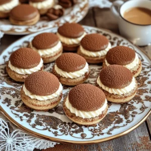 - 1 cup all-purpose flour - 1/2 cup cocoa powder - 1 teaspoon baking powder - 1/4 teaspoon salt - 1/2 cup unsalted butter, softened - 1 cup white sugar - 1/2 cup packed brown sugar - 2 large eggs - 2 tablespoons strong, cooled coffee - 1 teaspoon vanilla extract - 1 cup mascarpone cheese - 1/4 cup powdered sugar - Cocoa powder for dusting When making Tiramisu Cookies, you need simple ingredients. Flour and cocoa powder form the base. Butter adds a rich flavor. Using both white and brown sugars gives sweetness and moisture. Eggs bind everything together. Coffee and vanilla add a rich aroma. Mascarpone cheese gives the cookies a creamy filling. Finally, cocoa powder dusts the top for a classic touch. - Mixing bowls - Electric mixer - Baking sheet - Parchment paper - Measuring cups and spoons These tools help make the process smooth. Mixing bowls let you combine ingredients easily. An electric mixer saves time and effort. A baking sheet with parchment paper prevents sticking. Measuring cups and spoons ensure accurate amounts for a tasty result. For the full recipe, check the relevant section above. Enjoy your baking adventure! 1. Preheat your oven to 350°F (175°C). This helps the cookies bake evenly. 2. Line a baking sheet with parchment paper. This keeps cookies from sticking. 3. In a medium bowl, whisk together: - 1 cup all-purpose flour - 1/2 cup cocoa powder - 1 teaspoon baking powder - 1/4 teaspoon salt This mix adds flavor and structure to your cookies. 4. In a large bowl, beat together: - 1/2 cup unsalted butter, softened - 1 cup white sugar - 1/2 cup packed brown sugar Beat until creamy, about 3-4 minutes. This makes the base rich. 1. Add two large eggs, one at a time, mixing well after each. 2. Stir in: - 2 tablespoons strong, cooled coffee - 1 teaspoon vanilla extract Mix until blended. 3. Gradually add the dry mix to the wet mix. Stir just until combined. Don't overmix, or the cookies will be tough. 4. Use a tablespoon to scoop dough onto the prepared baking sheet. Leave space for cookies to spread. 5. Bake for 10-12 minutes. The edges should be firm, and the middle should be soft. 6. Let cookies cool on the sheet for 5 minutes. Then transfer them to a wire rack to cool completely. 1. While cookies cool, prepare the mascarpone cream. In a bowl, beat together: - 1 cup mascarpone cheese - 1/4 cup powdered sugar Mix until smooth and creamy. 2. Once the cookies cool, spread a thick layer of mascarpone cream on the flat side of half the cookies. 3. Top with the remaining cookies to create sandwiches. 4. Dust the tops with cocoa powder for a sweet touch. This recipe will give you delicious Tiramisu Cookies that blend the best of both worlds! For the full recipe, check out the relevant section. - Monitor baking time for the perfect texture. Each oven is different, so check your cookies. - Avoid overmixing the dough. Mix just until combined to keep them soft and chewy. - Ensure mascarpone cheese is at room temperature for smooth mixing. Cold cheese can lead to lumps. - Adjust sweetness of the mascarpone cream to taste. You can add more powdered sugar if you like it sweeter. - Arrange cookies aesthetically for serving. Stack them or place them on a nice plate. - Serve with coffee or espresso for an authentic experience. This pairing enhances the flavors of the cookies. Don't forget to check the Full Recipe for all the details! {{image_4}} You can enhance the flavor of your tiramisu cookies in fun ways. Try adding chocolate chips or nuts for a delightful crunch. These ingredients add texture and a rich taste. You can also experiment with flavored extracts. Almond or hazelnut extracts bring a unique twist to the classic cookie. Just a drop or two can change the whole flavor profile. If you need a gluten-sensitive version, you can easily adapt this recipe. Just swap regular flour for gluten-free flour. This keeps the cookies soft while making them safe to eat. For those who prefer vegan options, it's just as simple. Substitute the butter with vegan margarine. Use plant-based milk instead of dairy. These swaps allow everyone to enjoy these tasty treats. Store your Tiramisu Cookies in an airtight container. This keeps them fresh for up to 5 days. I recommend placing parchment paper between layers to prevent sticking. Avoid leaving them out in the open air, as they may dry out quickly. To freeze the cookies, layer them with parchment paper. This method helps protect them during freezing. You can store them in a freezer-safe bag or container. They will stay fresh for up to three months. When ready to enjoy, thaw them in the fridge or at room temperature. This way, you can have delicious cookies whenever you want! Yes, instant coffee can be used for convenience. Just mix it with hot water. This saves time when you are in a hurry. The flavor will still come through in the cookies. Increase the amount of cocoa powder or add chocolate chips to the dough. This boost gives a richer flavor. You can even mix in dark chocolate chips for a fun twist. The more chocolate, the better! The addition of mascarpone cheese and coffee flavor gives Tiramisu Cookies their unique taste. This creamy cheese adds richness. It makes the cookies taste like the classic dessert. The coffee flavor connects perfectly with the cocoa. The full recipe can be referred to under the relevant section for detailed instructions and measurements. You'll find everything you need to make these delicious cookies! Tiramisu cookies blend rich flavors and textures into a delightful treat. You need simple ingredients like flour, cocoa, and mascarpone cheese. Follow the steps to create cookie sandwiches with creamy filling. Keep baking tips in mind for the best texture. Try different variations for your taste. Store them well or freeze for later enjoyment. These cookies offer a fun twist on a classic dessert, perfect for sharing with friends or family. Enjoy creating your own tasty batch!