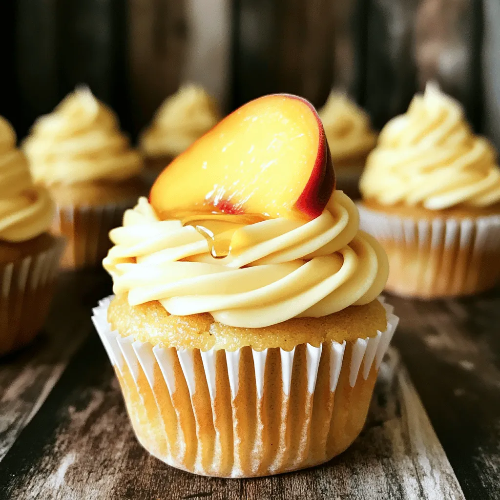 To create Honey Peach Cream Cheese Cupcakes, gather these simple ingredients: - 1 ½ cups all-purpose flour - 1 cup granulated sugar - ½ teaspoon baking powder - ½ teaspoon baking soda - ¼ teaspoon salt - ½ cup unsalted butter, softened to room temperature - 2 large eggs - 1 teaspoon vanilla extract - ½ cup sour cream - 1 cup fresh peaches, diced (about 2 medium peaches) - 4 oz cream cheese, softened - ⅓ cup honey - 1 teaspoon ground cinnamon These ingredients blend together to create a sweet and moist cupcake with a fluffy texture. Fresh peaches add a burst of flavor. Honey and cream cheese frosting give it a rich and sweet finish. Each bite feels like a warm hug on a sunny day. You can find the full recipe to guide you step by step. Enjoy crafting these delightful treats! - Preheat your oven to 350°F (175°C) - Line a 12-cup muffin tin with cupcake liners Start by getting your oven nice and hot. This step is key for fluffy cupcakes. While the oven warms, grab your muffin tin and line it with cupcake liners. These liners help the cupcakes pop out easily after baking. - Whisk all-purpose flour, baking powder, baking soda, and salt Next, take a large bowl and add the dry ingredients. Whisk together the all-purpose flour, baking powder, baking soda, and salt until well mixed. This helps the cupcakes rise evenly as they bake. - Cream butter and granulated sugar together - Add eggs, vanilla, and sour cream to the mixture - Combine wet and dry ingredients gradually Now, in another bowl, cream the softened butter and granulated sugar. Mix until it’s fluffy and light. Then add the eggs one by one, mixing well after each. Stir in the vanilla and sour cream, making it nice and smooth. Gradually add the dry mix to the wet mixture. Be gentle; overmixing can make your cupcakes tough. - Fold diced peaches and ground cinnamon into the batter It’s time to add flavor! Gently fold in the diced peaches and ground cinnamon. The peaches will add sweetness, while the cinnamon gives warmth. Make sure they are evenly spread throughout the batter. - Fill cupcake liners with batter and bake for 18-20 minutes Using a spoon or ice cream scoop, fill each cupcake liner about two-thirds full with batter. Place the muffin tin in the oven and bake for 18-20 minutes. Check with a toothpick; it should come out clean when they are done. - Combine softened cream cheese and honey until smooth While your cupcakes cool, let’s make the frosting. In a mixing bowl, beat the softened cream cheese and honey until smooth. This creamy frosting will pair perfectly with your sweet cupcakes. - Frost cooled cupcakes and add peach slices and honey drizzle Once your cupcakes are completely cool, it’s time to frost them. You can pipe or spread the honey cream cheese frosting on top. For a pretty touch, add a slice of fresh peach and a drizzle of honey on each cupcake. This will make them look as good as they taste! For the full recipe, check out the details above! - Ensure butter is room temperature. This helps it blend smoothly. - Do not overmix the batter. Mix just until combined for light cupcakes. - Experiment with spices like nutmeg or cardamom. These can add warmth. - Use different types of honey for varied flavor. Each honey brings its own taste. - Pair with fresh fruit or a scoop of ice cream. This adds brightness and creaminess. - Serve with tea or coffee for a delightful afternoon treat. The flavors complement each other well. {{image_4}} You can make these cupcakes even better with simple swaps. If you need gluten-free options, try using almond flour instead of all-purpose flour. It gives a nice nutty flavor. You can also switch fresh peaches for other fruits. Mango and strawberries work great too, adding their own unique taste. If you want to change up the frosting, consider using mascarpone cheese. It creates a rich and creamy texture. You can also swap honey for maple syrup if you prefer a different sweetness. Both options taste great and keep the cupcakes delightful. Making these cupcakes vegan is easy! Use flax eggs instead of regular eggs. You can also use plant-based cream cheese for the frosting. If you want fewer calories, reduce the sugar. This way, you can enjoy a tasty treat without worry. For the full recipe, check out the complete guide on Honey Peach Cream Cheese Cupcakes. Store your honey peach cream cheese cupcakes in an airtight container at room temperature. They stay fresh for 2-3 days. This method keeps them soft and tasty. Avoid direct sunlight to maintain their flavor. You can refrigerate the cupcakes for up to a week. If you want to keep them longer, freeze them for up to 3 months. Freezing is great for meal prep or saving for a special occasion. For the best results, freeze cupcakes without frosting. This way, they keep their texture and flavor. When you're ready to enjoy, just thaw them and add the frosting. This keeps every bite as delightful as the first. To make your cupcakes moist, ensure the butter and eggs are at room temperature. Cold ingredients can lead to a dense texture. Also, do not overbake the cupcakes. Keep a close eye on them in the oven. Bake until golden brown and a toothpick inserted in the center comes out clean. Yes, you can use canned peaches. However, it’s important to drain and pat them dry. This removes excess moisture that can make the batter too wet. Fresh peaches bring a bright flavor, but canned can work in a pinch. If you need a substitute for cream cheese, try Greek yogurt or silken tofu. Greek yogurt gives a nice tang, while silken tofu adds creaminess. Both options keep the frosting smooth and tasty! To check if the cupcakes are done, insert a toothpick into the center. If it comes out clean, they are ready. If there’s batter on the toothpick, bake them a little longer. This step ensures you get perfect, fluffy cupcakes. These cupcakes combine the sweetness of peaches with a soft, moist texture. We covered the ingredients, simple steps, and tips for success. You can adjust flavors or try new ingredients for added variety. Remember to store them properly to keep them fresh. Baking is fun and rewarding, so don’t hesitate to experiment. Enjoy your time in the kitchen, and share these treats with others when you can!