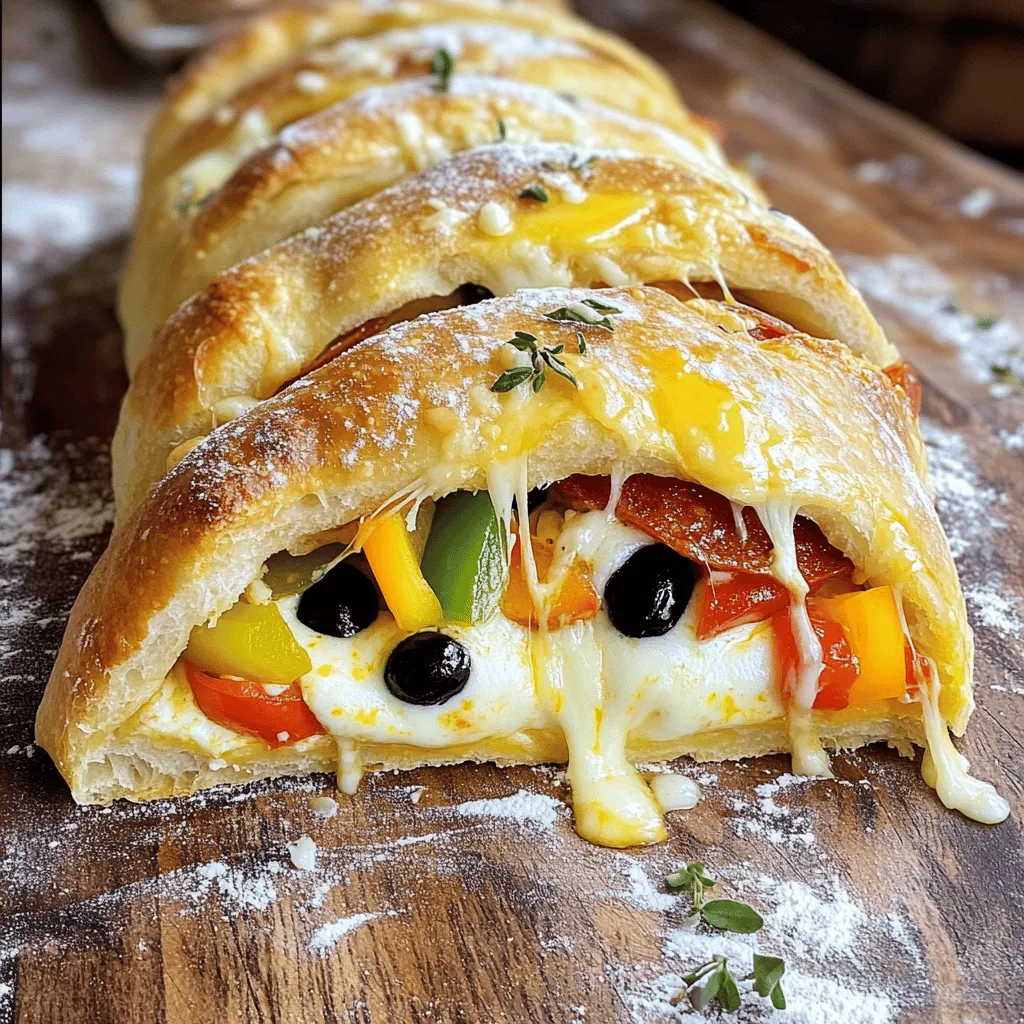To make a flavorful Italian Stromboli, gather these key ingredients: - 1 lb pizza dough - 1 cup marinara sauce - 1 ½ cups shredded mozzarella cheese - ½ cup sliced pepperoni - ½ cup sliced bell peppers (your choice of red, green, or yellow) - ¼ cup sliced black olives - 2 tablespoons grated Parmesan cheese - 1 tablespoon Italian seasoning - 1 large egg (for egg wash) - Olive oil (for drizzling) - Flour (for dusting the work surface) These ingredients create a delicious blend of tastes. The cheese melts beautifully, while the pepperoni and olives add a bit of zing. You can customize your Stromboli with these optional ingredients: - Cooked sausage or ham - Spinach or arugula - Artichoke hearts - Different cheese varieties (like provolone or cheddar) - Fresh herbs (like basil or oregano) Feel free to mix and match. This lets you create a Stromboli that suits your taste. To make this Stromboli, you’ll need some basic kitchen tools: - Rolling pin - Baking sheet - Parchment paper - Small bowl for the egg wash - Whisk or fork for mixing Having the right tools makes the process smoother. You’ll be ready to roll and bake your Stromboli with ease. For the complete recipe, check the Full Recipe. To start, preheat your oven to 400°F (200°C). This heat helps the Stromboli cook evenly. Next, get your pizza dough. Roll it out on a floured surface. Aim for a rectangle about 14x10 inches. If the dough sticks, add more flour. Now, spread a layer of marinara sauce on the dough. Leave about 1 inch at the edges. This space helps seal the Stromboli. After that, sprinkle 1 ½ cups of shredded mozzarella cheese on top. This cheese makes it gooey and delicious. Add sliced pepperoni, bell peppers, and black olives next. These ingredients add great color and flavor. Finally, sprinkle Parmesan cheese and Italian seasoning over the toppings. This gives your Stromboli an extra flavor boost. Start rolling the dough from one long edge. Roll it tightly to keep the filling inside. Pinch the seams and ends well. This step is key to avoiding leaks during baking. Place the Stromboli seam-side down on a baking sheet lined with parchment paper. This helps with easy cleanup later. In a small bowl, whisk one large egg. Brush this egg wash over the top of the Stromboli. This gives it a nice golden color. Drizzle some olive oil on top for added flavor. Now, bake it in your hot oven for 20-25 minutes. Look for a golden brown color. When you smell it in the air, you know it’s almost done! After baking, let it cool for a few minutes. Then, slice it into generous pieces for serving. Enjoy your Stromboli with extra marinara for dipping! You can change the Stromboli to fit your taste. Here are a few ideas: - Vegetarian: Skip the meat and add more veggies like spinach, mushrooms, or zucchini. - Spicy: Add jalapeños or hot sausage for a kick. - Cheesy: Use different cheeses like provolone or fontina for more flavor. Avoid these common mistakes to make your Stromboli perfect: - Too Much Filling: Overstuffing can cause leaks. Use just enough to fill without spilling. - Not Sealing Well: Make sure to pinch the seams tightly. This keeps everything inside. - Skipping the Egg Wash: The egg wash gives a nice golden color. Don't skip this step! How you cut and serve your Stromboli matters. Here are some tips: - Cool Slightly First: Let it cool for a few minutes. This helps with slicing. - Use a Sharp Knife: A sharp knife cuts through the layers cleanly. - Serve with Dipping Sauce: Extra marinara sauce makes a great dip. You can also add a sprinkle of fresh herbs for color. For the complete recipe, check out the Full Recipe section. Enjoy your cooking! {{image_4}} To make a vegetarian Stromboli, swap out meat for veggies. Use bell peppers, mushrooms, and spinach. Try adding artichokes or zucchini for more flavor. You can also mix in some ricotta cheese for creaminess. This makes a tasty option for plant lovers. For a spicy kick, add sliced jalapeños or spicy sausage. You can also sprinkle red pepper flakes on the cheese. This adds heat and depth to your Stromboli. The spicy flavors will make it a hit at any gathering. For breakfast, fill your Stromboli with scrambled eggs, cheese, and sausage. You can add spinach or tomatoes for extra nutrients. Use a blend of your favorite cheeses for a rich flavor. This twist makes a great brunch dish. Explore these variations to find your favorite! You can mix and match fillings based on what you like. For the full recipe, check out the details above! To keep leftover Stromboli fresh, wrap it tightly in plastic wrap or aluminum foil. This helps keep moisture in and prevents it from drying out. You can also place it in an airtight container. Store it in the fridge for up to three days. If you want to enjoy it later, follow the freezing tips below. Reheating Stromboli is easy. Start by preheating your oven to 350°F (175°C). Place the Stromboli on a baking sheet. Heat it for about 10-15 minutes, or until it is warm and crispy. You can also use a microwave, but the crust may get soft. If using the microwave, heat for 1-2 minutes. Check and adjust the time as needed. Freezing Stromboli is a great way to save it for later. After cooling, wrap it tightly in plastic wrap. Then, place it in a freezer-safe bag or container. It will stay good for up to three months. When you are ready to eat it, thaw it in the fridge overnight. Reheat as explained above for the best taste. For the full recipe, check out the Stromboli Delight section. Stromboli comes from Italy, specifically from the Italian-American community. It is often linked to the island of Stromboli, known for its volcano. People made this dish to use leftovers. It became popular in the U.S. in the 1950s. The dish is a rolled pizza filled with meats, cheeses, and veggies. It offers a fun way to enjoy classic Italian flavors. Yes, you can use store-bought dough for your Stromboli. Many people find it easier and quicker. Look for pizza dough at your local store. You can also use bread dough if you prefer a thicker crust. Just remember to let it rise if needed. This option saves time and still tastes great! You can customize your Stromboli with many fillings. Here are some ideas: - Cooked sausage - Spinach or kale - Mushrooms - Chicken or turkey - Feta or cheddar cheese - Zucchini or eggplant Feel free to mix and match your favorites. The possibilities are endless, making it a fun dish to create! For more detailed cooking steps, check the Full Recipe. In this post, we explored how to make delicious Italian Stromboli. We covered key and optional ingredients, helpful equipment, and clear instructions for every step. I shared tips for custom variations and common mistakes to avoid. Lastly, we looked at storage methods and answered key questions about Stromboli. Stromboli is fun and easy to make. You can personalize it to your taste. Enjoy making and sharing this dish with friends and family.