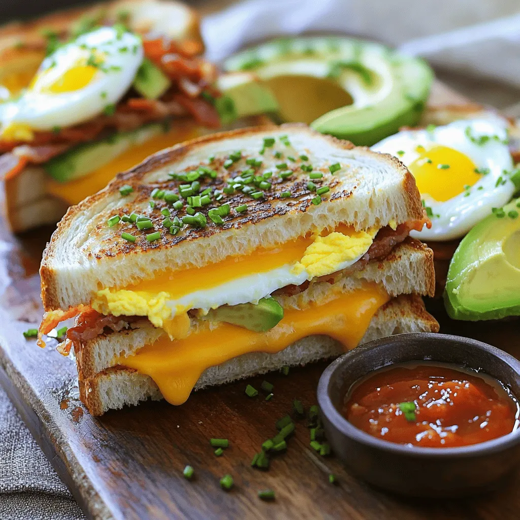 - 4 slices of sourdough bread - 4 slices of sharp cheddar cheese - 2 slices of crispy cooked turkey bacon (or vegetarian bacon for a meatless option) - 2 large eggs - ½ ripe avocado, thinly sliced - Salt and pepper - Fresh chives - Marinara sauce The main ingredients give this sandwich its tasty flair. Sourdough bread adds a nice crunch. Sharp cheddar cheese melts beautifully and packs flavor. Turkey bacon gives a savory touch. If you prefer, use vegetarian bacon for a lighter bite. Eggs add richness and creaminess. Finally, avocado gives a fresh and creamy finish. For seasoning, a pinch of salt and pepper enhances each layer. Fresh chives add color and a mild onion flavor. Use them for garnish to make the dish pop. If you want to dip your sandwich, marinara sauce is a great option. It adds a tangy twist and pairs well with the cheesy goodness. Check out the Full Recipe for all the details! How do I cook eggs sunny-side up? To cook sunny-side-up eggs, heat a non-stick skillet over medium heat. Crack two eggs into the skillet. Sprinkle a pinch of salt and freshly cracked black pepper on top. Cook for about 3-4 minutes. The egg whites should be set, but the yolks should remain runny. Once done, gently transfer the eggs to a plate and set them aside. How do I prepare crispy turkey bacon? In the same skillet, add the turkey bacon slices. Cook them for about 2-3 minutes on each side. You want them crispy and golden brown. Once cooked, place the bacon on a paper towel. This will absorb any extra grease. How do I butter the bread? Take softened butter and spread it evenly on one side of each sourdough slice. Make sure you cover the entire slice. This helps achieve great crispiness when grilling. How do I layer the ingredients in the skillet? Lower the heat to medium-low and place two slices of sourdough bread in the skillet, buttered-side down. On top of this bread, layer two slices of sharp cheddar cheese. Then, add the crispy turkey bacon. Next, carefully place the sunny-side-up eggs on top. Finally, add the sliced avocado. Top it all off with the remaining two slices of cheddar cheese. What is the grilling technique for perfect crispiness? Gently place the other two slices of bread on top, buttered-side up. Cook the sandwich for about 3-4 minutes until the bottom slice is golden brown. You want the cheese to start melting. How long should I cook each side? After 3-4 minutes, use a spatula to flip the sandwich. Cook the other side for an additional 3-4 minutes. Both sides should be golden brown, and the cheese must be fully melted. Once perfectly grilled, remove the sandwiches from the skillet. Let them cool for a minute, then cut each sandwich in half. Sprinkle finely chopped chives on top for a burst of flavor. For the full recipe, check out the Ultimate Breakfast Grilled Cheese. To get the best melt, use good cheese. Sharp cheddar works great. Make sure to layer the cheese thickly. A good rule is to use two slices per sandwich. This helps the cheese get gooey and delicious. To avoid sogginess, keep your heat at medium-low. If it’s too hot, the bread will burn before the cheese melts. Also, spread the butter evenly on the bread. This creates a nice crisp outside. You can try different cheeses for fun. Monterey Jack, Gouda, or even Brie can add new flavors. If you want something bold, add pepper jack for a kick. Don’t stop at cheese! Try adding fresh spinach or tomatoes. You can also include a dollop of pesto or a sprinkle of hot sauce. These extras make the sandwich unique and exciting. A good non-stick skillet is key. I recommend a heavy-bottomed one. It helps cook evenly and prevents sticking. For utensils, a solid spatula is a must. It should be wide enough to flip the sandwich without losing fillings. A butter knife for spreading and a plate for serving will make your cooking easier. For a full recipe, check out the Ultimate Breakfast Grilled Cheese. {{image_4}} You can easily switch turkey bacon for plant-based options. Many brands now offer tasty alternatives. These choices give you a similar crunch without the meat. You can use veggie bacon or smoked tempeh for a unique flavor. This makes the sandwich perfect for both meat lovers and vegetarians. Adding fruit can take your grilled cheese to the next level. Sliced apples or pears add a nice crunch and sweetness. You can also drizzle some maple syrup on top for extra flavor. This mix of sweet and savory makes each bite exciting and new. If you need a gluten-free option, choose gluten-free bread. This simple swap keeps the taste great while making it suitable for those with gluten sensitivities. Look for hearty gluten-free breads that can hold all the ingredients well. This way, you won’t miss out on flavor or texture. To store your leftover Ultimate Breakfast Grilled Cheese, place it in an airtight container. This keeps it fresh and helps avoid sogginess. Let the sandwich cool to room temperature before sealing it. You can store it in the fridge for up to three days. To reheat your grilled cheese, use a skillet. Heat it over low to medium heat. This keeps the bread crispy while warming the cheese. Cook for about 2-3 minutes per side. If you want to speed things up, use a microwave. Just remember, it may not stay crispy. Yes, you can freeze grilled cheese sandwiches! Wrap each sandwich tightly in plastic wrap, then place them in a freezer bag. They can stay fresh for up to three months. When you're ready to eat, thaw them overnight in the fridge before reheating. Enjoy your delicious creation later! For the best melt, use sharp cheddar cheese. It has a rich taste that pairs well. Other great options include: - Gruyère - Monterey Jack - Fontina These cheeses melt nicely, creating a dreamy texture. You can mix different cheeses for more flavor. Yes, you can make grilled cheese in the oven! It's a great method for cooking multiple sandwiches. Here’s how: 1. Preheat your oven to 375°F (190°C). 2. Assemble your sandwiches on a baking sheet. 3. Bake for about 10 minutes, flipping halfway through. This method gives a crispy texture on both sides without needing to stand by the stove. To avoid burning your grilled cheese, manage your cooking temperature. Keep the heat medium-low. Here are some tips: - Use a non-stick skillet for even cooking. - Butter the bread evenly to promote browning. - Monitor the cooking time closely, about 3-4 minutes per side. These steps help you achieve a golden crust without burning. In this article, we covered how to create the ultimate breakfast grilled cheese. We explored the best ingredients, from sourdough to sharp cheddar, and shared tips for perfecting your sandwich. You learned step-by-step instructions, customization options, and storage tips. Grilled cheese is versatile and fun to make. Experiment with flavors to find your favorite. Enjoy every bite and share your creations with others!