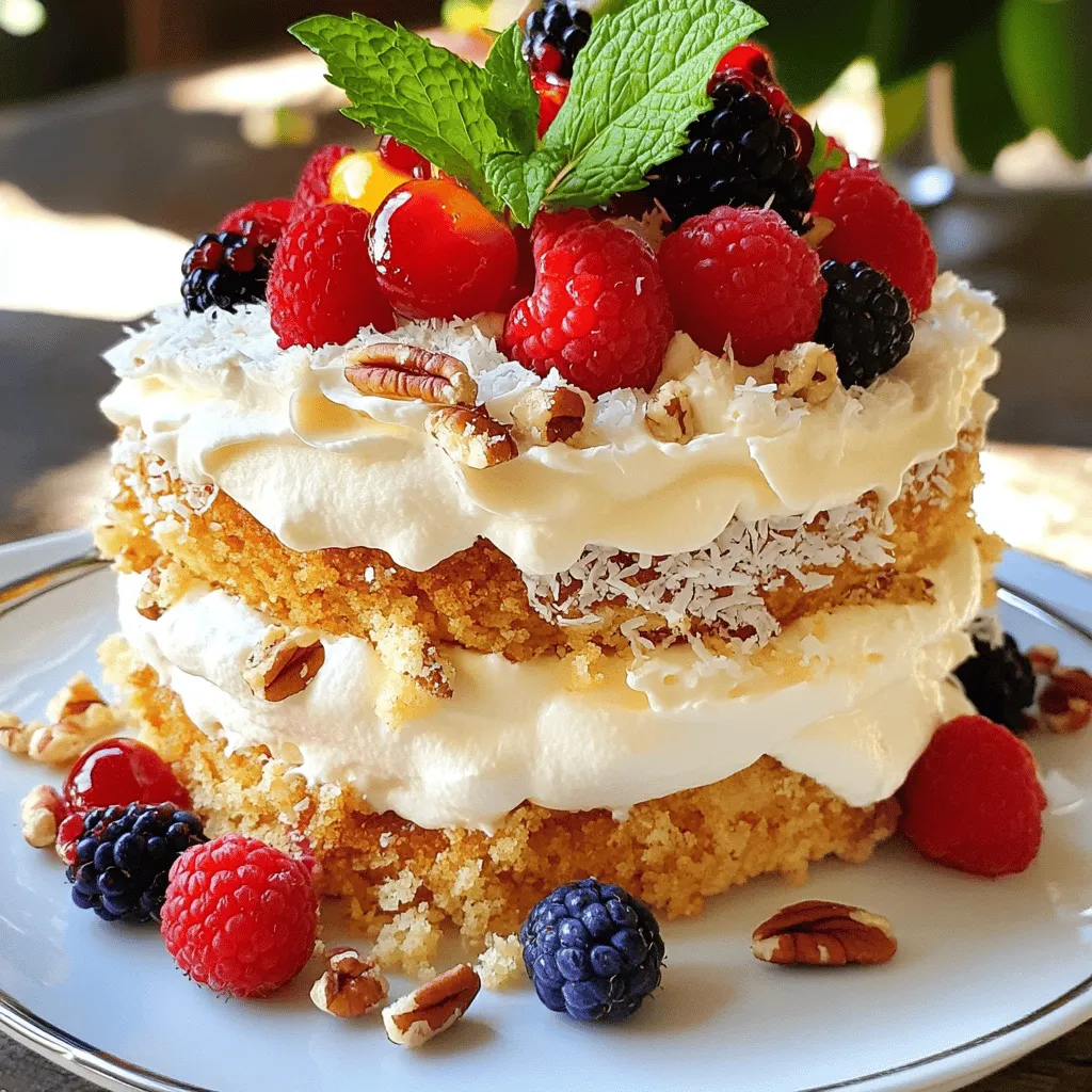 To make Quick Italian Cream Cake, you need some key ingredients. Here’s what you’ll need: - 1 ½ cups all-purpose flour - 1 cup granulated sugar - 1 teaspoon baking powder - ½ teaspoon baking soda - ½ teaspoon salt - ½ cup unsalted butter, softened to room temperature - 1 cup buttermilk, at room temperature - 3 large eggs, at room temperature - 1 teaspoon pure vanilla extract - ½ cup sweetened shredded coconut - ½ cup finely chopped pecans - 1 cup heavy whipping cream - ¼ cup confectioners’ (powdered) sugar - 1 teaspoon pure vanilla extract (for the whipped cream) For a lovely touch, you might want to add some garnishes. Here are some tasty options: - Fresh berries (like strawberries or blueberries) - Fresh mint leaves If you need to make some changes, here are some tips: - Use coconut milk if you need a dairy-free option. - Almond flour can replace all-purpose flour for a gluten-free cake. - You can swap pecans with walnuts or almonds for a different flavor. This recipe is all about balance and flavor. Feel free to play around with these key ingredients! For the full recipe, click [Full Recipe]. Start by preheating your oven to 350°F (175°C). Next, take two 9-inch round cake pans. Grease them with butter and dust them with flour. This helps the cakes come out easily later. In a medium bowl, mix the dry ingredients. Combine 1 ½ cups of all-purpose flour, 1 teaspoon of baking powder, ½ teaspoon of baking soda, and ½ teaspoon of salt. Use a whisk to blend them well. Set this bowl aside for now. In a large bowl, cream together the softened butter and granulated sugar. Use an electric mixer on medium speed for about 2-3 minutes. You want the mix to be light and fluffy. This step is key for a soft cake. Add the eggs one at a time to the butter-sugar mix. Mix well after each egg. After adding all three large eggs, pour in 1 teaspoon of pure vanilla extract. Blend until everything is just combined. Gradually add the dry ingredients to the wet mix. Start with one-third of the flour mix, then add half of the buttermilk. Repeat this step, ending with the flour. Mix just until combined. Be careful not to overmix; this keeps your cake light. Gently fold in ½ cup of sweetened shredded coconut and ½ cup of finely chopped pecans. Use a spatula to ensure they are evenly mixed into the batter. This adds great flavor and texture. Carefully pour the batter into the prepared cake pans. Smooth the tops with a spatula for even baking. Place them in the oven and bake for 25-30 minutes. Check with a toothpick; it should come out clean. Let the cakes cool in the pans for about 10 minutes, then move them to a wire rack. In a medium bowl, beat 1 cup of heavy whipping cream with ¼ cup of confectioners' sugar and 1 teaspoon of vanilla extract. Whip until soft peaks form. This should take about 2-3 minutes. This will be the frosting for your cake. Once the cakes are cool, place one layer on a serving plate. Spread a good layer of whipped cream on top. Place the second layer on it. Use the remaining whipped cream to frost the top and sides of the cake. For a fun touch, add fresh berries and mint leaves on top. For the complete recipe, you can check the Full Recipe provided. Enjoy your creation! To make your cake fluffy, start with room temperature ingredients. Use eggs and buttermilk that are not cold. This helps the batter mix well. Cream the butter and sugar until light and airy. This step is key to adding air. Mix just until combined when adding dry ingredients. Overmixing can lead to a dense cake. To save time, gather all your ingredients first. Measure them out before you start mixing. This keeps you organized and speeds up the process. Use an electric mixer to save energy and time. Clean as you go to keep your workspace tidy. If you are in a rush, consider using store-bought whipped cream. It can cut down on your prep time. One common mistake is not greasing the cake pans. This can cause your cake to stick. Always remember to dust them with flour after greasing. Another mistake is opening the oven door too soon. This can make your cake sink. Lastly, avoid using cold ingredients. They can affect how well the cake rises. For the best results, follow the Full Recipe closely. {{image_4}} You can switch up the flavors in Quick Italian Cream Cake. Try almond extract instead of vanilla. This change adds a lovely nutty taste. You can also add chocolate chips for a sweet twist. Dark chocolate pairs well with the cream and coconut. Substitute the pecans with walnuts or hazelnuts for a new texture. If you need a gluten-free cake, use a gluten-free flour blend. Make sure it has xanthan gum for binding. This will help your cake rise and hold together well. You can find gluten-free flour at most grocery stores. Just follow the same measurements in the recipe. To make the cake dairy-free, replace buttermilk with almond or oat milk. You can add a splash of vinegar to sour it, mimicking the buttermilk taste. Use dairy-free butter for the cake and whipped cream. There are many great dairy-free options available now. This way, everyone can enjoy a slice of your cake. For the whipped cream, coconut cream also works well and adds a nice flavor. Explore these variations to make the cake your own. You’ll impress your friends and family with these fun twists. For the full recipe, check out the link provided. To keep your Quick Italian Cream Cake fresh, store it in the fridge. Place the cake in an airtight container. If you can't find one, cover the cake tightly with plastic wrap. This keeps it moist and tasty. Enjoy the cake within three to four days for the best flavor. If you want to save cake layers for later, freeze them. Wrap each layer in plastic wrap. Then, place them in a freezer bag. This method helps keep the cake layers fresh for up to three months. When you're ready to eat, thaw the layers in the fridge overnight before icing and serving. Whipped cream is best when fresh, but you can store it too. Keep it in an airtight container in the fridge. Use it within two days for the best taste. If you notice it starting to separate, gently re-whip it before using. This keeps your cake looking and tasting great. For the full recipe, check out the Quick Italian Cream Cake directions. To make Quick Italian Cream Cake from scratch, follow these steps: 1. Preheat your oven to 350°F (175°C). 2. Grease and flour two 9-inch round cake pans. 3. Mix flour, baking powder, baking soda, and salt in a bowl. 4. In a larger bowl, cream softened butter and sugar together. 5. Add in eggs, mixing well after each one. 6. Pour in vanilla extract and mix until combined. 7. Gradually add the flour mixture and buttermilk, alternating between them. 8. Fold in shredded coconut and chopped pecans. 9. Divide the batter into the prepared pans and bake for 25-30 minutes. 10. Cool the cakes, then frost with whipped cream. For more details, check the Full Recipe. Yes, you can swap pecans for other nuts. Walnuts or almonds work well, too. They add nice texture and flavor. Just chop them finely before adding them to the batter. This change can give your cake a new twist! If you don’t have buttermilk, here are good substitutes: - Mix 1 cup of regular milk with 1 tablespoon of vinegar or lemon juice. - Let it sit for about 5 minutes. - You can also use plain yogurt or sour cream, thinned with a bit of water. These options keep your cake moist and tasty. The Quick Italian Cream Cake stays fresh for about 3-4 days in the fridge. Store it in an airtight container. This helps keep it moist and tasty. If you notice any changes in texture or smell, it’s best to discard it. Yes, you can make this cake ahead of time! Bake the layers and let them cool completely. Wrap them in plastic wrap and store them in the fridge. You can also freeze them for a longer period. Just remember to frost the cake right before serving for the best taste. You learned about the key ingredients and steps for making Quick Italian Cream Cake. I shared tips for a fluffy texture and offered variations for different diets. Remember, this cake is versatile and fun to make. With proper storage, it stays fresh longer. These insights will help you bake confidently and enjoy this delightful treat. Trust in your baking skills, and have fun sharing your creation!