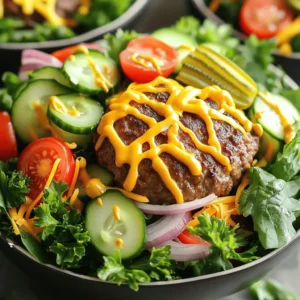 - 1 lb ground beef (or your choice of plant-based alternative) - 1 teaspoon garlic powder - 1 teaspoon onion powder - 1 teaspoon smoked paprika - Salt and freshly cracked black pepper, to taste - 4 cups assorted lettuce (mixed greens or your preferred variety) - 1 cup cherry tomatoes, halved for freshness - 1 cucumber, sliced into rounds - 1/4 cup red onion, carefully thinly sliced - 1 cup shredded cheese (cheddar or your favorite type) - 1/2 cup pickles, sliced into rounds - 1/4 cup burger sauce or creamy mayonnaise - 2 tablespoons mustard (optional, for an extra kick) - Fresh parsley or chives, finely chopped for garnish You can try adding some extra ingredients to amp up the flavor. Consider these options: - Avocado slices for creaminess - Jalapeños for heat - Roasted corn for sweetness - Quinoa for added texture Toppings can make your burger bowl even better. Here are some great choices: - Crispy bacon bits for crunch - Sliced olives for a briny taste - Fresh herbs like cilantro for brightness - Crunchy tortilla strips for a fun twist Your burger bowls will shine with these ingredients. Mix and match to create your perfect dish. Enjoy the process and taste! For a full recipe, be sure to check out the [Full Recipe]. To start, gather your ingredients. Use one pound of ground beef or a plant-based option. In a bowl, mix the beef with garlic powder, onion powder, smoked paprika, salt, and pepper. Use your hands or a spoon to blend everything well. This step is key for flavor. Shape the mix into equal patties. Aim for uniform thickness to ensure even cooking. Now, let’s build your burger bowl. Lay down a generous layer of mixed greens as the base. This gives you a fresh crunch. Place the cooked burger patty right in the center. Next, add halved cherry tomatoes, sliced cucumber, and thin red onion around the patty. Sprinkle shredded cheese and top with pickle rounds. Drizzle your favorite burger sauce or creamy mayonnaise over the toppings. If you like a kick, add mustard too. For great burgers, preheat your skillet to medium-high heat. Cook each patty for 4-5 minutes on each side. Check for a nice brown color to know they’re done. If you’re using plant-based patties, follow the cooking instructions on the package. Remember, don’t press down on the patties while they cook. This keeps them juicy. For more tips on burger perfection, check out the Full Recipe. Start with fresh ingredients. This makes your burger bowls taste great. Use your favorite greens for the base. Wash and dry them well. Slice your veggies thin for easy bites. Halved cherry tomatoes add color and sweetness. When you chop the red onion, soak it in cold water. This helps reduce its sharpness. For beef, use 80/20 ground beef for juicy burgers. Mix in spices like garlic and onion powder for flavor. Shape the patties evenly. This ensures they cook well. If you’re using a plant-based option, follow package directions closely. Cook until they are golden brown and hot all the way through. This will give the best taste and texture. To make your burger bowl filling, add lots of toppings. Use shredded cheese, pickles, and olives for more flavor. Drizzle burger sauce or creamy mayo on top. This ties all the flavors together. Serve with a side of sweet potato fries or a fresh fruit salad. This adds balance to your meal. For an extra touch, garnish with fresh herbs. They give a pop of color and taste. You can find the full recipe above for more details. {{image_4}} You can easily swap the meat in burger bowls. Use black beans, lentils, or chickpeas. These options add protein and fiber. You can mash them or leave them whole for texture. Season them with garlic powder, onion powder, and smoked paprika for rich flavor. Add a plant-based cheese for creaminess. You can also use grilled veggies like zucchini or bell peppers. They bring a nice char and sweetness to the dish. For a keto version, skip the buns and focus on low-carb veggies. Use leafy greens like spinach or kale as your base. Instead of regular cheese, try cream cheese or feta for a flavor boost. You can add avocado slices for healthy fats. For added crunch, sprinkle some nuts or seeds on top. Keep your sauces low in sugar; use mustard or homemade mayo. Get creative with your burger bowl by trying new flavor themes. A Mediterranean burger bowl could feature feta, olives, and a drizzle of olive oil. For a Mexican twist, use taco-seasoned meat, corn, and salsa. You might enjoy an Asian-inspired bowl with soy sauce, sesame seeds, and crunchy cabbage. Don’t forget to mix and match your sauces for exciting tastes. Each theme makes your meal fun and fresh. For detailed steps, refer to the Full Recipe. To store your leftover burger bowls, let them cool first. Use airtight containers for the best results. Keep the veggies and sauces separate from the meat to prevent sogginess. Store in the fridge for up to three days. If you want to keep them longer, consider freezing the meat patties. They freeze well and can last up to three months. When you're ready to enjoy your leftovers, reheat them for the best taste. Remove the toppings first. Warm the meat in a skillet over medium heat. This keeps it juicy. You can also use the microwave, but be careful not to overcook it. Add the toppings back once the meat is hot. This way, your burger bowl will taste fresh and delicious. Meal prepping burger bowls is a great time-saver. Cook a batch of patties and store them in the fridge. Prepare your veggies and store them in separate containers. When you're ready to eat, just assemble your bowl quickly. This method helps you enjoy healthy meals without a lot of fuss. You can mix and match your toppings for variety throughout the week. Try different sauces to keep it exciting. For the full recipe, check out Burger Bowls. Burger bowls are a fun twist on classic burgers. They combine all your favorite burger toppings in a bowl instead of a bun. This dish gives you the same great taste but with a fresh twist. You can load them with greens, veggies, and proteins. It’s a great way to enjoy burgers in a lighter way. You can customize your burger bowl in many ways. Start with your protein choice. You can use ground beef, turkey, or a plant-based option. Next, choose your greens. Romaine or spinach works great. Add your favorite toppings, like cheese, onions, and pickles. You can also choose dressings like burger sauce or ranch. Get creative! Try adding avocado or jalapeños for extra flavor. Yes, burger bowls can be a healthy option! They are packed with veggies and protein. You control the portion sizes and toppings. You can also swap out high-calorie dressings for lighter options. Using lean meat or plant-based protein adds nutrition. Overall, they can fit well into a balanced diet. You learned about making delicious burger bowls. We covered key ingredients, cooking steps, and helpful tips. You can customize based on your taste, from vegetarian to keto-friendly options. Storing leftovers and reheating them keeps meals fresh. Burger bowls are fun, healthy, and adaptable for everyone. Now, mix and match flavors to create your perfect bowl. Enjoy every bite!