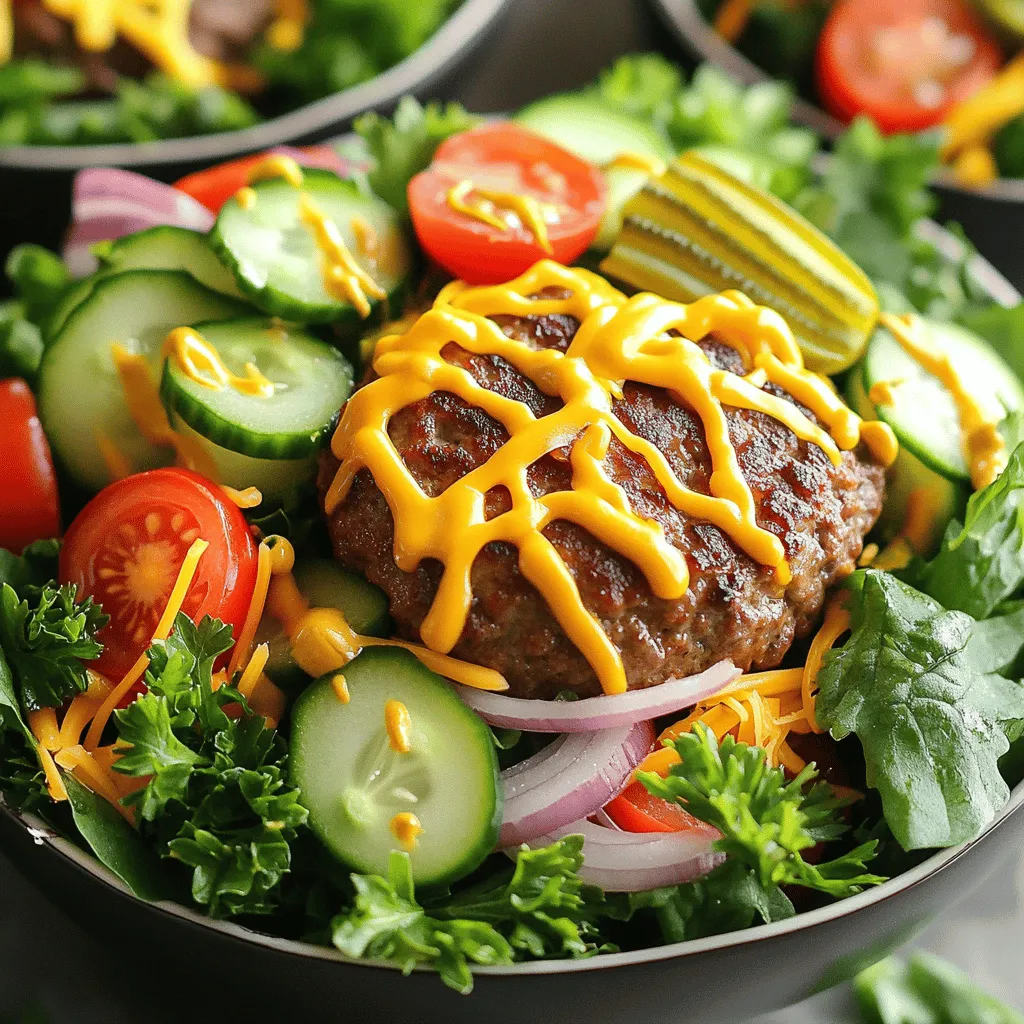 - 1 lb ground beef (or your choice of plant-based alternative) - 1 teaspoon garlic powder - 1 teaspoon onion powder - 1 teaspoon smoked paprika - Salt and freshly cracked black pepper, to taste - 4 cups assorted lettuce (mixed greens or your preferred variety) - 1 cup cherry tomatoes, halved for freshness - 1 cucumber, sliced into rounds - 1/4 cup red onion, carefully thinly sliced - 1 cup shredded cheese (cheddar or your favorite type) - 1/2 cup pickles, sliced into rounds - 1/4 cup burger sauce or creamy mayonnaise - 2 tablespoons mustard (optional, for an extra kick) - Fresh parsley or chives, finely chopped for garnish You can try adding some extra ingredients to amp up the flavor. Consider these options: - Avocado slices for creaminess - Jalapeños for heat - Roasted corn for sweetness - Quinoa for added texture Toppings can make your burger bowl even better. Here are some great choices: - Crispy bacon bits for crunch - Sliced olives for a briny taste - Fresh herbs like cilantro for brightness - Crunchy tortilla strips for a fun twist Your burger bowls will shine with these ingredients. Mix and match to create your perfect dish. Enjoy the process and taste! For a full recipe, be sure to check out the [Full Recipe]. To start, gather your ingredients. Use one pound of ground beef or a plant-based option. In a bowl, mix the beef with garlic powder, onion powder, smoked paprika, salt, and pepper. Use your hands or a spoon to blend everything well. This step is key for flavor. Shape the mix into equal patties. Aim for uniform thickness to ensure even cooking. Now, let’s build your burger bowl. Lay down a generous layer of mixed greens as the base. This gives you a fresh crunch. Place the cooked burger patty right in the center. Next, add halved cherry tomatoes, sliced cucumber, and thin red onion around the patty. Sprinkle shredded cheese and top with pickle rounds. Drizzle your favorite burger sauce or creamy mayonnaise over the toppings. If you like a kick, add mustard too. For great burgers, preheat your skillet to medium-high heat. Cook each patty for 4-5 minutes on each side. Check for a nice brown color to know they’re done. If you’re using plant-based patties, follow the cooking instructions on the package. Remember, don’t press down on the patties while they cook. This keeps them juicy. For more tips on burger perfection, check out the Full Recipe. Start with fresh ingredients. This makes your burger bowls taste great. Use your favorite greens for the base. Wash and dry them well. Slice your veggies thin for easy bites. Halved cherry tomatoes add color and sweetness. When you chop the red onion, soak it in cold water. This helps reduce its sharpness. For beef, use 80/20 ground beef for juicy burgers. Mix in spices like garlic and onion powder for flavor. Shape the patties evenly. This ensures they cook well. If you’re using a plant-based option, follow package directions closely. Cook until they are golden brown and hot all the way through. This will give the best taste and texture. To make your burger bowl filling, add lots of toppings. Use shredded cheese, pickles, and olives for more flavor. Drizzle burger sauce or creamy mayo on top. This ties all the flavors together. Serve with a side of sweet potato fries or a fresh fruit salad. This adds balance to your meal. For an extra touch, garnish with fresh herbs. They give a pop of color and taste. You can find the full recipe above for more details. {{image_4}} You can easily swap the meat in burger bowls. Use black beans, lentils, or chickpeas. These options add protein and fiber. You can mash them or leave them whole for texture. Season them with garlic powder, onion powder, and smoked paprika for rich flavor. Add a plant-based cheese for creaminess. You can also use grilled veggies like zucchini or bell peppers. They bring a nice char and sweetness to the dish. For a keto version, skip the buns and focus on low-carb veggies. Use leafy greens like spinach or kale as your base. Instead of regular cheese, try cream cheese or feta for a flavor boost. You can add avocado slices for healthy fats. For added crunch, sprinkle some nuts or seeds on top. Keep your sauces low in sugar; use mustard or homemade mayo. Get creative with your burger bowl by trying new flavor themes. A Mediterranean burger bowl could feature feta, olives, and a drizzle of olive oil. For a Mexican twist, use taco-seasoned meat, corn, and salsa. You might enjoy an Asian-inspired bowl with soy sauce, sesame seeds, and crunchy cabbage. Don’t forget to mix and match your sauces for exciting tastes. Each theme makes your meal fun and fresh. For detailed steps, refer to the Full Recipe. To store your leftover burger bowls, let them cool first. Use airtight containers for the best results. Keep the veggies and sauces separate from the meat to prevent sogginess. Store in the fridge for up to three days. If you want to keep them longer, consider freezing the meat patties. They freeze well and can last up to three months. When you're ready to enjoy your leftovers, reheat them for the best taste. Remove the toppings first. Warm the meat in a skillet over medium heat. This keeps it juicy. You can also use the microwave, but be careful not to overcook it. Add the toppings back once the meat is hot. This way, your burger bowl will taste fresh and delicious. Meal prepping burger bowls is a great time-saver. Cook a batch of patties and store them in the fridge. Prepare your veggies and store them in separate containers. When you're ready to eat, just assemble your bowl quickly. This method helps you enjoy healthy meals without a lot of fuss. You can mix and match your toppings for variety throughout the week. Try different sauces to keep it exciting. For the full recipe, check out Burger Bowls. Burger bowls are a fun twist on classic burgers. They combine all your favorite burger toppings in a bowl instead of a bun. This dish gives you the same great taste but with a fresh twist. You can load them with greens, veggies, and proteins. It’s a great way to enjoy burgers in a lighter way. You can customize your burger bowl in many ways. Start with your protein choice. You can use ground beef, turkey, or a plant-based option. Next, choose your greens. Romaine or spinach works great. Add your favorite toppings, like cheese, onions, and pickles. You can also choose dressings like burger sauce or ranch. Get creative! Try adding avocado or jalapeños for extra flavor. Yes, burger bowls can be a healthy option! They are packed with veggies and protein. You control the portion sizes and toppings. You can also swap out high-calorie dressings for lighter options. Using lean meat or plant-based protein adds nutrition. Overall, they can fit well into a balanced diet. You learned about making delicious burger bowls. We covered key ingredients, cooking steps, and helpful tips. You can customize based on your taste, from vegetarian to keto-friendly options. Storing leftovers and reheating them keeps meals fresh. Burger bowls are fun, healthy, and adaptable for everyone. Now, mix and match flavors to create your perfect bowl. Enjoy every bite!