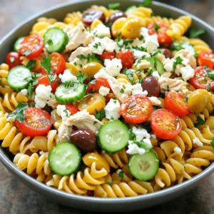 - 2 cups rotini pasta - 1 pound cooked chicken breast, diced - 1 cup cherry tomatoes, halved - 1 cup cucumber, diced - 1/2 cup Kalamata olives, pitted and sliced - 1/2 cup feta cheese, crumbled - 1/4 cup red onion, finely chopped - 1/4 cup fresh parsley, chopped - 1/4 cup olive oil - 3 tablespoons lemon juice - 1 teaspoon dried oregano - Salt and pepper, to taste For this Mediterranean Chicken Pasta Salad, we use fresh and colorful ingredients. Each item adds its unique taste and texture. The rotini pasta serves as a perfect base. It holds the dressing and pairs well with other flavors. The chicken adds protein and makes the dish filling. I love using cooked chicken breast, as it's lean and tender. Cherry tomatoes bring a burst of sweetness. They contrast nicely with the crunchy cucumber. Kalamata olives give a salty kick, while feta adds creaminess. Red onion provides a sharp bite, and parsley adds freshness. The olive oil and lemon juice dressing ties it all together. Dried oregano adds an earthy note. Don’t forget to adjust salt and pepper to your taste. A serving of this salad contains around 350 calories. It has about 15g of fat, 25g of protein, and 40g of carbohydrates. This makes it a balanced meal option. If you need to make changes, here are some ideas: - Use gluten-free rotini for a gluten-free option. - Swap cooked chicken for chickpeas or tofu for a vegetarian salad. - Try goat cheese instead of feta for a different flavor. These substitutions keep the dish tasty while meeting your dietary needs. For more details, check out the Full Recipe. To cook the rotini pasta, start by boiling a large pot of salted water. Once the water bubbles, add the rotini pasta. Cook it for about 8-10 minutes. You want it to be al dente, which means it should still have a little bite to it. Once cooked, drain the pasta in a colander. Rinse the pasta with cold water to stop the cooking. Set it aside to cool before mixing. Next, prepare the salad ingredients. Dice the cooked chicken into small, bite-sized pieces. Halve the cherry tomatoes and dice the cucumber into small cubes. Slice the Kalamata olives and crumble the feta cheese. Finely chop the red onion and the fresh parsley. Place all these ingredients into a large mixing bowl. Gently fold them together to mix well. Now, let’s make the dressing. In a small bowl, whisk together the olive oil and lemon juice. Add the dried oregano, salt, and freshly cracked pepper. Mix until it’s smooth and combined. This dressing will add a bright flavor to your salad. It’s time to combine everything. Add the cooled rotini pasta to the bowl with chicken and vegetables. Drizzle the dressing over the top. Gently toss the pasta, chicken, and veggies until everything is coated nicely. Before serving, taste the salad. Adjust the seasoning if needed. For the best flavor, chill the salad in the fridge for at least 30 minutes. This lets all the flavors blend. For the full recipe, refer to the earlier section. To make your Mediterranean Chicken Pasta Salad shine, start with seasoning. The salt and pepper help bring out the flavors. If you want more zing, add a pinch of garlic powder or crushed red pepper. You can also play with the lemon juice. More juice can brighten the dish, while less can tone it down. Taste as you go to get it just right. Chilling the salad is key. Once mixed, let it sit in the fridge for at least 30 minutes. This time allows the flavors to meld and become more vibrant. The cold also makes it refreshing, perfect for warm days. If you can, chill it longer for even better taste. Your patience will pay off! For serving, a big bowl works best. It shows off the colorful ingredients. Garnish with extra parsley and some feta cheese on top. You can drizzle a little olive oil to add shine. This makes the salad look fresh and inviting. Everyone will want to dig in! {{image_4}} You can create a fun twist on Mediterranean chicken pasta salad by adding roasted vegetables. Try bell peppers, zucchini, or eggplant. Roasting them brings out their sweet flavors. Toss them in the salad for a warm touch. You can also mix in fresh herbs like basil or mint. These herbs elevate the dish and add freshness. Experimenting with different herbs opens up new flavor profiles. For a low-carb option, swap pasta with zucchini noodles or cauliflower rice. These substitutes keep the dish light but still tasty. If you want a vegetarian version, replace chicken with chickpeas or grilled tofu. This makes the dish hearty while keeping it plant-based. Seasonal ingredients make your salad brighter and more flavorful. In summer, use ripe tomatoes and fresh corn. In fall, consider roasted butternut squash or Brussels sprouts. These ingredients add unique tastes and textures. Using seasonal proteins like grilled shrimp or salmon can also boost nutrition. This approach allows you to enjoy the best flavors each season offers. To keep your Mediterranean Chicken Pasta Salad fresh, store it in an airtight container. This helps lock in the flavors and keeps it cool. Place the salad in the fridge as soon as you finish eating. If you leave it out, it can spoil quickly. Remember to keep the salad away from strong-smelling foods in the fridge. This way, it will not absorb any unwanted odors. This salad stays tasty for about three to four days when stored properly. After that, the fresh veggies may start to lose their crunch. Always check for signs of spoilage, like a bad smell or slimy texture. If you see these signs, it’s best to toss it out. Eating old salad can make you sick, so be cautious. While I don’t recommend freezing this salad, you can try it if you need to. To freeze, put the salad in a freezer-safe container. Leave some space at the top, as it may expand. When you want to eat it, thaw it in the fridge overnight. After thawing, the salad might not have the same texture, but it will still taste good. Always mix it well after thawing for the best flavor. Yes, you can make this salad ahead. To prep in advance, cook the pasta and let it cool. Combine the chicken and veggies in a large bowl. Store the dressing in a separate container. When ready to serve, mix everything together. This way, the salad stays fresh and tasty! You can use other proteins. Try grilled shrimp or chickpeas for a vegetarian option. Tofu is also a great choice and absorbs flavors well. These alternatives bring new tastes while keeping the dish healthy. This salad lasts about three to five days in the fridge. Keep it in an airtight container for the best freshness. Look for signs of spoilage, like bad smells or slimy textures. If it looks or smells off, it’s best to toss it. This Mediterranean Chicken Pasta Salad is both simple and tasty. It combines rotini pasta, chicken, fresh veggies, and a zesty dressing. You learned tips for making the salad flavorful and how to store leftovers for later. Whether you want to customize the recipe or try new ingredients, the options are endless. This dish is perfect for warm days or gatherings. Enjoy this light and healthy meal that brings fresh flavors to your table!