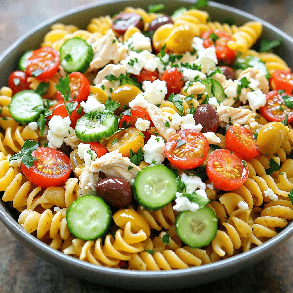 - 2 cups rotini pasta - 1 pound cooked chicken breast, diced - 1 cup cherry tomatoes, halved - 1 cup cucumber, diced - 1/2 cup Kalamata olives, pitted and sliced - 1/2 cup feta cheese, crumbled - 1/4 cup red onion, finely chopped - 1/4 cup fresh parsley, chopped - 1/4 cup olive oil - 3 tablespoons lemon juice - 1 teaspoon dried oregano - Salt and pepper, to taste For this Mediterranean Chicken Pasta Salad, we use fresh and colorful ingredients. Each item adds its unique taste and texture. The rotini pasta serves as a perfect base. It holds the dressing and pairs well with other flavors. The chicken adds protein and makes the dish filling. I love using cooked chicken breast, as it's lean and tender. Cherry tomatoes bring a burst of sweetness. They contrast nicely with the crunchy cucumber. Kalamata olives give a salty kick, while feta adds creaminess. Red onion provides a sharp bite, and parsley adds freshness. The olive oil and lemon juice dressing ties it all together. Dried oregano adds an earthy note. Don’t forget to adjust salt and pepper to your taste. A serving of this salad contains around 350 calories. It has about 15g of fat, 25g of protein, and 40g of carbohydrates. This makes it a balanced meal option. If you need to make changes, here are some ideas: - Use gluten-free rotini for a gluten-free option. - Swap cooked chicken for chickpeas or tofu for a vegetarian salad. - Try goat cheese instead of feta for a different flavor. These substitutions keep the dish tasty while meeting your dietary needs. For more details, check out the Full Recipe. To cook the rotini pasta, start by boiling a large pot of salted water. Once the water bubbles, add the rotini pasta. Cook it for about 8-10 minutes. You want it to be al dente, which means it should still have a little bite to it. Once cooked, drain the pasta in a colander. Rinse the pasta with cold water to stop the cooking. Set it aside to cool before mixing. Next, prepare the salad ingredients. Dice the cooked chicken into small, bite-sized pieces. Halve the cherry tomatoes and dice the cucumber into small cubes. Slice the Kalamata olives and crumble the feta cheese. Finely chop the red onion and the fresh parsley. Place all these ingredients into a large mixing bowl. Gently fold them together to mix well. Now, let’s make the dressing. In a small bowl, whisk together the olive oil and lemon juice. Add the dried oregano, salt, and freshly cracked pepper. Mix until it’s smooth and combined. This dressing will add a bright flavor to your salad. It’s time to combine everything. Add the cooled rotini pasta to the bowl with chicken and vegetables. Drizzle the dressing over the top. Gently toss the pasta, chicken, and veggies until everything is coated nicely. Before serving, taste the salad. Adjust the seasoning if needed. For the best flavor, chill the salad in the fridge for at least 30 minutes. This lets all the flavors blend. For the full recipe, refer to the earlier section. To make your Mediterranean Chicken Pasta Salad shine, start with seasoning. The salt and pepper help bring out the flavors. If you want more zing, add a pinch of garlic powder or crushed red pepper. You can also play with the lemon juice. More juice can brighten the dish, while less can tone it down. Taste as you go to get it just right. Chilling the salad is key. Once mixed, let it sit in the fridge for at least 30 minutes. This time allows the flavors to meld and become more vibrant. The cold also makes it refreshing, perfect for warm days. If you can, chill it longer for even better taste. Your patience will pay off! For serving, a big bowl works best. It shows off the colorful ingredients. Garnish with extra parsley and some feta cheese on top. You can drizzle a little olive oil to add shine. This makes the salad look fresh and inviting. Everyone will want to dig in! {{image_4}} You can create a fun twist on Mediterranean chicken pasta salad by adding roasted vegetables. Try bell peppers, zucchini, or eggplant. Roasting them brings out their sweet flavors. Toss them in the salad for a warm touch. You can also mix in fresh herbs like basil or mint. These herbs elevate the dish and add freshness. Experimenting with different herbs opens up new flavor profiles. For a low-carb option, swap pasta with zucchini noodles or cauliflower rice. These substitutes keep the dish light but still tasty. If you want a vegetarian version, replace chicken with chickpeas or grilled tofu. This makes the dish hearty while keeping it plant-based. Seasonal ingredients make your salad brighter and more flavorful. In summer, use ripe tomatoes and fresh corn. In fall, consider roasted butternut squash or Brussels sprouts. These ingredients add unique tastes and textures. Using seasonal proteins like grilled shrimp or salmon can also boost nutrition. This approach allows you to enjoy the best flavors each season offers. To keep your Mediterranean Chicken Pasta Salad fresh, store it in an airtight container. This helps lock in the flavors and keeps it cool. Place the salad in the fridge as soon as you finish eating. If you leave it out, it can spoil quickly. Remember to keep the salad away from strong-smelling foods in the fridge. This way, it will not absorb any unwanted odors. This salad stays tasty for about three to four days when stored properly. After that, the fresh veggies may start to lose their crunch. Always check for signs of spoilage, like a bad smell or slimy texture. If you see these signs, it’s best to toss it out. Eating old salad can make you sick, so be cautious. While I don’t recommend freezing this salad, you can try it if you need to. To freeze, put the salad in a freezer-safe container. Leave some space at the top, as it may expand. When you want to eat it, thaw it in the fridge overnight. After thawing, the salad might not have the same texture, but it will still taste good. Always mix it well after thawing for the best flavor. Yes, you can make this salad ahead. To prep in advance, cook the pasta and let it cool. Combine the chicken and veggies in a large bowl. Store the dressing in a separate container. When ready to serve, mix everything together. This way, the salad stays fresh and tasty! You can use other proteins. Try grilled shrimp or chickpeas for a vegetarian option. Tofu is also a great choice and absorbs flavors well. These alternatives bring new tastes while keeping the dish healthy. This salad lasts about three to five days in the fridge. Keep it in an airtight container for the best freshness. Look for signs of spoilage, like bad smells or slimy textures. If it looks or smells off, it’s best to toss it. This Mediterranean Chicken Pasta Salad is both simple and tasty. It combines rotini pasta, chicken, fresh veggies, and a zesty dressing. You learned tips for making the salad flavorful and how to store leftovers for later. Whether you want to customize the recipe or try new ingredients, the options are endless. This dish is perfect for warm days or gatherings. Enjoy this light and healthy meal that brings fresh flavors to your table!