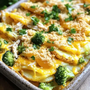 - 2 cups cooked chicken, shredded - 2 large potatoes, thinly sliced - 2 cups broccoli florets The main ingredients in this casserole are simple yet delicious. I love using cooked chicken because it saves time. You can use leftovers or rotisserie chicken. Potatoes add heartiness, while broccoli gives it color and crunch. - 1 cup shredded cheddar cheese - 1 cup milk - 1 cup chicken broth For a creamy texture, I always add milk and chicken broth. The cheese melts into the dish, making it extra tasty. Cheddar cheese is my go-to because it has a rich flavor. - 1 small onion, finely diced - 2 cloves garlic, minced - 2 tablespoons olive oil - 1 teaspoon dried thyme - 1 teaspoon paprika - Salt and pepper, to taste - 1/2 cup breadcrumbs (optional, for a crispy topping) Onion and garlic give this dish an amazing aroma. I sauté them in olive oil for a few minutes. Thyme and paprika add depth to the flavor. If you like a crispy top, sprinkle breadcrumbs before baking. You can find the full recipe for this casserole in the article above. - Preheat oven to 375°F. - Sauté onion and garlic. Heat olive oil in a skillet over medium heat. Add diced onion and minced garlic. Cook for 3-4 minutes. Stir until the onion turns soft and fragrant. - Mix chicken, potatoes, and broccoli. In a large bowl, add shredded chicken, thinly sliced potatoes, and broccoli florets. Gently fold in the sautéed onion and garlic. - Whisk together liquid ingredients. In another bowl, mix milk, chicken broth, dried thyme, paprika, salt, and pepper. Pour this over the chicken and veggie mix, stirring until everything is coated. - Transfer to baking dish and add cheese. Pour the casserole mix into a greased 9x13 inch baking dish. Evenly sprinkle shredded cheddar cheese on top. - Cover and bake initially. Tightly cover the dish with aluminum foil. Bake for 25 minutes to let the flavors blend. - Finish baking uncovered. Remove the foil and bake for another 15 minutes. The cheese should bubble and turn golden. For more details, check the Full Recipe. To make sure your chicken potato broccoli casserole turns out great, follow these tips. - Best practices for shredding chicken: Use cooked chicken that is warm. This makes shredding easier. Grab two forks and pull the chicken apart. Aim for bite-sized pieces to blend well in the casserole. - How to achieve a creamy texture: Mix milk and chicken broth well. This will help create a smooth sauce. Adding cheese to the top also gives that creamy feel. If you want it creamier, add more cheese or a splash of cream. Serving is just as important as cooking. Here are some ideas to make your casserole look amazing. - Presentation tips for serving: Serve the casserole warm right from the oven. Use a large spoon to scoop it out. Try to keep the layers intact for a nice look. - Garnishes to enhance flavor: Fresh herbs like parsley or chives add color and taste. You can also add a squeeze of lemon juice for brightness. Having the right tools makes cooking easier and more fun. - Recommended bakeware: A 9x13-inch baking dish is perfect for this recipe. Make sure it’s deep enough to hold all the layers. - Useful kitchen gadgets: Use a good knife for slicing potatoes. A mixing bowl and whisk help combine the liquids well. A good spatula can help you mix everything without breaking the veggies. For the full details on making this dish, check out the Full Recipe. {{image_4}} You can switch out the chicken for turkey. This works well and adds a nice twist. If you want to try different veggies, green beans are a great choice. They add a nice crunch and flavor. For a gluten-free version, use gluten-free breadcrumbs. They keep the crunch without the gluten. If you want it dairy-free, almond milk works well instead of regular milk. You can also use dairy-free cheese for the topping. Adding herbs and spices can boost the flavor. Try fresh parsley or basil. They add a bright taste. You can also add a tangy element, like lemon juice. This gives the dish a refreshing kick. For the full recipe, check out the Cheesy Chicken Potato Broccoli Bake. To store your leftover casserole, use airtight containers. Glass or plastic containers work well. Make sure to let the casserole cool before sealing. This helps keep moisture inside. Store it in the fridge for up to three days. You can reheat the casserole in the oven or the microwave. For the oven, preheat it to 350°F (175°C). Cover the dish with foil to keep it moist. Heat for about 20 minutes. In the microwave, place a portion in a bowl. Heat for 2-3 minutes, checking to ensure it warms evenly. If you want to keep the texture nice, the oven is best. You can freeze the casserole before or after baking. If freezing before baking, wrap the dish tightly with plastic wrap and foil. This will help prevent freezer burn. When ready to bake, thaw it overnight in the fridge before cooking. If you freeze it after baking, let it cool completely first. Then, wrap it well and store it for up to three months. To reheat, thaw it in the fridge overnight and then bake as usual. Enjoy your Chicken Potato Broccoli Casserole later with no fuss! For the full recipe, check out the complete instructions. Chicken Potato Broccoli Casserole can last in the fridge for about 3 to 4 days. Store it in an airtight container to keep it fresh. The flavors blend even more over time, making it a great leftover meal. Yes, you can make this casserole ahead of time. Prepare it fully, then cover it and place it in the fridge. Bake it the next day, adding a few extra minutes to the cooking time. This saves you time during busy days. You can use turkey or cooked mushrooms as a substitute for chicken. Both options add unique flavors and textures. If you prefer vegetarian options, try chickpeas or lentils for extra protein. Definitely! This casserole works well for meal prep. You can portion it into containers. Reheat each serving as needed. It’s a great way to have a tasty, balanced meal ready quickly. Yes, you can add other vegetables to this casserole. Consider spinach, carrots, or bell peppers. Just make sure to chop them evenly. This adds color and nutrition, making your meal even more exciting. For the full recipe, check out the Cheesy Chicken Potato Broccoli Bake instructions. This chicken, potato, and broccoli casserole recipe blends simple ingredients for a delicious meal. You preheat your oven and sauté onions and garlic to kick things off. Mixing the chicken, veggies, and creamy goodness creates a hearty dish. Don't forget to add your favorite herbs or toppings to enhance flavors. In conclusion, this recipe is flexible and easy to modify for dietary needs. It stores well, making it perfect for leftovers. Get creative with ingredients and enjoy a cozy, satisfying casserole any time!
