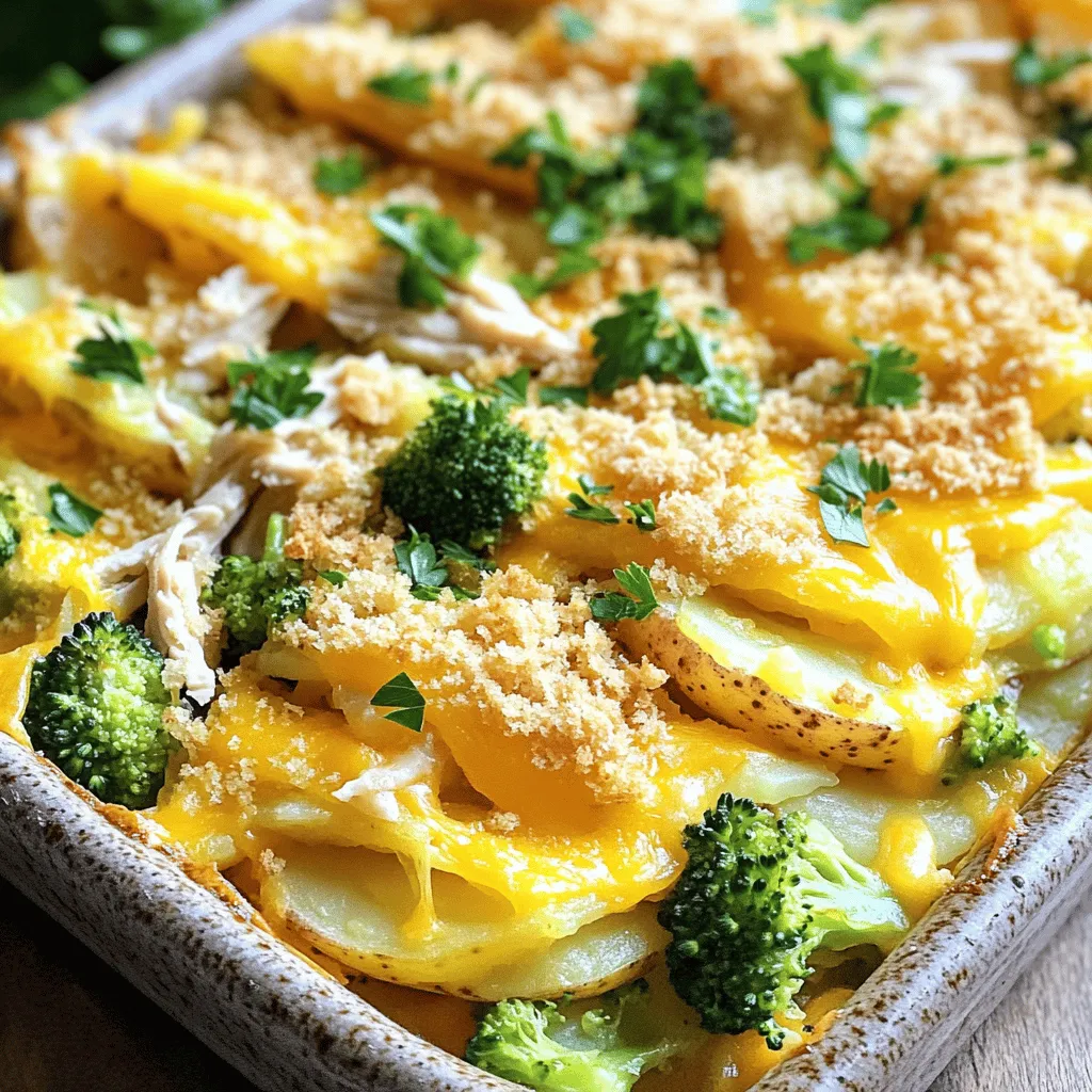 - 2 cups cooked chicken, shredded - 2 large potatoes, thinly sliced - 2 cups broccoli florets The main ingredients in this casserole are simple yet delicious. I love using cooked chicken because it saves time. You can use leftovers or rotisserie chicken. Potatoes add heartiness, while broccoli gives it color and crunch. - 1 cup shredded cheddar cheese - 1 cup milk - 1 cup chicken broth For a creamy texture, I always add milk and chicken broth. The cheese melts into the dish, making it extra tasty. Cheddar cheese is my go-to because it has a rich flavor. - 1 small onion, finely diced - 2 cloves garlic, minced - 2 tablespoons olive oil - 1 teaspoon dried thyme - 1 teaspoon paprika - Salt and pepper, to taste - 1/2 cup breadcrumbs (optional, for a crispy topping) Onion and garlic give this dish an amazing aroma. I sauté them in olive oil for a few minutes. Thyme and paprika add depth to the flavor. If you like a crispy top, sprinkle breadcrumbs before baking. You can find the full recipe for this casserole in the article above. - Preheat oven to 375°F. - Sauté onion and garlic. Heat olive oil in a skillet over medium heat. Add diced onion and minced garlic. Cook for 3-4 minutes. Stir until the onion turns soft and fragrant. - Mix chicken, potatoes, and broccoli. In a large bowl, add shredded chicken, thinly sliced potatoes, and broccoli florets. Gently fold in the sautéed onion and garlic. - Whisk together liquid ingredients. In another bowl, mix milk, chicken broth, dried thyme, paprika, salt, and pepper. Pour this over the chicken and veggie mix, stirring until everything is coated. - Transfer to baking dish and add cheese. Pour the casserole mix into a greased 9x13 inch baking dish. Evenly sprinkle shredded cheddar cheese on top. - Cover and bake initially. Tightly cover the dish with aluminum foil. Bake for 25 minutes to let the flavors blend. - Finish baking uncovered. Remove the foil and bake for another 15 minutes. The cheese should bubble and turn golden. For more details, check the Full Recipe. To make sure your chicken potato broccoli casserole turns out great, follow these tips. - Best practices for shredding chicken: Use cooked chicken that is warm. This makes shredding easier. Grab two forks and pull the chicken apart. Aim for bite-sized pieces to blend well in the casserole. - How to achieve a creamy texture: Mix milk and chicken broth well. This will help create a smooth sauce. Adding cheese to the top also gives that creamy feel. If you want it creamier, add more cheese or a splash of cream. Serving is just as important as cooking. Here are some ideas to make your casserole look amazing. - Presentation tips for serving: Serve the casserole warm right from the oven. Use a large spoon to scoop it out. Try to keep the layers intact for a nice look. - Garnishes to enhance flavor: Fresh herbs like parsley or chives add color and taste. You can also add a squeeze of lemon juice for brightness. Having the right tools makes cooking easier and more fun. - Recommended bakeware: A 9x13-inch baking dish is perfect for this recipe. Make sure it’s deep enough to hold all the layers. - Useful kitchen gadgets: Use a good knife for slicing potatoes. A mixing bowl and whisk help combine the liquids well. A good spatula can help you mix everything without breaking the veggies. For the full details on making this dish, check out the Full Recipe. {{image_4}} You can switch out the chicken for turkey. This works well and adds a nice twist. If you want to try different veggies, green beans are a great choice. They add a nice crunch and flavor. For a gluten-free version, use gluten-free breadcrumbs. They keep the crunch without the gluten. If you want it dairy-free, almond milk works well instead of regular milk. You can also use dairy-free cheese for the topping. Adding herbs and spices can boost the flavor. Try fresh parsley or basil. They add a bright taste. You can also add a tangy element, like lemon juice. This gives the dish a refreshing kick. For the full recipe, check out the Cheesy Chicken Potato Broccoli Bake. To store your leftover casserole, use airtight containers. Glass or plastic containers work well. Make sure to let the casserole cool before sealing. This helps keep moisture inside. Store it in the fridge for up to three days. You can reheat the casserole in the oven or the microwave. For the oven, preheat it to 350°F (175°C). Cover the dish with foil to keep it moist. Heat for about 20 minutes. In the microwave, place a portion in a bowl. Heat for 2-3 minutes, checking to ensure it warms evenly. If you want to keep the texture nice, the oven is best. You can freeze the casserole before or after baking. If freezing before baking, wrap the dish tightly with plastic wrap and foil. This will help prevent freezer burn. When ready to bake, thaw it overnight in the fridge before cooking. If you freeze it after baking, let it cool completely first. Then, wrap it well and store it for up to three months. To reheat, thaw it in the fridge overnight and then bake as usual. Enjoy your Chicken Potato Broccoli Casserole later with no fuss! For the full recipe, check out the complete instructions. Chicken Potato Broccoli Casserole can last in the fridge for about 3 to 4 days. Store it in an airtight container to keep it fresh. The flavors blend even more over time, making it a great leftover meal. Yes, you can make this casserole ahead of time. Prepare it fully, then cover it and place it in the fridge. Bake it the next day, adding a few extra minutes to the cooking time. This saves you time during busy days. You can use turkey or cooked mushrooms as a substitute for chicken. Both options add unique flavors and textures. If you prefer vegetarian options, try chickpeas or lentils for extra protein. Definitely! This casserole works well for meal prep. You can portion it into containers. Reheat each serving as needed. It’s a great way to have a tasty, balanced meal ready quickly. Yes, you can add other vegetables to this casserole. Consider spinach, carrots, or bell peppers. Just make sure to chop them evenly. This adds color and nutrition, making your meal even more exciting. For the full recipe, check out the Cheesy Chicken Potato Broccoli Bake instructions. This chicken, potato, and broccoli casserole recipe blends simple ingredients for a delicious meal. You preheat your oven and sauté onions and garlic to kick things off. Mixing the chicken, veggies, and creamy goodness creates a hearty dish. Don't forget to add your favorite herbs or toppings to enhance flavors. In conclusion, this recipe is flexible and easy to modify for dietary needs. It stores well, making it perfect for leftovers. Get creative with ingredients and enjoy a cozy, satisfying casserole any time!