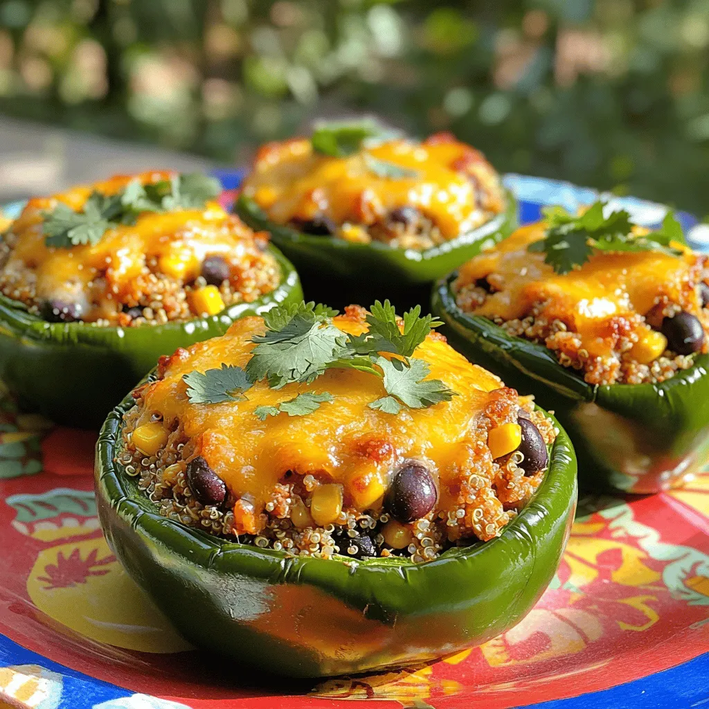 To make chicken stuffed poblano peppers, you will need these key ingredients: - 4 large poblano peppers - 1 pound ground chicken - 1 cup cooked quinoa - 1 cup black beans, drained and rinsed - 1 cup corn kernels (fresh or frozen) - 1 cup diced tomatoes (canned or fresh) - 1 teaspoon ground cumin - 1 teaspoon smoked paprika - 1 teaspoon garlic powder - ½ teaspoon onion powder - 1 cup shredded cheese (cheddar or a mix of your choice) - Salt and pepper to taste - Olive oil for drizzling - Fresh cilantro for garnish You may change some ingredients to fit your taste. For example, swap ground chicken with turkey or beef. You can use brown rice instead of quinoa for a different texture. If you prefer a vegetarian option, try using lentils or mushrooms. Adjust spices based on your heat preference. More cumin or paprika can add depth. If you want a creamier filling, add cream cheese or sour cream. For ground chicken, I recommend brands like Perdue or Bell & Evans for quality. When selecting quinoa, look for brands like Ancient Harvest, as they offer great flavor and texture. For canned goods, choose organic brands to avoid additives. The best cheese for melting is a good-quality cheddar, like Tillamook or Cabot. Always pick fresh cilantro that looks bright and fragrant for the best garnish. Using high-quality ingredients makes a difference in flavor. You can find the full recipe [here](insert-link). Start by preheating your oven to 375°F (190°C). This helps your stuffed peppers cook evenly. Next, take the poblano peppers and cut off their tops. Be careful while doing this. You want to create a little bowl for the filling. Remove the seeds and membranes inside. This keeps the peppers from being too spicy. Once done, set them aside for later. In a large skillet, pour a drizzle of olive oil and heat it over medium heat. Once hot, add the ground chicken. Cook it for about 7-10 minutes. Use a spatula to break it into smaller pieces as it cooks. When the chicken is browned and no longer pink, stir in the cooked quinoa, black beans, corn, and diced tomatoes. Add the cumin, smoked paprika, garlic powder, onion powder, and season with salt and pepper. Mix everything well. Let it cook for an extra 5 minutes. This helps the flavors blend nicely. Now it’s time to stuff the peppers! Fill each poblano with the chicken mixture. Pack it down gently so it holds together. Place the stuffed peppers upright in a baking dish. Sprinkle shredded cheese on top of each pepper. This will melt into a tasty crust. Drizzle a little olive oil over them for extra flavor. Cover the dish with aluminum foil. This keeps the peppers moist while they bake. Bake the peppers in your preheated oven for 25 minutes. After that, carefully take off the foil and let them bake for another 10-15 minutes. You want the cheese to bubble and turn golden brown. When they’re ready, let the peppers cool for about 5 minutes before serving. Check out the Full Recipe to ensure you don’t miss any steps. To cook the chicken perfectly, use a skillet over medium heat. Brown the ground chicken for 7-10 minutes. Make sure to break it into small pieces. This helps it cook evenly. Use a meat thermometer to check for doneness. The internal temperature should be 165°F (74°C). This step ensures juicy, tender chicken in your stuffed peppers. To keep the peppers firm, do not overstuff them. Fill them just enough to hold the mixture. Also, don’t bake them for too long. Start with 25 minutes covered and then remove the foil. Baking them uncovered for another 10-15 minutes will crisp the outside. This gives you a nice texture while keeping the insides juicy. Choosing the right cheese can elevate your dish. I recommend using sharp cheddar for a rich flavor. Monterey Jack also melts well and adds creaminess. For a bit of tang, try queso fresco. You can mix cheeses for more depth. Just sprinkle it generously on top before baking. This will create a delicious, golden crust that everyone will love. For the complete cooking experience, check out the Full Recipe. {{image_4}} You can easily make chicken stuffed poblano peppers vegetarian. Instead of chicken, use lentils or chickpeas. Both are great sources of protein. Cooked quinoa works well as a base, adding texture. Mix in diced bell peppers, mushrooms, and zucchini for added flavor. Season with the same spices for a tasty blend. You will enjoy a hearty, filling meal that is 100% plant-based. If you love spice, add jalapeños or serrano peppers to the mix. Chop them finely and stir them in with the chicken and quinoa. You can also use spicy cheese like pepper jack for an extra kick. For a smoky flavor, add chipotle powder or smoked paprika. This variation will surely satisfy those who crave heat in their meals. Feel free to get creative with vegetables! Spinach or kale can add color and nutrients. Dice and sauté them with the chicken mixture for added depth. You can also incorporate corn, carrots, or even sweet potatoes. These veggies not only enhance flavor but also increase the fiber content. Mix and match according to your preferences to create a colorful, nutritious dish. For the full recipe, check out the complete guide to making these delightful stuffed peppers. To store your chicken stuffed poblano peppers, let them cool first. Once cooled, place them in an airtight container. Keep the container in the fridge. They stay fresh for about 3 to 4 days. If you want to enjoy them later, avoid adding the cheese until you reheat. To reheat the stuffed peppers, preheat your oven to 350°F (175°C). Place the peppers in a baking dish. Cover with foil to keep them moist. Heat for about 15 to 20 minutes, or until they are hot throughout. You can also microwave them for quicker results. Heat on medium for 2 to 3 minutes, checking often to avoid overcooking. If you want to freeze the peppers, do it before baking. Stuff the poblano peppers as normal. Wrap each pepper tightly in plastic wrap, then place them in a freezer-safe bag. They can last up to 3 months in the freezer. When you're ready to eat, thaw them overnight in the fridge. Bake as directed in the Full Recipe. Chicken stuffed poblano peppers last about 3 to 4 days in the fridge. Store them in an airtight container to keep them fresh. If you notice any odd smells or changes in color, it's best to throw them away. Yes, you can make chicken stuffed poblano peppers ahead of time. Stuff the peppers and store them in the fridge for up to a day. Just remember to cover them tightly. When you’re ready to bake, add a few extra minutes to the cooking time. This way, they heat through nicely. You can serve chicken stuffed poblano peppers with many sides. Here are some ideas: - A fresh green salad with avocado - Cilantro lime rice for extra flavor - Refried beans for a hearty touch - A side of corn tortilla chips with salsa These options add color and nutrition to your meal. This post covered how to make chicken stuffed poblano peppers. We explored key ingredients and offered cooking steps. You learned tips to get the best texture and flavor. I shared variations to suit your taste and storage tips for leftovers. In closing, these stuffed peppers are simple and fun to make. They are a great dish for any meal. Enjoy experimenting with flavors and sharing with friends!