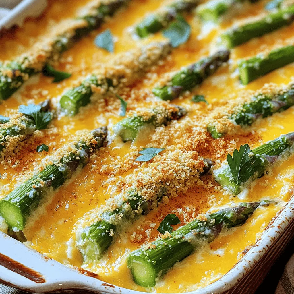 When making a cheesy asparagus casserole, you need a mix of fresh and tasty ingredients. Here’s what you will need: - 1 pound fresh asparagus, trimmed and cut into 2-inch pieces - 1 cup cooked quinoa (or substitute with rice for a non-quinoa option) - 1 small onion, finely chopped - 2 cloves garlic, minced - 1 cup sharp cheddar cheese, grated - 1 cup mozzarella cheese, grated - 1 cup heavy cream (or half-and-half for a lighter alternative) - 1/2 cup breadcrumbs - 2 tablespoons olive oil - Salt and pepper to taste - 1 teaspoon paprika - 1/2 teaspoon dried thyme These ingredients come together to create a dish that is rich and creamy. Fresh asparagus is key to a vibrant flavor. Quinoa or rice adds a hearty base. Onions and garlic bring depth to the dish. The cheeses melt beautifully, creating that gooey texture we all love. Heavy cream makes it rich, while breadcrumbs add a nice crunch. Using quality ingredients makes a big difference. Fresh asparagus gives the best taste. If you want a lighter touch, use half-and-half instead of heavy cream. This recipe uses a blend of cheeses for flavor and texture. Don't forget to check out the Full Recipe for more details on preparation! Start by preheating your oven to 375°F (190°C). This step makes sure your casserole cooks evenly. Next, grease a 9x13-inch baking dish. Use cooking spray or a bit of butter. This helps the casserole come out easily after baking. In a large skillet, pour in 2 tablespoons of olive oil. Heat it over medium heat. Add 1 small chopped onion and cook for 3-4 minutes. Your onion should become soft and clear. Then, add 2 minced garlic cloves. Cook for 1 more minute until it smells great. Now it’s time to prepare your asparagus. Add 1 pound of trimmed asparagus that you cut into 2-inch pieces. Season with salt, pepper, and 1/2 teaspoon of dried thyme. Sauté the asparagus for about 5 minutes. It should be bright green and a little soft, but still crunchy. Remove your skillet from the heat and let it cool. Grab a big mixing bowl. Combine 1 cup of cooked quinoa (or rice if you prefer) with the sautéed onion and asparagus. Add half of the grated sharp cheddar cheese and half of the mozzarella cheese, which is 1 cup each. Pour in 1 cup of heavy cream, or use half-and-half if you want it lighter. Now, stir until everything is mixed well and coated. Pour this mixture into your greased baking dish. Spread it out evenly so it cooks well. For the topping, sprinkle the rest of the cheddar and mozzarella cheeses on top. Then, add 1/2 cup of breadcrumbs evenly across the cheese. Finish with a light sprinkle of paprika for flavor and color. Your casserole is ready to bake! To pick the best asparagus, look for bright green stalks. The tips should be tightly closed and firm. Avoid any that appear wilted or have dark spots. Store fresh asparagus upright in a jar with water, like flowers. Cover the tops with a plastic bag to keep them fresh longer. For this casserole, sharp cheddar melts beautifully and adds rich flavor. Mozzarella also works well for its stretchy texture. If you want to mix things up, try gouda or gruyère for a twist. You can use a mix of cheeses for a more complex taste. To ensure your asparagus has the perfect texture, sauté it for just a few minutes. You want it tender but still crisp. Overcooking can make it mushy, which isn’t ideal for this dish. Keep an eye on it to maintain that lovely crunch. For the full recipe, be sure to follow the steps closely. Happy cooking! {{image_4}} You can switch grains in this casserole. If you want a different taste, use rice instead of quinoa. Rice cooks easily and gives a nice texture. You can also try farro or barley for a chewier bite. Both options add a new flavor to the dish while still being hearty. For a dairy-free option, you can swap heavy cream with coconut milk or almond milk. These plant-based milks keep the creamy texture. Instead of regular cheese, look for plant-based cheese options. Brands like Daiya or Violife offer great flavors that melt well. These swaps let you enjoy the casserole without dairy. To kick up the flavor, add herbs and spices. Fresh basil or oregano can bring a bright taste. You can also mix in a bit of red pepper flakes for heat. Feel free to add other veggies too! Bell peppers or mushrooms work well and add nutrition. Get creative and make this dish your own! After you enjoy the cheesy asparagus casserole, store any leftovers in a safe way. Place the casserole in an airtight container. This keeps it fresh and tasty. You can refrigerate it for up to four days. If you want to save it longer, freeze it. To freeze, let the casserole cool first. Then, wrap it tightly in plastic wrap and foil. This helps prevent freezer burn. It can last for up to three months in the freezer. When it's time to eat leftovers, reheating is key. To keep it moist, use the oven. Preheat the oven to 350°F (175°C). Place the casserole in a baking dish. Cover it with foil to lock in moisture. Heat for about 20-25 minutes. If you prefer a microwave, use it too. Place a portion in a microwave-safe dish. Cover it with a damp paper towel to keep it from drying out. Heat for 1-2 minutes, checking every 30 seconds. Enjoy your tasty dish again! Cheesy Asparagus Casserole lasts about 3 to 5 days in the fridge. Make sure to store it in an airtight container. If it appears moldy or has an off smell, it's time to toss it out. Yes, you can prepare this casserole a day in advance. Just follow the recipe steps but stop before baking. Cover it tightly and place it in the fridge. When you’re ready, bake it straight from the fridge, adding a few extra minutes to the cooking time. Definitely! You can swap quinoa for rice or even use farro. If you want a kick, add some diced jalapeños. You could also change the cheese types. Try using gouda or feta for a different flavor. Personalizing it makes it even more fun! For the [Full Recipe], refer to the previous sections. This blog post covered how to make a Cheesy Asparagus Casserole from start to finish. You learned about the ingredients, like fresh asparagus and cheese, and how to prepare them. I shared tips on selecting the best asparagus and cheese for your dish. We explored variations, including alternative grains and dairy-free options. Lastly, I provided storage tips to help keep leftovers fresh. Cooking can be fun. Enjoy experimenting with flavors and ingredients to make the dish your own!