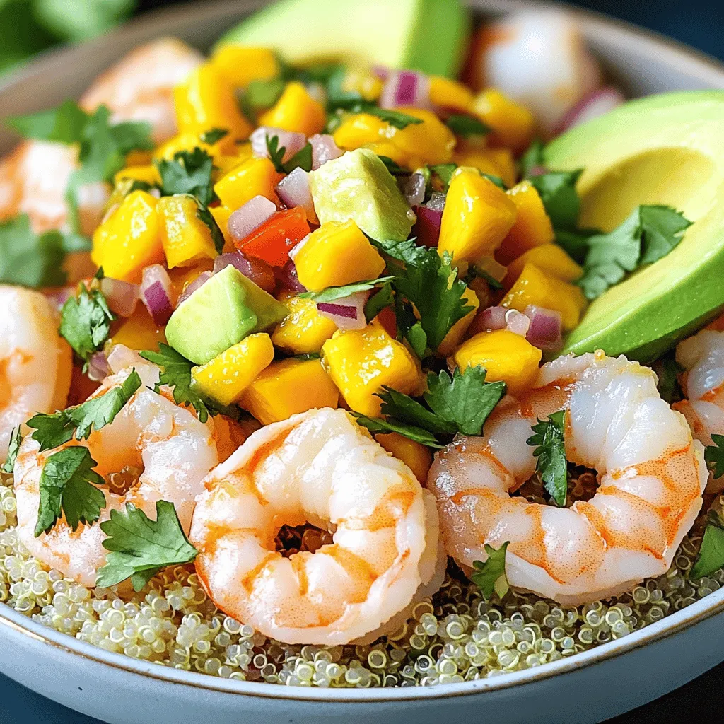 - 1 pound shrimp, peeled and deveined - 2 ripe avocados, diced - 1 cup cooked quinoa For this dish, shrimp serves as the star. Choose fresh, high-quality shrimp. Look for a firm texture and a fresh smell. Next, ripe avocados add creaminess. They balance the dish's flavors. The quinoa provides a healthy base. It is filling and nutritious. - 1 ripe mango, diced - 1/2 red onion, finely chopped - 1 red bell pepper, diced Fresh produce makes this bowl vibrant. A ripe mango brings sweetness and color. It pairs perfectly with the shrimp. Red onions add a mild bite. Diced red bell pepper gives crunch and freshness. Use bright veggies for the best taste. - 1 lime, juiced - 2 tablespoons extra virgin olive oil - 1 tablespoon honey - 1 teaspoon ground cumin - Sea salt and freshly cracked black pepper to taste - Fresh cilantro leaves for garnish Seasonings elevate this dish. Lime juice adds acidity and brightness. Olive oil adds richness. Honey brings a touch of sweetness. Ground cumin gives warmth and depth. Use sea salt and pepper to taste. Finally, fresh cilantro adds flavor and color. This mix of flavors creates a joyful experience. For the complete recipe, refer to the [Full Recipe]. To start, take your shrimp and place them in a medium bowl. Add 2 tablespoons of olive oil, 1 teaspoon of ground cumin, and a pinch of sea salt and black pepper. Toss the shrimp gently to coat them well. This step is key. It lets the flavors soak in. Let the shrimp marinate for about 15 minutes. This short wait makes all the difference. Next, grab another bowl. Add your diced mango, finely chopped red onion, and diced red bell pepper. Squeeze the juice of 1 lime over the mix. This gives it a nice zing. Then, add 1 tablespoon of honey for some sweetness. Mix everything gently until it combines well. Let it sit for a few minutes. This helps the flavors meld together nicely. Now, heat a non-stick skillet over medium heat. Once hot, add the marinated shrimp. Cook them for about 2-3 minutes on each side. You’ll know they are done when they change to a bright pink color. Once cooked, remove them from the heat and set aside. This quick cooking keeps the shrimp tender. It's time to build your bowls! Start with cooked quinoa as the base. Divide it evenly among four serving bowls. Next, add a good amount of diced avocado to each bowl. Then, top it off with the cooked shrimp. Finally, spoon a generous amount of mango salsa on top. This adds a fresh and colorful touch. For the finishing touch, sprinkle some fresh cilantro leaves over each bowl. This adds a pop of color and flavor. Serve the bowls warm. Enjoy your tropical shrimp and avocado bowls with mango salsa! This dish is refreshing and perfect for any meal. You can find the full recipe in the previous section. When picking shrimp, look for fresh or frozen shrimp. Fresh shrimp should smell like the ocean, not fishy. The color of the shrimp should be bright and clear. If you choose frozen shrimp, buy them without added chemicals. Large shrimp work best for this dish. They have a nice texture and hold their shape well. To find a ripe avocado, gently squeeze the fruit. It should feel slightly soft, but not mushy. The skin should be dark green to black, depending on the type. Avoid any avocados with large dark spots or cracks. If your avocados are not ripe, place them in a paper bag for a day or two. They will ripen faster this way. Store leftover mango salsa in an airtight container. Keep it in the fridge, where it will last for about three days. To keep the salsa fresh, press plastic wrap against the surface before sealing the lid. This helps limit air exposure. If the salsa turns brown, it’s still safe to eat; just stir it well before serving. For best taste, enjoy it fresh! For the full recipe, check out the Tropical Shrimp & Avocado Bowls with Mango Salsa. {{image_4}} If you want to change the protein, shrimp is not your only choice. You can use scallops, fish, or even crab. These options bring new flavors. Scallops cook quickly and taste sweet. Fish like salmon or tilapia add a nice texture. Crab gives a rich taste, perfect for this bowl. Just remember to adjust cooking times based on the protein you pick. For a vegetarian twist, replace shrimp with grilled tofu or chickpeas. Tofu absorbs flavors well and grills nicely. Chickpeas add a hearty touch and protein. You can marinate these just like the shrimp. Use the same spices and oil for a great taste. This keeps the dish fresh and fun while being meat-free. Quinoa is a great base, but you can mix it up. Brown rice adds a nutty flavor and pairs well with the avocado. Cauliflower rice is a low-carb option and keeps it light. You can also try farro for a chewy texture. Each grain gives a unique taste and feel to the bowl. Explore these options to create your perfect dish. For more exciting ideas, don't miss the Full Recipe for Tropical Shrimp & Avocado Bowls with Mango Salsa. To store leftovers, place shrimp and avocado in separate containers. Use airtight containers to keep them fresh. The shrimp lasts for about 2 days in the fridge. However, the avocado can brown quickly. To slow this down, sprinkle lime juice over the avocado before sealing. This helps keep its bright color and flavor. If you want to freeze the bowls, skip the avocado. Avocado does not freeze well and loses texture. Place shrimp, quinoa, and mango salsa in an airtight container. They can last up to 3 months in the freezer. To eat, thaw the bowls in the fridge overnight. Then, reheat in a skillet over low heat until warm. Mango salsa is best fresh, but you can store it. Keep it in a covered bowl in the fridge. It stays fresh for about 2 days. If you have leftovers, avoid mixing in too much lime juice. This can make it too watery over time. For longer storage, freeze the salsa in ice cube trays. Once frozen, transfer the cubes to a freezer bag. They can last for about 3 months. You can change the spice level to fit your taste. Add more black pepper for heat. If you want less spice, use less pepper. You can also add diced jalapeños for a kick. Adjust the honey too; it can balance the heat nicely. Yes, you can prepare mango salsa ahead of time. Keep it in the fridge for up to a day. Just remember, the longer it sits, the softer it gets. This can make it less crunchy, but the flavors will deepen. These bowls pair well with a side salad or corn tortillas. You can also serve them with rice or beans for a fuller meal. A cool drink, like iced tea or lemonade, complements the dish well too. Yes, this recipe is gluten-free. All the ingredients used, like shrimp, avocado, and quinoa, do not contain gluten. This makes it perfect for anyone with gluten sensitivities. The shrimp should marinate for about 15 minutes. This allows the flavors to soak in nicely. Don’t marinate for too long, or the shrimp can become mushy. This blog post covered all you need for shrimp and avocado bowls. We looked at key ingredients, step-by-step instructions, and handy tips. Plus, we explored variations to fit your taste. In the end, you can easily customize these bowls. Enjoy fresh flavors and healthy meals. Try it out, and make it yours!