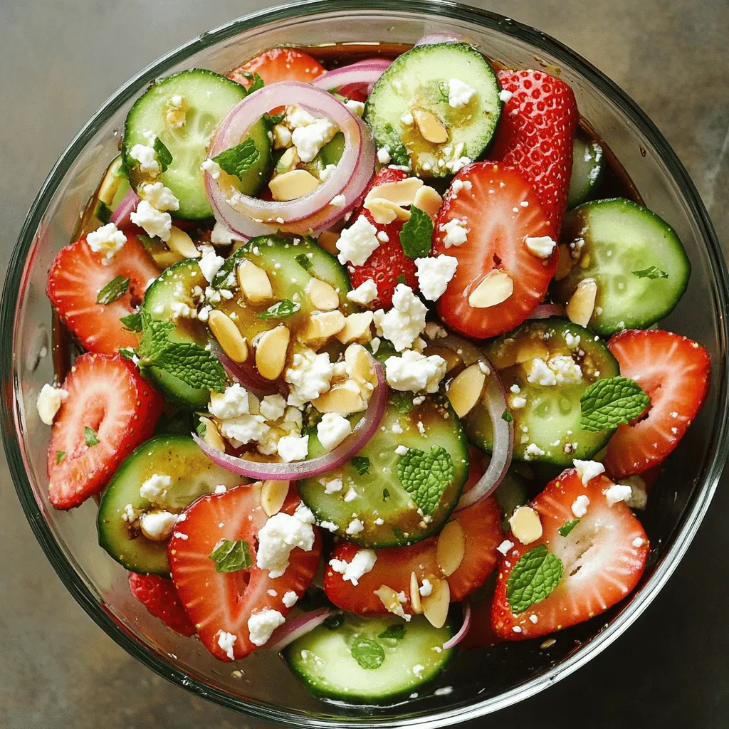 When making the Strawberry and Cucumber Salad, you need fresh and bright ingredients. Here’s what you will need: - Fresh strawberries - Cucumber - Red onion - Fresh mint leaves - Feta cheese - Honey - Balsamic vinegar - Salt and black pepper - Optional: Sliced almonds Each ingredient plays a key role in this dish. Fresh strawberries provide sweetness. The cucumber adds crunch and a refreshing taste. Red onion gives a mild bite, while mint leaves bring a cool flavor. Feta cheese adds creaminess and saltiness. Honey and balsamic vinegar create a sweet and tangy dressing that ties everything together. Salt and black pepper enhance the flavors of the salad. If you want some crunch, include sliced almonds. Using quality ingredients makes a big difference. You want your salad to taste bright and fresh. For the full recipe and detailed steps, check out the [Full Recipe]. First, you need to prepare the fresh ingredients. Start with the strawberries. Remove the green tops, also known as hulling. Then, slice the strawberries into thin pieces. Next, take your cucumber. Wash it well and cut it into thin slices. A sharp knife makes this easier. For the red onion, slice it finely. This gives the salad a nice crunch and flavor. Lastly, chop the fresh mint leaves. This bright herb adds a burst of freshness to your salad. Now, it’s time to combine all the ingredients. In a large salad bowl, add the sliced strawberries, cucumber, and red onion. Mix them gently so they blend well. Then, add the chopped mint leaves. Finally, sprinkle in the crumbled feta cheese. The feta adds a salty taste that balances the sweetness of the strawberries. To make the dressing, take a small bowl. Whisk together the honey and balsamic vinegar. Mix them until well blended. This dressing is sweet and tangy. Once mixed, drizzle the dressing over your salad. This brings all the flavors together beautifully. Gently toss the salad. This step is key. You want to coat all the ingredients without mashing the strawberries. Now, season the salad with salt and freshly ground black pepper. This enhances the flavors, giving it a nice kick. If you like, add sliced almonds for a delightful crunch. These nuts give texture and flavor. For the full recipe, check out the instructions above. - Choosing ripe strawberries: Look for bright red berries. They should feel firm but not hard. The best ones smell sweet and have no dark spots. - Finding the right cucumber: Choose a cucumber that is dark green and smooth. Avoid ones that have soft spots or wrinkles. Fresh cucumbers should feel firm and crisp in your hand. - Adjusting sweetness with honey: You can add more honey if the salad tastes too tart. Start with a little, then taste it. This sweet touch balances the flavors well. - Alternative dressings to try: If you want a change, consider using a citrus vinaigrette. A yogurt-based dressing can also add a creamy twist. - Serving in clear glass bowls: Using clear bowls lets the colors shine through. The red strawberries and green cucumbers create a beautiful display. - Garnishing ideas with mint leaves: Top the salad with whole mint leaves for a fresh look. This simple touch makes it feel special. For the full recipe, check out [Full Recipe]. {{image_4}} You can boost your salad by adding protein. Grilled chicken or shrimp works great. Just slice them thin and mix them in. For a vegan option, try chickpeas or tofu. Both add a nice texture and fill you up. Switching up the dressing can change the whole salad. A citrus vinaigrette brings a zesty flavor. Just mix lemon or lime juice with olive oil and a pinch of salt. Yogurt-based dressings are also a tasty choice. They add creaminess without the heaviness. You can make this salad your own by adding seasonal fruits. In summer, peaches or blueberries taste amazing. In fall, try apples or pears for a crunch. Adjust the salad based on what you find fresh at the market. This keeps it exciting and delicious. For the full recipe, check the detailed instructions above. After making your Strawberry and Cucumber Salad, you may have some leftovers. To keep them fresh, place the salad in an airtight container. This helps prevent any odors from mixing with your salad. Store the container in the fridge. Your salad will stay good for about 1 to 2 days. When storing, avoid adding the dressing right away. This keeps the salad crisp and prevents sogginess. If you’ve already added the dressing, consume the salad within a day for the best taste. If you plan to make this salad in advance, I suggest prepping the ingredients separately. Slice the strawberries and cucumber but keep them in different containers. This helps maintain their freshness. Prepare your dressing using honey and balsamic vinegar, and store it in a small jar. When it's time to eat, simply drizzle the dressing over your salad and mix everything together. By separating the dressing, you ensure your salad tastes fresh and vibrant each time. Enjoy the full flavors every day! For the complete recipe, check out the [Full Recipe]. You can boost the nutrition of your salad in two easy ways: - Adding nuts and seeds: Nuts like almonds or walnuts add healthy fats and protein. Seeds such as chia or sunflower seeds give extra vitamins and crunch. - Incorporating legumes: Chickpeas or black beans can add fiber and protein. They help make the salad more filling and healthy. Using frozen strawberries is possible, but it changes the salad. - Impact on texture and flavor: Frozen strawberries may become mushy when thawed. They might also lack the bright taste of fresh ones. If you use them, try to let them drain well before adding to your salad. Serving this salad can be fun and creative. - Suggestions for side dishes: It pairs well with grilled chicken or fish. You can also serve it with crusty bread or a light soup. These sides balance the flavors and make a great meal. Storing this salad correctly keeps it fresh. - Best storage duration for freshness: You can keep it in the fridge for up to 2 days. After that, the ingredients may become soggy. Store it in an airtight container to keep it crisp and tasty. This blog post guides you through making a delicious strawberry and cucumber salad. We covered the right ingredients, step-by-step prep, and options for variations. With tips on storage and serving, you're set for success. Remember, fresh ingredients enhance taste, so choose wisely. Explore protein options to make it heartier. Enjoy your healthy salad as a bright dish for any meal.