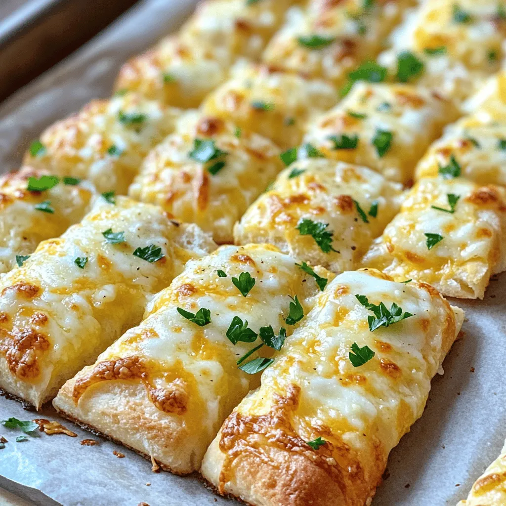 To make cheesy garlic breadsticks, you will need: - 2 cups all-purpose flour - 1 tablespoon sugar - 1 packet (2 1/4 teaspoons) active dry yeast - 3/4 cup warm water (approx. 110°F) - 1 teaspoon salt - 2 tablespoons olive oil - 3 cloves garlic, finely minced - 1 cup shredded mozzarella cheese - 1/2 cup grated Parmesan cheese - 1 teaspoon Italian seasoning These ingredients create a soft, chewy breadstick with a cheesy, garlicky flavor. You can add these for extra flavor: - 1/4 teaspoon crushed red pepper flakes (for a spicy kick) - Fresh parsley, chopped (for garnish) These optional items make the breadsticks unique and vibrant. To make this recipe, gather these tools: - Mixing bowls - Measuring cups and spoons - A whisk - A sharp knife or pizza cutter - A baking sheet - Parchment paper Having these tools will help you create the perfect cheesy garlic breadsticks. For the full recipe, check the details above. Start by mixing warm water and sugar in a small bowl. Sprinkle the yeast over the mixture. Let it sit for about 5 minutes. You will see bubbles form. This means the yeast is active and ready to use. In a large bowl, whisk together the flour and salt. Make a well in the center. Pour in the yeast mixture and olive oil. Mix until it forms a sticky dough. Transfer the dough to a floured surface. Knead it for 5 to 7 minutes until it feels smooth. Place it in a greased bowl and cover it. Let it rise in a warm spot for about 1 hour, or until it doubles in size. Preheat your oven to 425°F (220°C). Once the dough has risen, punch it down gently. Roll it out on a floured surface to about 1/2 inch thick. Move the rolled dough to a lined baking sheet. Brush the top with melted butter or olive oil. Mix minced garlic and Italian seasoning in a bowl. Sprinkle this mix over the dough. Top it with mozzarella and Parmesan cheese. If you like spice, add red pepper flakes. Use a knife to cut the dough into strips about 1 inch wide, but don’t cut all the way through. Bake in the oven for 15 to 18 minutes. The cheese should be melty and golden, and the edges should be lightly browned. Let them cool for a few minutes. Serve warm, garnished with fresh parsley. Enjoy your cheesy garlic breadsticks! To get the right dough texture, start with quality flour. I use all-purpose flour for its balance. When you mix the dough, aim for a sticky but manageable feel. Knead the dough for 5-7 minutes until it feels smooth and elastic. This step helps develop gluten, giving your breadsticks a nice chew. Let the dough rise in a warm spot. It should double in size, which takes about 1 hour. For crispy breadsticks, preheat your oven to 425°F (220°C). This ensures even cooking. Use a baking sheet lined with parchment paper to prevent sticking. Brush the dough with melted butter or olive oil before baking. This adds flavor and helps with browning. Bake for 15-18 minutes, until the cheese is bubbly and golden. Keep an eye on them. Ovens vary, and you don’t want burnt edges. Serve your cheesy garlic breadsticks warm for the best taste. You can arrange them in a basket lined with a cloth napkin for a homey feel. A drizzle of olive oil or balsamic glaze adds a gourmet touch. Pair them with marinara or garlic butter for dipping. These small steps make your meal more fun and tasty. Enjoy sharing them with friends and family! {{image_4}} You can switch up the cheese for fun flavors. Try using gouda or cheddar for a twist. Each cheese brings a new taste to your breadsticks. Mixing cheeses can also create a cheesy surprise in every bite. You can even add some blue cheese for a bold flavor. Just remember to balance strong cheeses with milder ones. Herbs and spices can change the whole vibe of your breadsticks. Add fresh basil or oregano for an Italian touch. You can also sprinkle some garlic powder for an extra kick. If you like heat, try adding chili powder or cayenne. This lets you personalize each batch to match your mood or meal. If you need gluten-free breadsticks, use gluten-free flour instead of regular flour. Make sure to check the flour's instructions for best results. For a dairy-free option, replace the cheese with a dairy-free cheese alternative. You can also use nutritional yeast for a cheesy flavor without dairy. These options let everyone enjoy cheesy garlic breadsticks! To keep your leftover cheesy garlic breadsticks fresh, store them in an airtight container. This helps maintain their softness. You can also wrap them tightly in plastic wrap or aluminum foil. Make sure to cool them completely before storing. This prevents moisture buildup, which can make them soggy. Stored this way, they last up to three days at room temperature. When you want to enjoy your leftover breadsticks, reheating them properly is key. Preheat your oven to 350°F (175°C). Place the breadsticks on a baking sheet. Heat them for about 10 minutes. This helps restore their crispiness. You can also use a microwave, but they may get chewy. If using the microwave, heat for 15-20 seconds at a time. Check often to avoid overheating. If you want to save some breadsticks for later, freezing is a great option. First, let the breadsticks cool completely. Then, wrap each one in plastic wrap. After that, place them in a freezer bag. Make sure to remove as much air as possible. They can stay frozen for up to three months. To enjoy, just thaw them in the fridge overnight and reheat as mentioned above. Yes, you can use store-bought dough for cheesy garlic breadsticks. It saves time and effort. Look for pizza or bread dough in your grocery store. Roll it out and follow the recipe steps for toppings and baking. To make breadsticks without yeast, you can use baking powder instead. Combine flour, baking powder, salt, and water. Mix until you form a dough. Roll it out, top it, and bake. These breadsticks will be quick and easy, perfect for last-minute snacks. Cheesy garlic breadsticks taste great with many dips. Here are some ideas: - Marinara sauce - Alfredo sauce - Garlic butter - Ranch dressing - Pesto sauce These dips add flavor and make your breadsticks even more fun to eat. You can find the full recipe for cheesy garlic breadsticks in this article. It gives you all the steps and tips to make them perfectly. This blog post covered everything you need to know about making cheesy garlic breadsticks. We explored essential ingredients, key tools, and step-by-step instructions. You learned tips for perfect dough and baking, along with tasty variations to try. Plus, we discussed how to store and reheat your breadsticks for later. In summary, making these breadsticks is easy and fun. Enjoy creating your own delicious twists!