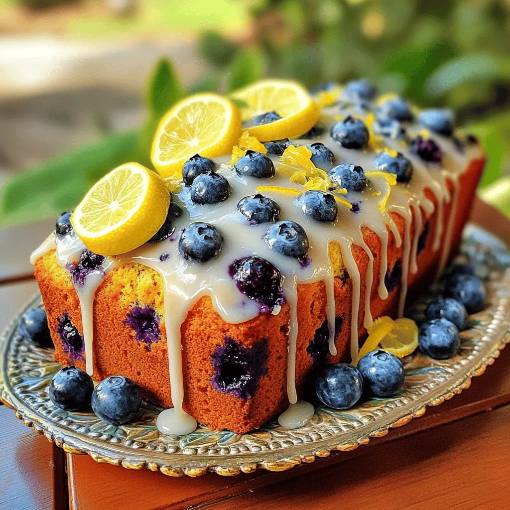 To make the lemon blueberry loaf, gather these ingredients: - 1 ½ cups all-purpose flour - 1 teaspoon baking powder - ½ teaspoon baking soda - ¼ teaspoon salt - ½ cup unsalted butter, at room temperature - ¾ cup granulated sugar - 2 large eggs, at room temperature - 1 teaspoon pure vanilla extract - 1 tablespoon fresh lemon zest - ½ cup fresh lemon juice - 1 ½ cups fresh blueberries (or frozen, if fresh are not available) For the glaze: - 1 cup powdered sugar - 2 tablespoons fresh lemon juice - 1 tablespoon fresh lemon zest Using fresh ingredients is key to a great lemon blueberry loaf. Fresh blueberries burst with flavor and moisture. You want each bite to taste bright and fruity. Fresh lemons add zing to your glaze. They also bring out the blueberries' sweetness. If you can, use fresh eggs and butter at room temperature. This helps create a smooth batter. Fresh ingredients make your loaf taste better and look more appealing. If you need to substitute, here are some ideas: - For gluten-free, use a 1:1 gluten-free flour blend. - If you don’t have unsalted butter, use salted butter. Just reduce the salt a bit. - You can replace granulated sugar with coconut sugar or honey. Adjust the other liquids if you use honey. - For a dairy-free option, try coconut oil or a dairy-free butter. - Substitute the blueberries with raspberries, strawberries, or blackberries for a fun twist. These swaps help keep the loaf tasty while meeting your needs. For the complete recipe, check the full recipe section. To start, gather your ingredients. Preheat your oven to 350°F (175°C). Grease a 9x5 inch loaf pan with butter and dust it with flour, or line it with parchment paper. This helps the loaf come out easily later. In a medium bowl, whisk together 1 ½ cups all-purpose flour, 1 teaspoon baking powder, ½ teaspoon baking soda, and ¼ teaspoon salt. This dry mix is essential for a good rise. Now, in a large bowl, cream together ½ cup unsalted butter and ¾ cup granulated sugar using an electric mixer. Mix until it’s light and fluffy, about 3 to 4 minutes. This step adds air to your batter, making it soft. Next, add 2 large eggs, one at a time. Beat well after each addition. Then, stir in 1 teaspoon pure vanilla extract, 1 tablespoon fresh lemon zest, and ½ cup fresh lemon juice. Mix until everything is well combined. Gradually add the dry mixture to the wet ingredients. Mix until just combined. Be careful not to overmix, as this can make the loaf dense. Finally, gently fold in 1 ½ cups of fresh blueberries using a spatula. Make sure they are evenly distributed without crushing them. Pour the batter into your prepared loaf pan. Smooth the top with a spatula for an even bake. Place it in your preheated oven and bake for 50 to 60 minutes. A toothpick inserted in the center should come out clean when it's done. While the loaf bakes, you can prepare for the glaze. In a small bowl, whisk together 1 cup powdered sugar, 2 tablespoons fresh lemon juice, and 1 tablespoon fresh lemon zest. Mix until it’s smooth and glossy. This glaze adds a sweet and tangy finish to your loaf. Once the loaf is done, let it cool in the pan for 10 minutes. Then, transfer it to a wire rack to cool completely. When it's cooled, drizzle the glaze over the top. Enjoy this delightful treat! For the full recipe, check the linked section. To make your lemon blueberry loaf moist, follow these tips: - Use room temperature ingredients. This helps with a smooth batter. - Don’t overmix the batter. Mix just until combined to keep it light. - Fold in the blueberries gently. This prevents them from breaking. - Check your oven temperature. An oven thermometer can help ensure it’s accurate. Here are some common pitfalls and how to avoid them: - Using cold eggs or butter. This can lead to a dense loaf. - Overbaking the loaf. Keep an eye on it towards the end of the time. - Not measuring flour correctly. Use the spoon-and-level method for accuracy. - Skipping the glaze. It adds a delicious shine and extra flavor. Present your lemon blueberry loaf beautifully and enjoy it in these ways: - Slice it thick and serve with a dollop of whipped cream. - Pair it with a cup of tea or coffee for a cozy treat. - Garnish with fresh blueberries and lemon slices for a pop of color. - Enjoy it as a breakfast, snack, or dessert! For the complete recipe, check out the Full Recipe section. {{image_4}} You can swap blueberries for other fruits. Raspberries, strawberries, or blackberries work well. Each fruit adds its own flavor. For a tropical twist, try diced pineapple or mango. Just make sure to adjust the sugar if the fruit is very sweet. To make this loaf vegan, replace eggs with flax eggs. Mix 1 tablespoon of ground flaxseed with 3 tablespoons of water. Let it sit for a few minutes to thicken. Use plant-based butter instead of regular butter. For the glaze, substitute powdered sugar with a vegan-friendly option. To make a gluten-free lemon blueberry loaf, use a gluten-free flour blend. Check that it contains xanthan gum to help with texture. Follow the same process as the original recipe. Your loaf will still be moist and delicious. To keep your lemon blueberry loaf fresh, let it cool completely. After cooling, wrap it tightly in plastic wrap. This keeps it moist and soft. You can also place it in an airtight container. Store it at room temperature for up to three days. If you want it to last longer, consider freezing it. To freeze your loaf, wrap it tightly in plastic wrap. Then, place it in a freezer-safe bag or container. Be sure to label it with the date. It will stay fresh for up to three months. When ready to eat, let it thaw in the fridge overnight. For a quick fix, you can also microwave individual slices for about 15 seconds. When stored properly, the lemon blueberry loaf lasts about three days at room temperature. In the fridge, it can last for about a week. Always check for signs of spoilage like mold or off smells before consuming. To maintain flavor, avoid cutting the loaf until you are ready to serve. This helps keep moisture in and prevents it from drying out. For the full recipe, make sure to check the ingredient section! Yes, you can use frozen blueberries in this recipe. They work well and save time. Just toss them in flour before adding to the batter. This helps them stay whole and not sink to the bottom. To boost the lemon flavor, add more lemon zest. You can also use lemon extract for extra punch. If you want a tangy glaze, mix in a bit more lemon juice to the powdered sugar. If you need a butter substitute, use coconut oil or vegetable oil. Applesauce is another great option for a lower-fat version. Adjust the amount to keep the loaf moist and tasty. Feel free to explore the Full Recipe for more details! This blog post covers everything you need for a delicious lemon blueberry loaf. We discussed the vital ingredients and how fresh options make a big difference. You learned step-by-step instructions for creating the perfect loaf and glaze. I shared tips for texture and common mistakes to avoid. Plus, we explored tasty variations and how to store your loaf for freshness. Remember, baking is fun, so don’t stress! You now have the skills to make a fantastic cake. Enjoy your baking journey!