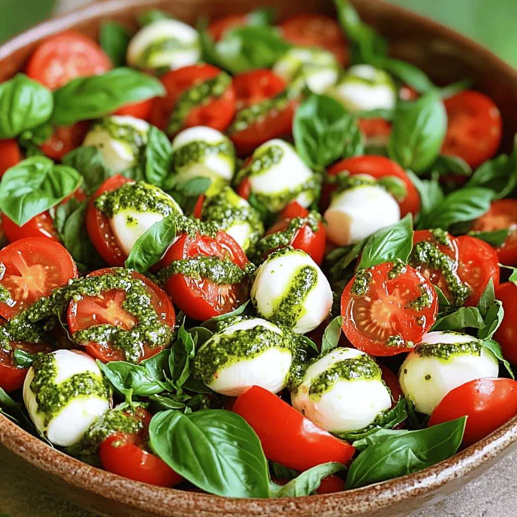 To make the 4 Ingredient Caprese Pesto Salad, you need just a few fresh items. These ingredients create a vibrant and tasty dish. Here’s what you’ll need: - 1 cup cherry tomatoes, halved - 8 oz fresh mozzarella balls (bocconcini) - 1 cup fresh basil leaves, packed - 1/4 cup basil pesto (store-bought or homemade) Each ingredient brings its own flavor. The sweet cherry tomatoes add a burst of juiciness. The fresh mozzarella gives a creamy texture that pairs well with the tomatoes. Basil leaves offer a fragrant herbal note that brightens the salad. Lastly, the basil pesto ties everything together, adding richness and depth. When gathering these ingredients, look for ripe tomatoes and high-quality mozzarella. If you can, make your own pesto. It’s simple and tastes amazing. You can find the full recipe while preparing these items. 1. In a spacious mixing bowl, start by adding the 1 cup of halved cherry tomatoes and 8 oz of fresh mozzarella balls. Choose bright and ripe tomatoes for the best taste. 2. Next, add 1 cup of fresh basil leaves to the bowl. Spread them evenly to give a nice herbal scent. 3. Now, pour in 1/4 cup of basil pesto. This will bring a rich flavor to the salad. Make sure to cover all the ingredients well. 4. Gently mix the salad using a soft hand. Be careful not to crush the mozzarella balls while you mix. 5. After mixing, taste the salad. If you want, adjust the seasoning with a pinch of salt or a bit of pepper. 6. Serve the salad right away for the best taste. If you prefer, let it chill in the fridge for about 15 minutes. This will help the flavors blend together nicely. For the complete recipe, refer to the Luscious Caprese Pesto Salad section above. To make your Caprese pesto salad shine, season it well. A pinch of salt or a sprinkle of pepper can elevate the taste. Taste your salad after mixing. Adjust the seasoning as needed for that perfect bite. Choosing ripe tomatoes is key for great flavor. Look for vibrant, juicy cherry tomatoes. They should feel firm yet slightly soft when you squeeze them. Their sweetness will balance the rich pesto and creamy mozzarella. Using high-quality pesto is also important. A fresh, flavorful pesto can make all the difference. If you can, try making your own or pick a good store-bought brand. A good pesto brings out the best in your salad. When serving your salad, use a large, shallow dish. This allows the colors to show off. You can also layer the ingredients for a lovely look. Garnishing adds visual appeal. A few fresh basil leaves on top make it pop. A light drizzle of olive oil can enhance the look and flavor. This small touch makes your salad feel gourmet. For the full recipe, check the Luscious Caprese Pesto Salad. Enjoy creating a dish that looks as good as it tastes! {{image_4}} You can play with this recipe by switching up the cheese. Try goat cheese for a tangy kick. Feta cheese also works well for a salty bite. You can even mix different cheeses for a fun twist. Adding more veggies can enhance the salad too. Diced cucumbers bring crunch and freshness. You can also add bell peppers or even avocado for creaminess. Each swap makes the salad new and exciting. If you want to try a homemade pesto, it’s easy to make. Blend fresh basil, garlic, nuts, and olive oil until smooth. This gives a fresh taste that store-bought jars can't match. Another option is to add a balsamic glaze for a sweet touch. Drizzle it on top for a nice contrast to the pesto. This adds a gourmet flair to the dish and makes it even more tasty. For the complete recipe, check out the Full Recipe. To keep your Caprese pesto salad fresh, store it in the fridge. Use an airtight container for best results. This salad will stay tasty for about 2 days. After that, the tomatoes may lose their crispness, and the flavors can fade. If you want the best taste, try to eat it within this time frame. Freezing this salad is not ideal. The fresh mozzarella and tomatoes do not freeze well. They become watery and lose their great texture. If you have leftovers, try to eat them cold the next day. If you must store, keep only the pesto and basil separate. You can save them for other dishes or salads. Just remember, the fresher the ingredients, the better the taste! For the full recipe, check out the Luscious Caprese Pesto Salad. Yes, you can make this salad ahead of time. It tastes even better after sitting for a while. Just mix all the ingredients and chill it in the fridge. I suggest serving it within a few hours for the best flavor. You can add many tasty ingredients to this salad. Try sliced olives for a briny kick. You could also toss in some arugula for a peppery bite. If you want a little crunch, add some toasted pine nuts. Feel free to get creative! To choose the best pesto, look for bright green color and rich aroma. If you can, use fresh basil pesto. It has a vibrant taste that really shines in this salad. If you buy it, select a brand with simple, natural ingredients. This salad is quick and easy to make. The total time is just 10 minutes. You can whip it up fast, making it perfect for busy days or unexpected guests. For the full recipe, check the details above. This blog post covered the fresh and tasty Luscious Caprese Pesto Salad. You learned about the key ingredients, simple preparation steps, and clever tips to enhance flavor and presentation. Variations help you get creative, while storage info keeps your salad fresh. Enjoy this salad as a quick meal or a dish to impress guests. With its vibrant colors and bold flavors, it’s sure to please. Keep experimenting, and make this salad your own!
