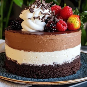 For this Triple Chocolate Mousse Cake, you need a mix of simple ingredients that create rich flavors. Let’s break it down into three main parts: the cake base, the mousse layers, and optional garnishes. - 1 cup all-purpose flour - 1 cup granulated sugar - 1/2 cup unsweetened cocoa powder - 1/2 teaspoon baking powder - 1/2 teaspoon baking soda - 1/4 teaspoon salt - 1/2 cup unsalted butter, melted - 2 large eggs - 1/2 cup whole milk - 1 teaspoon vanilla extract The cake base is rich and moist. It gives the whole dessert a solid foundation. The cocoa powder adds deep chocolate flavor. - 4 ounces dark chocolate (70% cocoa), chopped - 4 ounces milk chocolate, chopped - 4 ounces white chocolate, chopped - 3 cups heavy whipping cream - 3 tablespoons powdered sugar - 1 teaspoon vanilla extract Each mousse layer brings its own flavor and texture. The dark chocolate adds depth. The milk chocolate gives creaminess. The white chocolate adds sweetness. - Chocolate shavings or curls - Whipped cream - Fresh berries Garnishes add a fun touch. They make the cake look fancy and inviting. You can use chocolate shavings for a rich touch. Fresh berries add color and a fresh taste. For the full recipe, check out the detailed instructions on how to make this delicious cake! - Preheat your oven to 350°F (175°C). - Grease and flour a 9-inch round cake pan. - In one bowl, mix 1 cup all-purpose flour, 1 cup granulated sugar, 1/2 cup cocoa powder, 1/2 teaspoon baking powder, 1/2 teaspoon baking soda, and 1/4 teaspoon salt. - In another bowl, mix 1/2 cup melted butter, 2 eggs, 1/2 cup milk, and 1 teaspoon vanilla until smooth. - Slowly combine the wet and dry mixes. Be gentle; do not overmix. - Pour the batter into the prepared pan. Bake for 25-30 minutes. - Check with a toothpick. It should come out clean. Let the cake cool completely. - Melt 4 ounces of dark chocolate in a bowl over simmering water (double boiler). - In another bowl, whip 1 cup of cream until soft peaks form. - Add 1 tablespoon powdered sugar and 1 teaspoon vanilla to the cream. - Fold the whipped cream into the melted chocolate. Do this in stages. - Chill the dark chocolate mousse in the fridge while you prepare the next layer. - Repeat the melting method with 4 ounces of milk chocolate. - In a new bowl, whip another cup of cream until soft peaks form. - Gently fold the whipped cream into the melted milk chocolate. - Place this mousse in the fridge to set. - Melt 4 ounces of white chocolate using the same double boiler method. - For this layer, whip the last cup of cream with 2 tablespoons of powdered sugar until soft peaks form. - Fold this whipped cream into the melted white chocolate. Chill until you are ready to assemble. - After the cake cools, place it on a serving plate. - Start with the dark chocolate mousse, spreading it evenly on the cake. - Next, add the milk chocolate mousse layer. - Finally, top it off with the white chocolate mousse. - Cover and refrigerate for at least 4 hours, or overnight. This helps the mousse set well. - Before serving, decorate the cake with chocolate shavings, whipped cream, and fresh berries. - Slice the cake, and enjoy the rich flavors of this triple chocolate delight! You can find the complete recipe in the Full Recipe section. To create the best mousse, start with melting the chocolate correctly. Use a double boiler. This method gently heats the chocolate without burning it. Stir often until it is smooth. Next, whip the cream well. You want soft peaks, not stiff peaks. Soft peaks fold into the chocolate easily. If you over-whip, the mousse can become grainy. To check if the cake is done, use a toothpick. Insert it into the center. If it comes out clean, the cake is ready. If not, give it a few more minutes. Cooling is key. Let the cake cool in the pan for about 10 minutes. Then, transfer it to a wire rack. This helps prevent sogginess. Layering mousse takes some care. Start with the dark chocolate layer. Spread it evenly on the cooled cake. Then, follow with the milk chocolate layer. Finish with the white chocolate layer on top. Refrigerate the cake for at least 4 hours. This time allows the mousse layers to set properly. For best results, leave it in the fridge overnight. For a complete guide, check the Full Recipe. {{image_4}} You can switch up the chocolate in your mousse. Try using dark chocolate with different cocoa percentages. A higher percentage gives a richer taste. If you prefer a sweeter flavor, use milk chocolate instead. You can even use white chocolate for a lighter mousse. If you have dietary needs, vegan chocolate is a great choice. Many brands now offer vegan options that taste just as good. Look for dark chocolate made without dairy or milk. This way, everyone can enjoy this dessert. Want to make your mousse even better? Add some espresso or coffee! A small amount boosts the chocolate flavor. It gives depth and a hint of bitterness. You can also try flavors like peppermint or orange. Just add a little extract or zest to the mousse. These flavors add a fun twist to the cake. You can make individual servings of this mousse cake. Use small cups or jars for a fun dessert. Layer the mousse in each cup, starting with dark chocolate. Then add milk chocolate and white chocolate on top. It’s an easy way to serve guests. Layering in individual serving dishes also looks beautiful. You can make the dessert more personal this way. Plus, they are perfect for parties or special events. Enjoy the same rich taste in a fun new way! For the full recipe, check out the details above. To store leftovers, cover the cake tightly with plastic wrap. This keeps the mousse fresh and prevents it from absorbing other smells. You can also use an airtight container if you have one. The cake stays good in the fridge for up to 3 days. You can freeze the cake for later enjoyment. First, let it cool completely. Then, wrap the cake tightly in plastic wrap. For extra protection, add a layer of aluminum foil. The cake can stay frozen for up to 2 months. When you're ready to eat it, move the cake to the fridge for several hours to thaw. For the best texture, thaw it slowly in the fridge, not at room temperature. If you want to enjoy the cake warm, use a microwave. Heat a slice on low power for about 10-15 seconds. This method helps keep the mousse creamy and the flavors intact. Avoid using an oven, as it can dry out the cake. Enjoy your indulgent dessert delight! Yes, you can use store-bought cake. Choose a plain chocolate cake for the best flavor. This option saves time and is easy. Look for cakes that are moist and rich. You can also layer store-bought cake with mousse like in the full recipe. To check if the cake is done, insert a toothpick into the center. If it comes out clean, the cake is ready. If there’s wet batter, bake for a few more minutes. Keep an eye on the edges; they should pull away from the pan slightly. The mousse should set for at least 4 hours in the fridge. If you can, let it chill overnight for the best texture. This time allows the mousse to firm up nicely. The longer it sits, the better the layers blend together. Yes, you can make this cake in advance. Prepare the mousse layers and the cake base a day or two ahead. Store them separately in the fridge. Assemble the cake the day you plan to serve it. This keeps it fresh and tasty. Serve the cake chilled for the best taste. Slice it carefully to keep the layers intact. Top each piece with chocolate shavings or whipped cream. Fresh berries add color and flavor too. This cake looks great on any dessert table! In this post, we explored how to make a delicious Triple Chocolate Mousse Cake. We covered the key ingredients for the cake and mousse layers. We also shared tips for perfect texture and assembly. Remember, the right techniques lead to amazing results. Personalize with flavors or mini versions for variety. Enjoy every bite and impress your friends with your baking skills!