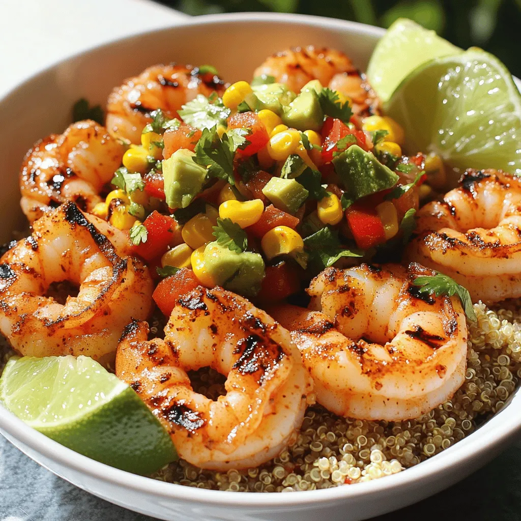 - 1 pound large shrimp, peeled and deveined - 1 ripe avocado, diced - 1 cup fresh corn kernels (cooked or grilled) - Olive oil and spices (smoked paprika, garlic powder, ground cumin) - Salt and freshly ground black pepper - 2 cups cooked quinoa or brown rice - 1 red bell pepper, diced - 1 small red onion, finely chopped - 1 jalapeño pepper, seeded and minced - Juice of 2 fresh limes I love using fresh ingredients for this grilled shrimp bowl. The shrimp are the star. They are sweet and tender when cooked just right. Avocado adds creaminess, while corn gives a pop of sweetness. For seasoning, I mix olive oil with smoked paprika, garlic powder, and cumin. These spices add depth and flavor. Don’t forget salt and black pepper to enhance everything. I like to use quinoa or brown rice as a base. They provide texture and nutrition. Together with the shrimp and salsa, they make a balanced meal. The additional veggies bring color to the bowl. Red bell pepper adds crunch. Red onion brings a mild bite. Jalapeño gives a slight kick, and lime juice brightens it all up. For the full recipe, check the list above. This bowl is not just tasty, it’s also fun to make! Start by taking a large bowl. Add the shrimp, olive oil, smoked paprika, garlic powder, ground cumin, and salt. Mix it all well. Use your hands or a spoon to coat the shrimp evenly. Let the shrimp marinate for 15-20 minutes. This step lets the flavors seep into the shrimp, making them tasty. In another medium bowl, mix together the fresh corn, diced avocado, red bell pepper, red onion, and jalapeño. Squeeze the juice of the limes over the mixture. Sprinkle in some salt and pepper to taste. Gently stir everything together, but be careful not to mash the avocado. Set this aside. The salsa will get better as it rests. Preheat your grill to medium-high heat. If you have skewers, thread the marinated shrimp onto them. You can also grill the shrimp directly on the grill. Cook the shrimp for about 2-3 minutes on each side. They should turn pink and opaque when done. Remove them from the grill when cooked. Grab your serving bowls. Start by adding a base layer of cooked quinoa or brown rice in each bowl. Next, layer the grilled shrimp on top. Finish with several spoonfuls of the colorful corn salsa. This creates a beautiful and delicious dish. Enjoy your grilled shrimp bowl right away! For a full recipe, check the Full Recipe section. To grill shrimp perfectly, heat the grill to medium-high. This is about 375°F to 450°F. A hot grill cooks shrimp fast, keeping them juicy. To stop shrimp from sticking, brush the grill grates with oil. You can also soak skewers in water if you use them. This helps prevent sticking too. When dicing an avocado, cut it in half, twist, and remove the pit. Use a knife to score the flesh into cubes. Then, scoop them out with a spoon. To stop browning, squeeze fresh lime juice over the diced avocado. This helps keep it green. For ripe avocados, look for ones that yield slightly when you press them. They should feel soft but not mushy. Add more fun to your bowl with toppings like sliced radishes or crumbled feta cheese. Fresh herbs like parsley or dill boost flavor too. For extra spice, try adding chili powder or cayenne pepper. A drizzle of your favorite sauce can add kick. These small changes can make your grilled shrimp bowl even more delightful. For the full recipe, check the section above. Enjoy your cooking! {{image_4}} You can switch shrimp for other proteins. Chicken works great; just grill it like shrimp. Tofu is another option. It soaks up flavors well. For seafood lovers, try scallops or firm fish like salmon. Both give a nice twist to your bowl. If you want a vegetarian bowl, skip the shrimp. Use cooked beans or chickpeas instead. These add protein and texture. You can also add extra veggies like zucchini or squash for more flavor. This way, you still get a hearty meal. Salsa can be more than corn salsa. Try a mango salsa for sweetness. Mix diced mango, red onion, and lime juice. Black bean salsa is another tasty choice. Use black beans, corn, and cilantro. Seasonal fruits like peaches or tomatoes can add freshness. Experiment with what you have for fun flavors. For the full recipe, check out the link provided. To keep your grilled shrimp and corn salsa fresh, follow these tips: - Shrimp: Store cooked shrimp in an airtight container. Use a shallow container to cool shrimp quickly. This helps prevent bacteria growth. - Corn Salsa: Place salsa in a separate container. Cover tightly with a lid or plastic wrap. This keeps the flavors intact and the ingredients crisp. When reheating shrimp and grains, keep them juicy and warm. Here’s how: - Shrimp: Use a skillet. Heat on low with a splash of water or broth. Stir gently to avoid drying out. - Grains: Microwave with a damp paper towel. This traps steam and keeps grains moist. - Salsa: Reheat salsa on low heat in a pan. Stir often to prevent it from burning. You can freeze cooked shrimp and salsa, but keep these points in mind: - Shrimp: Place cooled shrimp in a freezer-safe bag. Remove as much air as possible. This prevents freezer burn. - Salsa: Freeze salsa in a container or a freezer bag. Leave space for expansion as it freezes. - Thawing: To thaw, place shrimp and salsa in the fridge overnight. Reheat gently before serving. For the full recipe, check out the Grilled Shrimp Bowl with Avocado, Corn Salsa Delight. To grill shrimp perfectly, start with large, fresh shrimp. - Preheat your grill to medium-high heat for even cooking. - Marinate shrimp for 15-20 minutes to enhance flavor. - Use skewers or grill directly for best results. - Cook each side for 2-3 minutes until they turn pink and opaque. - Avoid overcooking, which can make shrimp tough. Grilling shrimp is simple. Just keep an eye on them! Yes, you can prepare corn salsa ahead of time. - Mix all the ingredients in a bowl. - Store it in an airtight container. - Keep it in the fridge for up to 24 hours. This makes meal prep easy! Just stir before serving to refresh the flavors. You can pair your grilled shrimp bowl with various side dishes. - Fresh green salad adds crunch and color. - Garlic bread is great for a hearty touch. - Chips and salsa make a fun appetizer. - For drinks, try a light beer or sparkling water. These sides enhance your meal and keep it fun! To keep avocado fresh, follow these tips: - Use lime juice right after cutting. It slows browning. - Store avocado with the pit in the dish if you can. - Cover it tightly with plastic wrap. This limits air exposure. These steps help your avocado stay bright and tasty! For the full recipe, check out the more detailed instructions provided above. This article covered how to make a delicious grilled shrimp bowl. You learned about fresh ingredients, marinating shrimp, and making corn salsa. I shared tips for grilling shrimp and choosing the best avocados. You can customize this dish by using various proteins and salsas. Remember, meal prep and storage are key for leftovers. Enjoy crafting your own tasty bowl!